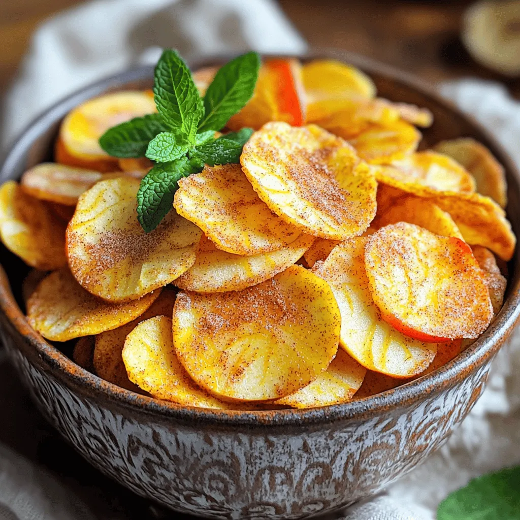 - 2 large apples (suggestions on varieties: Fuji, Granny Smith, Honeycrisp) - 1 teaspoon ground cinnamon - 1 tablespoon sugar (or coconut sugar for a healthier option) - Pinch of salt To make the best Air Fryer Cinnamon Apple Chips, you need just a few simple items. The apples are the star here. I love using Fuji, Granny Smith, or Honeycrisp. Each offers a unique taste that shines through after cooking. Next, you need ground cinnamon. This spice gives the chips a warm, sweet flavor. Sugar adds a touch of sweetness. You can use regular sugar or coconut sugar. Coconut sugar is a healthier choice if you want to cut back on refined sugar. Finally, a pinch of salt balances the flavors and enhances the sweetness. It’s a small but key ingredient. You can find all these ingredients easily at your local store. Having the right ingredients makes a big difference. Each one plays a role in creating that perfect crunchy snack. You won’t need anything fancy to make these chips. Just gather your items and get ready to enjoy a delicious treat! Preheat your air fryer to 300°F (150°C) for 3-5 minutes. This step is key for crispy results. A hot air fryer helps to make the apple chips crisp and crunchy. Start by washing 2 large apples. I like to use Fuji, Granny Smith, or Honeycrisp. Core the apples and slice them thinly, about 1/8 inch thick. A mandoline slicer works well for even slices. Thin slices help the chips cook evenly and become nice and crispy. In a bowl, mix 1 teaspoon of ground cinnamon, 1 tablespoon of sugar (or coconut sugar), and a pinch of salt. Lay the apple slices on a clean surface. Sprinkle the cinnamon-sugar mixture over the slices. Toss them gently to coat each piece evenly. This gives the chips great flavor. Place the apple slices in a single layer in the air fryer basket. You may need to cook them in batches. Air fry the slices for 15-18 minutes. Shake the basket halfway through. This step ensures even cooking and prevents burning. Keep an eye on them, as cooking times may vary. Once the chips are golden and crisp, remove them from the air fryer. Let them cool on a wire rack. This cooling process helps the chips become even crunchier. Enjoy your homemade apple chips as a tasty snack! When making apple chips, choose apples that are firm and crisp. Good options include: - Fuji - Granny Smith - Honeycrisp These apples have great flavor and texture. Fuji apples add natural sweetness. Granny Smith offers a tart bite. Honeycrisp gives a nice balance of both. To avoid burning your apple chips, check the air fryer often. Every air fryer cooks differently. Shake the basket halfway through cooking. This helps chips cook evenly. For slicing, aim for about 1/8 inch thick. A mandoline slicer works best for this. Thinner slices become crispier. Thicker slices may not cook well. You can add more than just cinnamon to your chips. Try using: - Nutmeg - Allspice - Ginger These spices give a new twist to your chips. If your apples are sweeter, consider using less sugar. If they are tart, you may want to add a bit more. This way, you can adjust the sweetness to your taste. {{image_2}} To make your apple chips even more exciting, try adding different spices. Vanilla, ginger, and nutmeg can add a nice twist. For a fun mix, slice in other fruits like pears or peaches. This way, you get a burst of flavors in every bite. If you want to cut back on sugar, substitute with coconut sugar or leave it out altogether. You can also try using a sugar-free sweetener like stevia. For a nutrient boost, sprinkle on some chia seeds or flaxseeds after cooking. These small changes can make your snack healthier while keeping it tasty. Pair your apple chips with yogurt or nut butter for a creamy contrast. You can also serve them at parties. Create a fun snack platter with dips like peanut butter or caramel. These ideas will impress your guests and make snacking even more enjoyable. To keep your apple chips fresh, store them in an airtight container. This helps prevent moisture from making them soft. Use glass jars or plastic containers with tight lids. Keep them in a cool, dry place away from sunlight. If you want to keep them even longer, you can place them in the fridge. You can freeze your apple chips for later snacking. First, let them cool completely. Then, place them in a single layer on a baking sheet. Freeze for about 1-2 hours until solid. After that, transfer them to a freezer bag. Push out as much air as you can before sealing. They will stay good for up to three months. For best quality, eat them within one month. To restore crispiness, reheat your apple chips in the air fryer. Set it to 350°F (175°C) for about 3-5 minutes. This brings back the crunch without overcooking. You can also use an oven. Preheat it to 350°F (175°C) and heat the chips for about 5-7 minutes. Keep an eye on them to avoid burning. Air fryer apple chips last about one week when stored correctly. To keep them fresh, place the chips in an airtight container. Store them in a cool, dry place. If you notice any moisture, they may not stay crisp. Yes, you can use other fruits in the air fryer. Fruits like pears, bananas, and peaches work well, too. Just slice them thinly, like the apples. Adjust the cooking time as needed. Some fruits may cook faster than apples. The best apple varieties for chips are Fuji, Granny Smith, and Honeycrisp. Fuji apples are sweet and crisp. Granny Smith apples offer a nice tartness. Honeycrisp apples have a great balance of sweet and tart flavors. Yes, you can make these chips without sugar. Try using cinnamon alone for flavor. If you want a little sweetness, consider using a sugar substitute like stevia or monk fruit. You can enjoy tasty chips with less sugar! Air fryer apple chips are simple and fun to make. You learned about the best apples, spices, and cooking tips. Remember to preheat your air fryer and slice your apples evenly. This way, you’ll get that perfect crunch. Don't hesitate to try different flavors and healthy swaps to make it your own. Enjoy your tasty snacks right away or store them for later. With the right care, they’ll remain fresh and delicious. Now, it’s time to gather your ingredients and start cooking!