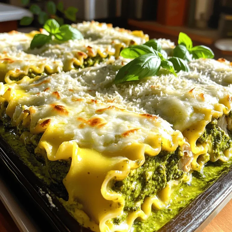 To make creamy pesto chicken lasagna roll-ups, gather these key items: - 8-10 lasagna noodles - 2 cups cooked chicken, shredded - 1 cup ricotta cheese - 1 cup mozzarella cheese, shredded - ½ cup grated Parmesan cheese - 1 cup pesto (store-bought or homemade) - 1 cup heavy cream - 2 cloves garlic, minced - Salt and pepper to taste - Fresh basil leaves for garnish You can add some extra flavors if you want: - Cherry tomatoes for sweetness - Spinach for added greens - Red pepper flakes for heat Choosing the right ingredients makes this dish shine. Here are some tips: - Chicken: Use rotisserie chicken for ease or cook your chicken fresh. Look for organic options if possible. - Cheese: Fresh mozzarella melts better than pre-shredded. Always check for the best dates on dairy. - Pesto: Homemade pesto can elevate the flavor. If using store-bought, choose one with natural ingredients and no preservatives. - Noodles: Look for high-quality lasagna noodles. Whole wheat options can be a healthy choice. - Basil: Fresh basil makes a big difference. Check for vibrant green leaves with no brown spots. These ingredients will help you create a delicious and satisfying meal. Happy cooking! Start by boiling water in a large pot. Add salt to the water for flavor. Once boiling, add 8-10 lasagna noodles. Cook them until they are al dente, usually about 8-10 minutes. Drain the noodles carefully and set them aside. In a mixing bowl, combine 2 cups of shredded chicken with 1 cup of ricotta cheese. Add ½ cup of mozzarella cheese, minced garlic, and half of the pesto. Mix well and season with salt and pepper to taste. This filling adds a creamy texture that pairs perfectly with the noodles. In another bowl, take the remaining pesto and blend it with 1 cup of heavy cream. Stir until it’s smooth and well combined. This creamy sauce will add richness to the roll-ups. Grab a clean surface, like a cutting board. Spread a thin layer of the creamy pesto sauce on it. Take a lasagna noodle and lay it flat. Spoon about 2 tablespoons of the chicken mixture onto the noodle. Roll it up gently, placing it seam-side down in a baking dish. Repeat this step for all noodles. Preheat your oven to 375°F (190°C). Once all the roll-ups are in the dish, pour the remaining creamy pesto sauce over them. Sprinkle the rest of the mozzarella and ½ cup of Parmesan cheese on top. Cover the dish with aluminum foil and bake for 25 minutes. Then, remove the foil and bake for an additional 15 minutes. The cheese should be bubbly and golden when done. Remove the dish from the oven, let it cool for a few minutes, and enjoy your delicious creamy pesto chicken lasagna roll-ups! Cooking lasagna noodles well makes a big difference. Start with a large pot of boiling, salted water. This helps the noodles cook evenly. Make sure to cook them just until they are al dente. This means they should be firm to the bite. Drain them gently and rinse with cold water to stop the cooking process. This step helps keep your roll-ups from getting mushy. Rolling lasagna can be tricky, but practice makes it easy. First, lay the cooked noodle flat on a clean surface. Use a spoon to place about 2 tablespoons of the chicken filling at one end. Start rolling gently but tightly. Keep the filling inside the noodle as you roll. Once rolled, place the seam side down in the baking dish. This helps keep everything together while baking. Soggy roll-ups are a common problem, but you can avoid this. Use less sauce when assembling the roll-ups. Spread a thin layer of creamy pesto sauce on the bottom of the dish too. This keeps moisture at bay. Also, make sure your noodles are drained well. If they are too wet, they can make your roll-ups soggy. Finally, bake them covered for the first part, then uncover to let the top crisp up. {{image_2}} You can mix things up with different ingredients. For instance, try using spinach instead of chicken for a tasty twist. Swap ricotta for cottage cheese for a lighter option. You can also use different cheeses like cheddar or gouda. These swaps keep it fun and fresh while still being delicious. Love vegetables? You can make this dish vegetarian easily. Replace the chicken with roasted vegetables like zucchini, bell peppers, or mushrooms. Add some spinach to the filling for extra flavor and nutrients. Use a vegan pesto, and swap dairy cheese for plant-based cheese. Your veggie lasagna roll-ups will still be creamy and satisfying. Want to cut carbs? Instead of lasagna noodles, use thin slices of zucchini or eggplant. These veggie slices make great substitutes. You can also skip the pasta completely and just layer the filling and sauce in a baking dish. This way, you keep the taste you love while staying low in carbs. To keep your leftover roll-ups fresh, place them in an airtight container. Make sure they cool completely before sealing. Store them in the fridge for up to three days. If you have extra sauce, keep it in a separate container. This helps keep the noodles from getting too soggy. You can freeze the roll-ups if you want to save some for later. First, let them cool down. Then, wrap each roll-up in plastic wrap. Place the wrapped roll-ups in a freezer-safe bag or container. They will last for up to three months. When you’re ready to eat, thaw them in the fridge overnight. To reheat your roll-ups, preheat the oven to 350°F (175°C). Place the roll-ups in a baking dish. Pour a little bit of sauce on top to keep them moist. Cover with foil to prevent drying out. Bake for about 20 minutes. Check if they are hot all the way through before serving. Enjoy them just like when they were first made! Yes, you can use store-bought pesto for this recipe. It saves time and is tasty. Just make sure to pick a brand with fresh ingredients. A good-quality pesto enhances the flavors in the roll-ups. You can also make your own for more fun! The roll-ups take about 40 minutes to bake. Cover them with foil for the first 25 minutes. Then, remove the foil and bake for another 15 minutes. This helps the cheese melt and turn golden. You want that bubbly, cheesy goodness! Absolutely! You can prepare the roll-ups a day in advance. Just assemble them and cover tightly. Store them in the fridge until you are ready to bake. This makes dinner easy the next day. Just add extra bake time if they are cold. These roll-ups pair well with a fresh salad. A simple green salad with vinaigrette adds a nice crunch. Garlic bread is another great choice for dipping. You could also serve some steamed veggies for a colorful plate. Enjoy your meal! In this blog post, I covered how to make creamy pesto chicken lasagna roll-ups. We talked about the key ingredients needed and some useful tips for choosing quality ones. I also shared steps for preparing the noodles, filling, and sauce. You learned the best practices for rolling and avoiding soggy roll-ups. Incorporating variations keeps the dish fun and fresh. Lastly, proper storage keeps leftovers tasty. Enjoy making your lasagna roll-ups and get creative!