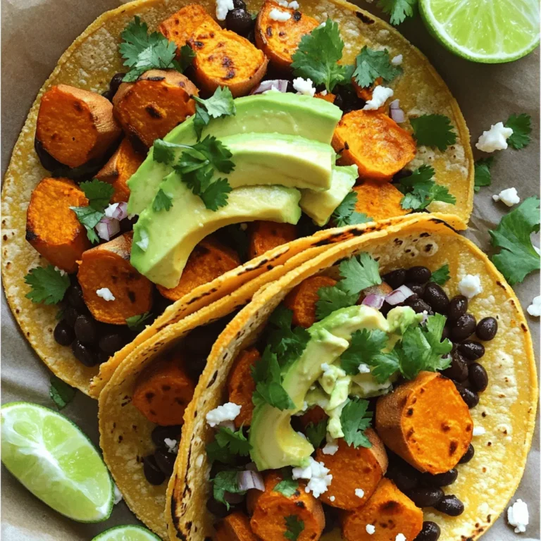 - 2 large sweet potatoes, peeled and diced - 1 can (15 oz) black beans, rinsed and drained - 1 tablespoon olive oil - 1 teaspoon cumin - 1 teaspoon smoked paprika - 1/2 teaspoon garlic powder - Salt and pepper to taste - 8 small corn tortillas - 1 avocado, sliced - 1/4 cup fresh cilantro, chopped - 1 lime, cut into wedges - Optional toppings: diced red onion, crumbled feta cheese, hot sauce Gathering fresh ingredients makes a big difference in flavor. Sweet potatoes are the star here. Their natural sweetness and creamy texture make them a perfect taco filling. Black beans add protein and fiber, making your meal hearty. Using spices like cumin and smoked paprika enhances the sweet potatoes. These spices add warmth and depth to each bite. Garlic powder gives a nice kick, too. It’s essential to season well with salt and pepper. Corn tortillas are classic for tacos. They hold the filling well and add a tasty crunch when toasted. Avocado adds creaminess, and cilantro adds freshness. Lime juice brightens up the entire dish. Feel free to customize with optional toppings. Sliced red onion adds crunch, crumbled feta cheese brings creaminess, and hot sauce adds heat. Each ingredient plays a role in making these tacos a flavorful treat. - Preheat the oven to 400°F (200°C). - Dice the sweet potatoes into small pieces and place them in a bowl. - Add olive oil, cumin, smoked paprika, garlic powder, salt, and pepper. - Toss everything together until the sweet potatoes are coated evenly. - Spread the sweet potato mixture onto a baking sheet. - Make sure they are in a single layer for even cooking. - Roast for 25-30 minutes. Stir halfway through to ensure crispiness. - While the sweet potatoes roast, heat the black beans in a small saucepan. - Warm them over medium heat until heated through. - In a dry skillet, toast the corn tortillas for about 30 seconds on each side. - To assemble, place roasted sweet potatoes and black beans on each tortilla. - Add avocado slices, cilantro, and any extra toppings you like. - Finish with a squeeze of fresh lime juice for a zesty kick. To get the best crispy sweet potatoes, roast them at 400°F (200°C). This temperature helps the outside crisp up while keeping the inside soft. Toss the sweet potatoes halfway through cooking. This step makes sure all sides get nice and crunchy. If you skip this, some pieces may burn, while others stay soft. For more flavor, you can adjust the seasonings. Try adding more cumin or smoked paprika. Fresh ingredients also boost taste. Use ripe avocados and fresh cilantro for the best result. These small changes can make your tacos pop with flavor. Pair these tacos with a fresh salad or a side of rice. A cold drink, like sparkling water or a light beer, works well too. For presentation, stack the tacos on a colorful plate. Add lime wedges and extra toppings on the side for a fun touch. This not only looks good but allows everyone to customize their tacos! {{image_2}} For a tasty vegan twist, you can swap the black beans for lentils. Lentils add fiber and protein. You can also mix in quinoa for extra texture. If you want to add creaminess, use cashew cream instead of dairy. It’s rich and smooth, perfect for topping your tacos. For a fun crunch, try adding crispy chickpeas. To spice things up, you can add chili powder or cayenne pepper to the sweet potatoes. This will give your tacos a nice kick. You can also drizzle your favorite hot sauce over the top. For a different taste, add bell peppers or corn while roasting. These will bring new flavors and colors to your dish. If you want a twist, make a taco salad. Use a bowl instead of tortillas. Layer the sweet potatoes and beans over greens. Top with all your favorite toppings. You can also try whole wheat or flour tortillas. Each type brings its unique flavor and texture. Mix and match to find what you love best! To keep your sweet potato and black bean tacos fresh, store them in an airtight container. You can keep them in the fridge for up to three days. If you want to keep them longer, consider freezing them. Wrap each taco in plastic wrap and place them in a freezer bag. This will help maintain their taste and texture. When it's time to eat your leftovers, you want them crispy again. To do this, heat a skillet over medium heat. Place the tacos in the skillet and warm them for about three minutes on each side. This method helps keep the tortillas crispy. For the sweet potatoes and beans, you can also reheat them in the oven. Spread them on a baking sheet and heat at 350°F (175°C) for about 10 minutes. To make cooking easier, you can prep ingredients ahead of time. Peel and dice sweet potatoes a day before. Store them in water in the fridge to prevent browning. You can also cook black beans in advance and keep them in the fridge for up to five days. If you want to freeze, place sweet potatoes and beans in separate containers. You can also freeze assembled tacos, but they may lose some crunch. Just be sure to eat them within three months for the best taste. Yes, you can make these tacos gluten-free! Use corn tortillas instead of flour tortillas. Many brands offer gluten-free options. Look for ones made from 100% corn. You can also try almond flour or cassava flour tortillas. To add some heat, you can use hot sauce as a topping. Try adding diced jalapeños for a fresh kick. You can also sprinkle in some chili powder or cayenne pepper when roasting the sweet potatoes. For a smoky flavor, chipotle powder works well too. Absolutely! You can swap black beans for pinto beans or kidney beans. Chickpeas also make a tasty choice. If you want a creamy texture, try refried beans. Each option brings its own flavor and texture to the tacos. To bulk up these tacos, add some cooked quinoa or brown rice. You can also include grilled veggies like bell peppers or zucchini. For added protein, toss in some shredded chicken or tofu. Adding cheese can make them richer too. These sweet potato and black bean tacos are simple and tasty. We covered the key ingredients, step-by-step preparation, and storage tips. You can create many variations to suit your taste. Remember to use fresh items for better flavor. Get creative with toppings and feel free to adjust the spice level. Enjoy making these satisfying tacos for your next meal or gathering. They are sure to impress everyone around the table.