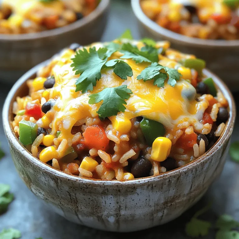 - 1 cup long-grain rice - 1 can (15 oz) black beans, drained and rinsed - 1 can (14.5 oz) diced tomatoes with green chilies - 1 cup corn kernels (fresh, frozen, or canned) - 1 bell pepper (any color), diced - 1 small onion, chopped - 2 cloves garlic, minced - 1 teaspoon cumin - 1 teaspoon chili powder - 1/2 teaspoon smoked paprika - 2 cups vegetable broth - 1 tablespoon olive oil - 1 cup shredded cheese (cheddar or Mexican blend) - Chopped fresh cilantro for garnish Gather these ingredients for a meal that is tasty and easy to make. Each one plays a key role in adding flavor and texture. The long-grain rice acts as the base, soaking up all the great tastes. Black beans add protein and fiber, making this dish filling. Diced tomatoes with green chilies bring a nice kick and freshness. Corn adds a sweet crunch. The vegetables are just as important. A bell pepper adds color and sweetness. Onion gives great depth, while garlic brings in a strong, savory note. The spices and broth tie everything together. Cumin and chili powder add warmth and earthiness. Smoked paprika gives a rich, smoky flavor. The vegetable broth enhances the overall taste, lending moisture and richness to the dish. Lastly, don’t forget the garnishes! Cheese melts into a gooey layer on top. Fresh cilantro adds a burst of brightness, making every bite enjoyable. Each ingredient works together to create a delicious, one-pot meal that your family will love. First, heat the olive oil in a large pot over medium heat. Once the oil is hot, add the chopped onion and diced bell pepper. Sauté these for about 5 minutes. You want them to soften nicely. Next, add the minced garlic, cumin, chili powder, and smoked paprika. Stir this mixture for 1-2 minutes. This step helps the spices release their full flavors. Now, it's time to add the rice. Pour in 1 cup of long-grain rice and stir well. This coats the rice with the spices and oil. Allow the rice to toast for about 2 minutes. It will gain a nice, nutty flavor. After toasting, add the vegetable broth, diced tomatoes with green chilies, black beans, and corn. Don’t forget to season with salt and pepper. Stir everything together until combined. Bring the mixture to a boil. Once it starts boiling, reduce the heat to low and cover the pot. Let it simmer for 20-25 minutes. The rice should cook and absorb most of the liquid. After this, remove the pot from heat and sprinkle the shredded cheese on top. Cover the pot again for about 5 minutes to let the cheese melt. Finally, give the casserole a gentle stir to mix everything. You can garnish with chopped fresh cilantro before serving. - For perfect rice, rinse it before cooking. This removes excess starch. - Use a large pot to ensure even cooking and prevent sticking. - Adjust the broth based on your rice type; brown rice needs more liquid. - Taste as you cook. Add salt, pepper, or spices to fit your palate. - Serve directly from the pot for a cozy feel. - Use bowls for individual servings. Add a sprinkle of cilantro. - Top with a dollop of sour cream or slices of avocado. - Serve with tortilla chips on the side for crunch. - Avoid overcooking the rice. Check for doneness at 20 minutes. - Don't skip the seasoning. It brings the dish to life. - Stir gently when mixing in cheese. This keeps it creamy. - Ensure you cover the pot while simmering. This traps steam and cooks the rice evenly. {{image_2}} You can mix things up with different beans. Try pinto or kidney beans. They add new flavors and textures. If you want to change the base, substitute quinoa for rice. Quinoa cooks fast and packs a protein punch. Just make sure to adjust the liquid. Use less broth when cooking quinoa. Do you like heat? Add jalapeños for a spicy kick. Dice them up and mix them in with the onions. If you want a milder dish, skip the jalapeños. You can also play with spice blends. Try taco seasoning or a pinch of cayenne. This lets you control the heat. You can easily make this dish vegan by skipping the cheese. Use a plant-based cheese or leave it out. For a gluten-free option, check your broth. Make sure it is gluten-free. This way, everyone can enjoy your meal. To keep your One-Pot Mexican Rice Casserole fresh, store any leftovers in the fridge. Place them in an airtight container. This helps keep the casserole moist and tasty. Make sure to cool it down first before sealing. Leftovers can last about three to four days in the fridge. When it’s time to enjoy your casserole again, you have a few good options. You can use the microwave or stove. For the microwave, put your portion in a bowl and cover it with a damp paper towel. Heat for about 2-3 minutes. For the stove, place the casserole in a pot over low heat. Stir often and heat until warm. To keep the texture nice, add a splash of broth if needed. If you want to save some for later, freezing works great. Let the casserole cool completely first. Then, transfer it to a freezer-safe container or bag. Make sure to remove as much air as possible. This helps prevent freezer burn. You can freeze it for up to three months. When you’re ready to eat, take it out and thaw it in the fridge overnight. Reheat it in the oven or microwave until hot all the way through. You can serve this dish with a variety of sides. Here are some ideas: - Guacamole: Creamy and fresh, it adds great flavor. - Sour cream: A dollop on top can cool the spice. - Tortilla chips: Crunchy chips make a fun contrast. - Fresh salad: A light salad with lime dressing is refreshing. - Mexican corn on the cob: A sweet side that pairs well. Yes, you can prepare this casserole ahead. Here’s how: - Cook and cool: Make the casserole and let it cool completely. - Store it: Place it in a covered dish in the fridge. - Reheat: When you're ready, reheat it in the oven. Cover it with foil to keep it moist. Leftover casserole can last for about 3 to 4 days in the fridge. Here are some tips: - Check for freshness: Always look for any signs of spoilage. - Store properly: Use airtight containers to keep it fresh. - Freeze for longer: You can freeze it for up to 3 months. Just thaw before reheating. This blog post covered making a tasty One-Pot Mexican Rice Casserole. We explored ingredients like rice, beans, spices, and veggies. You learned step-by-step instructions for preparation, cooking, and garnishing. I shared helpful tips for cooking, presentation, and common mistakes to avoid. We also discussed variations, storage methods, and addressed common questions. Now you can create a delicious casserole that fits your taste. Enjoy trying different ingredients and make it your own!