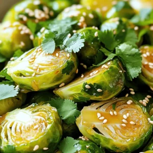 - 1 pound Brussels sprouts, trimmed and halved - 2 tablespoons fresh ginger, minced - 3 tablespoons low sodium soy sauce - 2 tablespoons honey or maple syrup - 1 tablespoon sesame oil - 1 tablespoon rice vinegar - 2 cloves garlic, minced - 1 teaspoon red pepper flakes (optional) - 2 tablespoons toasted sesame seeds - Fresh cilantro or green onions Gathering these ingredients is the first step to making this dish shine. Brussels sprouts bring a nice crunch and earthiness. Fresh ginger adds a zing that awakens the taste buds. Low sodium soy sauce gives a savory touch without being too salty. Honey or maple syrup balances the flavors with sweetness. You can also add sesame oil for a nutty aroma. Rice vinegar brightens the dish with a hint of acidity. Minced garlic brings depth to the flavor. If you like heat, red pepper flakes can be included for a spicy kick. For garnishing, toasted sesame seeds add a delightful crunch. Fresh cilantro or green onions give a pop of color and freshness. Each ingredient plays a role in creating a delightful dish that is sure to impress. - Preheat oven to 400°F (200°C). - In a large bowl, combine the halved Brussels sprouts, minced ginger, and minced garlic. - Add soy sauce, honey or maple syrup, sesame oil, rice vinegar, and red pepper flakes if you like spice. - Mix well until the Brussels sprouts are covered in the marinade. - Spread the Brussels sprouts mixture onto a baking sheet in a single layer. - Roast for 20-25 minutes and toss halfway through cooking. This helps them brown evenly. - Once done, drizzle a little more soy sauce over the top if you want. - Transfer to a serving dish and sprinkle with toasted sesame seeds. - Garnish with fresh cilantro or green onions for extra flavor and color. - Use a large baking sheet for even roasting. - Toss sprouts halfway for even caramelization. When you roast Brussels sprouts, a large baking sheet helps them cook evenly. This way, they all get that nice, crispy edge. Tossing them halfway through roasting lets each sprout brown well. You want them tender yet crisp. - Experiment with different sauces or sweeteners. - Adjust spice level with red pepper flakes. To make this dish your own, try other sauces. Teriyaki or hoisin can add a fun twist. If you want a sweeter taste, swap honey for maple syrup. You can also change up the spice. Red pepper flakes add heat, but you can use less or none if you prefer. - Use fresh herbs for color and flavor. - Add extra sesame seeds for crunch. For a beautiful plate, top your sprouts with fresh herbs. Cilantro or green onions work great. They add a pop of color and taste. Don’t forget the sesame seeds! They give crunch and make your dish look fancy. {{image_2}} For a vegan twist, you can swap honey with maple syrup. This change keeps the dish sweet and tasty while being plant-based. Maple syrup gives a rich flavor that pairs well with the ginger and soy. You won’t miss the honey; trust me. If you love heat, try adding more red pepper flakes. You can also drizzle some sriracha on top. This will give your Brussels sprouts a fiery kick. Adjust the spice to your liking. You can start with a little and add more as you taste. Feel free to get creative with add-ins. You can toss in nuts like cashews or almonds for a nice crunch. Adding bell peppers brings sweetness and color. Other veggies like carrots or snow peas can work too. Mix and match to find your favorite combo! To store leftover Brussels sprouts, let them cool first. Place them in an airtight container. This helps keep them fresh. I often use glass containers, but plastic works too. Store them in the fridge for up to three days. This way, you can enjoy them later without losing flavor. To reheat your Brussels sprouts, you can use the oven or the stovetop. For the oven, set it to 350°F (175°C). Spread the sprouts on a baking sheet. Heat for about 10 minutes until warm. For stovetop, use a pan over medium heat. Stir them gently for about five minutes. This keeps them crispy. Avoid microwaving, as it may make them soggy. You can freeze cooked Brussels sprouts if you want to store them longer. Let them cool completely. Place them in a freezer-safe bag or container. Remove as much air as possible. They can last for up to three months. When you want to eat them, thaw overnight in the fridge. Reheat them using the methods above for the best texture. Brussels sprouts last about 3 to 5 days in the fridge. Store them in a bag or container with air holes. This keeps them fresh longer. If you notice any yellow or brown leaves, just remove them. They are still good if the rest looks fine. Yes, you can make Ginger Soy Glazed Brussels Sprouts ahead of time. Cook them and let them cool. Store in an airtight container in the fridge for up to 3 days. Reheat them in the oven for the best taste. You can also warm them in a pan on the stove. Ginger Soy Glazed Brussels Sprouts pair well with many dishes. Here are some ideas: - Grilled chicken or fish for added protein - Quinoa or rice for a hearty grain - A fresh salad for a light touch - Stir-fried tofu for a vegan option These pairings make your meal balanced and full of flavor. Enjoy the mix! In this post, you learned how to make Ginger Soy Glazed Brussels Sprouts. We covered essential ingredients, simple steps, and expert tips for the best flavor. Feel free to try different variations to suit your taste. Remember to store leftovers properly to enjoy later. This dish makes a great side for many meals. With its mix of sweet, savory, and spicy, it’s sure to impress. Enjoy creating this tasty, healthy dish that friends and family will love!