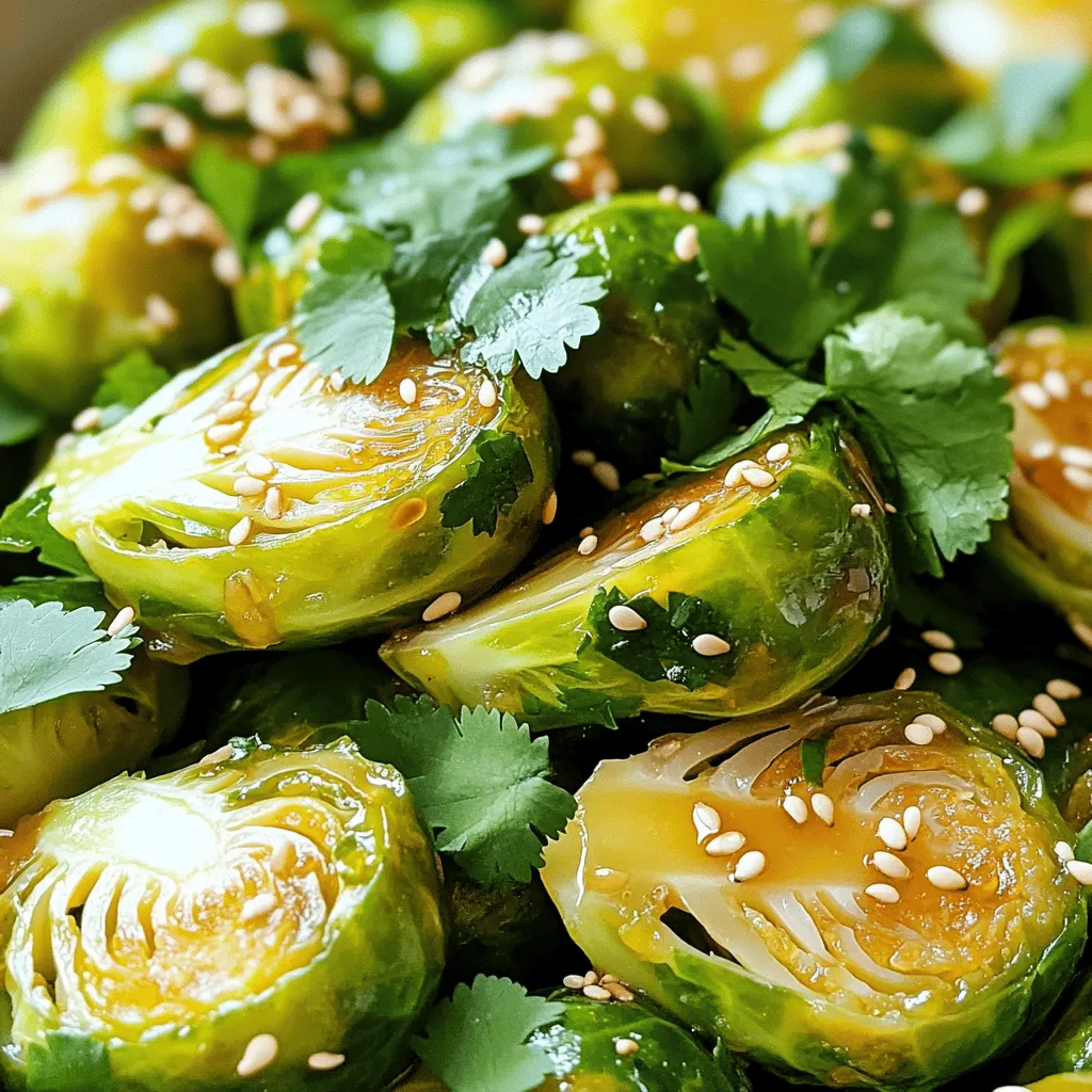 - 1 pound Brussels sprouts, trimmed and halved - 2 tablespoons fresh ginger, minced - 3 tablespoons low sodium soy sauce - 2 tablespoons honey or maple syrup - 1 tablespoon sesame oil - 1 tablespoon rice vinegar - 2 cloves garlic, minced - 1 teaspoon red pepper flakes (optional) - 2 tablespoons toasted sesame seeds - Fresh cilantro or green onions Gathering these ingredients is the first step to making this dish shine. Brussels sprouts bring a nice crunch and earthiness. Fresh ginger adds a zing that awakens the taste buds. Low sodium soy sauce gives a savory touch without being too salty. Honey or maple syrup balances the flavors with sweetness. You can also add sesame oil for a nutty aroma. Rice vinegar brightens the dish with a hint of acidity. Minced garlic brings depth to the flavor. If you like heat, red pepper flakes can be included for a spicy kick. For garnishing, toasted sesame seeds add a delightful crunch. Fresh cilantro or green onions give a pop of color and freshness. Each ingredient plays a role in creating a delightful dish that is sure to impress. - Preheat oven to 400°F (200°C). - In a large bowl, combine the halved Brussels sprouts, minced ginger, and minced garlic. - Add soy sauce, honey or maple syrup, sesame oil, rice vinegar, and red pepper flakes if you like spice. - Mix well until the Brussels sprouts are covered in the marinade. - Spread the Brussels sprouts mixture onto a baking sheet in a single layer. - Roast for 20-25 minutes and toss halfway through cooking. This helps them brown evenly. - Once done, drizzle a little more soy sauce over the top if you want. - Transfer to a serving dish and sprinkle with toasted sesame seeds. - Garnish with fresh cilantro or green onions for extra flavor and color. - Use a large baking sheet for even roasting. - Toss sprouts halfway for even caramelization. When you roast Brussels sprouts, a large baking sheet helps them cook evenly. This way, they all get that nice, crispy edge. Tossing them halfway through roasting lets each sprout brown well. You want them tender yet crisp. - Experiment with different sauces or sweeteners. - Adjust spice level with red pepper flakes. To make this dish your own, try other sauces. Teriyaki or hoisin can add a fun twist. If you want a sweeter taste, swap honey for maple syrup. You can also change up the spice. Red pepper flakes add heat, but you can use less or none if you prefer. - Use fresh herbs for color and flavor. - Add extra sesame seeds for crunch. For a beautiful plate, top your sprouts with fresh herbs. Cilantro or green onions work great. They add a pop of color and taste. Don’t forget the sesame seeds! They give crunch and make your dish look fancy. {{image_2}} For a vegan twist, you can swap honey with maple syrup. This change keeps the dish sweet and tasty while being plant-based. Maple syrup gives a rich flavor that pairs well with the ginger and soy. You won’t miss the honey; trust me. If you love heat, try adding more red pepper flakes. You can also drizzle some sriracha on top. This will give your Brussels sprouts a fiery kick. Adjust the spice to your liking. You can start with a little and add more as you taste. Feel free to get creative with add-ins. You can toss in nuts like cashews or almonds for a nice crunch. Adding bell peppers brings sweetness and color. Other veggies like carrots or snow peas can work too. Mix and match to find your favorite combo! To store leftover Brussels sprouts, let them cool first. Place them in an airtight container. This helps keep them fresh. I often use glass containers, but plastic works too. Store them in the fridge for up to three days. This way, you can enjoy them later without losing flavor. To reheat your Brussels sprouts, you can use the oven or the stovetop. For the oven, set it to 350°F (175°C). Spread the sprouts on a baking sheet. Heat for about 10 minutes until warm. For stovetop, use a pan over medium heat. Stir them gently for about five minutes. This keeps them crispy. Avoid microwaving, as it may make them soggy. You can freeze cooked Brussels sprouts if you want to store them longer. Let them cool completely. Place them in a freezer-safe bag or container. Remove as much air as possible. They can last for up to three months. When you want to eat them, thaw overnight in the fridge. Reheat them using the methods above for the best texture. Brussels sprouts last about 3 to 5 days in the fridge. Store them in a bag or container with air holes. This keeps them fresh longer. If you notice any yellow or brown leaves, just remove them. They are still good if the rest looks fine. Yes, you can make Ginger Soy Glazed Brussels Sprouts ahead of time. Cook them and let them cool. Store in an airtight container in the fridge for up to 3 days. Reheat them in the oven for the best taste. You can also warm them in a pan on the stove. Ginger Soy Glazed Brussels Sprouts pair well with many dishes. Here are some ideas: - Grilled chicken or fish for added protein - Quinoa or rice for a hearty grain - A fresh salad for a light touch - Stir-fried tofu for a vegan option These pairings make your meal balanced and full of flavor. Enjoy the mix! In this post, you learned how to make Ginger Soy Glazed Brussels Sprouts. We covered essential ingredients, simple steps, and expert tips for the best flavor. Feel free to try different variations to suit your taste. Remember to store leftovers properly to enjoy later. This dish makes a great side for many meals. With its mix of sweet, savory, and spicy, it’s sure to impress. Enjoy creating this tasty, healthy dish that friends and family will love!