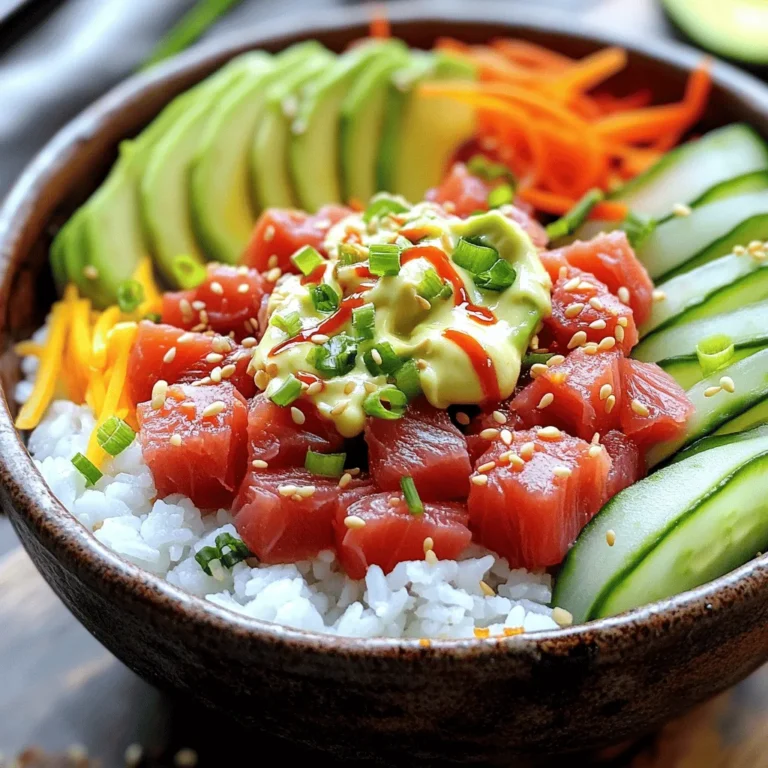 - 1 cup sushi rice - 8 ounces sushi-grade tuna, diced - 1 avocado, sliced - 1 cucumber, thinly sliced - 1 carrot, julienned - 2 green onions, sliced - 1 tablespoon rice vinegar - 1 teaspoon sugar - ¼ teaspoon salt - 2 tablespoons mayonnaise (preferably Kewpie) - 1 tablespoon sriracha (adjust for desired spiciness) - 1 tablespoon sesame seeds - 1 sheet nori, cut into small squares - Soy sauce (for drizzling) Sushi rice is the base of this dish. It has a sticky texture that helps hold the bowl together. Sushi-grade tuna is key for flavor and safety. Fresh, high-quality fish makes a big difference. For veggies, I like using avocado, cucumber, and carrot. They add color and crunch. Green onions give a nice touch of flavor. The rice vinegar mixture adds a bright taste. Sugar and salt balance the tartness. Mayonnaise and sriracha mix together to make a creamy, spicy sauce. You can adjust the sriracha to match your spice level. Optional garnishes like sesame seeds and nori squares make your bowl pop. They add fun textures and flavors. Drizzling soy sauce enhances the taste even more. This combination of ingredients creates a fresh and tasty meal. Each bite brings layers of flavor, from creamy to spicy, and crunchy to savory. To make sushi rice, start by rinsing it under cold water. Rinse until the water runs clear. This step removes excess starch. Once rinsed, place the rice in a medium saucepan with 1 ¼ cups of water. Bring it to a boil over medium heat. Then, cover the pan and lower the heat to cook for 18-20 minutes. The rice will be tender and the water will be gone. After cooking, let the rice steam for 10 minutes with the lid on. Next, season the rice. In a small bowl, mix rice vinegar, sugar, and salt. Stir until the sugar and salt dissolve. Transfer the cooked rice to a large bowl. Gently fold in the vinegar mixture using a spatula. Allow the rice to cool to room temperature. This gives the rice its perfect sushi texture. Now, let’s make the spicy tuna mixture. In a separate bowl, take 8 ounces of diced sushi-grade tuna. Add 2 tablespoons of mayonnaise and 1 tablespoon of sriracha. Mix gently to coat the tuna evenly. You can adjust the sriracha for your spice level. This mixture adds a creamy and spicy kick to your bowl. It’s time to assemble your sushi bowls! Start by dividing the seasoned sushi rice into serving bowls. Top each bowl with the spicy tuna mixture. Next, add sliced avocado, thinly sliced cucumber, and julienned carrot. These fresh toppings add color and flavor. For the finishing touch, sprinkle sliced green onions and sesame seeds on top. You can also add small squares of nori for garnish. Drizzle some soy sauce over the bowls for extra flavor. Make sure to arrange the toppings nicely. A colorful display makes the dish even more inviting! To make great sushi rice, texture is key. You want it sticky but not mushy. Rinsing the rice is a must. It removes excess starch, which helps the rice clump together nicely. Rinse it under cold water until the water runs clear. This step ensures a better texture once cooked. 1. Combine 1 cup of rinsed sushi rice with 1 ¼ cups of water. 2. Bring it to a boil, then lower the heat and cover it. 3. Cook for 18-20 minutes until the rice absorbs all the water. 4. Let it steam for 10 minutes off the heat. This method gives you fluffy rice, perfect for sushi bowls. Want to customize the heat? It’s easy to adjust the spiciness in your tuna. Start with 1 tablespoon of sriracha. Mix it with the tuna and mayonnaise. Taste it, and add more sriracha if you like it hotter. If you want alternatives to sriracha, try gochujang or chili oil. Both add a unique kick while changing the flavor profile. You can also skip the heat altogether and use a mild mayo for a creamier option. To make your sushi bowls pop, focus on vibrant toppings. Use colorful vegetables like avocado, cucumber, and carrot. Layer them artfully over the rice and spicy tuna. Add sliced green onions and sesame seeds on top. These little details enhance the look and taste. Serving with soy sauce is essential. Drizzle some over the top or keep a small dish on the side for dipping. Using wooden or ceramic bowls adds an authentic touch. {{image_2}} If you want to mix things up, try using different proteins. You can swap out the tuna for salmon. Salmon brings a rich flavor and works well with the other ingredients. Tofu is another great choice for a plant-based option. It absorbs flavors nicely and adds a nice texture. If you love crab, use lump crab meat for a sweet and tender bite. Each alternative brings its own unique taste to your sushi bowl. For a vegetarian or vegan twist, replace the tuna with avocado. Avocado adds creaminess and a fresh flavor without any fish. You can also use a mix of other veggies like bell peppers, radishes, or zucchini. These options create a colorful and vibrant bowl. They not only taste great but also provide a healthy dose of vitamins and minerals. Don’t be afraid to get creative with your veggie choices! To elevate your sushi bowl, consider adding pickled ginger. It gives a tangy kick that balances the flavors. Wasabi is another option if you crave more heat. A small dab can add a bold punch. You can also sprinkle sesame seeds for a nutty flavor and a bit of crunch. Each enhancement adds depth and makes your bowl even more delicious. To keep your spicy tuna sushi bowls fresh, use an airtight container. Glass or plastic containers work well. Make sure to separate the tuna from the rice and veggies. This helps maintain their textures. Store the rice in one container and the toppings in another. Use wax paper to cover the rice if you can't find a lid. You can eat leftover sushi bowls cold or warm. If you prefer warm, heat the rice in the microwave. Cover the rice with a damp paper towel to keep it moist. Heat in short bursts, about 20 seconds at a time. Stir in between to ensure even heating. Avoid reheating the tuna, as it is best enjoyed fresh. Leftovers stay good for about 1 to 2 days in the fridge. Sushi rice can last a bit longer, up to 3 days. The tuna, however, is best used within a day. Always check for any off smells or changes in texture before eating. If in doubt, throw it out. For sushi bowls, you want sushi-grade tuna. Look for yellowfin or ahi tuna. These types are fresh and safe to eat raw. They have a nice texture and taste great. Always buy your tuna from a trusted fishmonger. Ask if it’s sushi-grade to ensure quality. Freshness is key for flavor and safety. Yes, you can prep spicy tuna sushi bowls ahead of time. Cook and season the rice, then let it cool. Store the rice in a covered container in the fridge. Mix the spicy tuna just before serving. This keeps the tuna fresh and tasty. Slice your veggies like avocado and cucumber. You can do this a few hours in advance. Just keep them in water to prevent browning. Spicy tuna sushi bowls pair well with many sides. Consider edamame for a fun crunch. Seaweed salad adds a nice texture and flavor. You can also serve pickled ginger for a refreshing contrast. Soy sauce is a must for dipping. For a complete meal, add miso soup or a light salad. These sides enhance your meal and add more flavors. This blog post covered how to make delicious spicy tuna sushi bowls. We discussed the main ingredients, seasoning, preparation steps, and tips for perfect sushi rice. You can customize the bowls with various proteins and garnishes. Storing leftovers properly ensures freshness. Enjoy your sushi bowls and experiment with flavors. Remember to have fun with the process. Happy cooking!