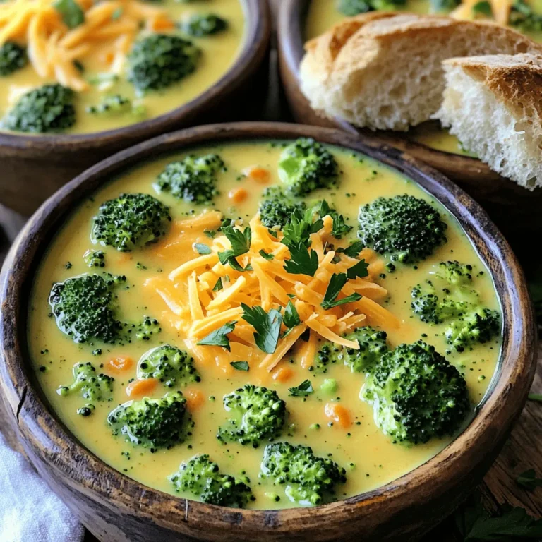 - 4 cups fresh broccoli florets - 1 cup carrots, diced - 1 medium onion, chopped - 3 cloves garlic, minced When making creamy broccoli cheddar soup, fresh produce is key. You want bright, vibrant broccoli florets. They give the soup its lovely green color. I also add diced carrots. They add sweetness and a nice crunch. The onion brings depth. I chop it finely for even cooking. Garlic is a must. I use three cloves for a rich flavor. - 1 cup heavy cream - 2 cups sharp cheddar cheese, shredded - 4 cups vegetable broth Next, we need dairy and broth. Heavy cream makes the soup rich and smooth. I use one cup for the perfect creaminess. Sharp cheddar cheese is essential. It gives a strong, tasty kick. I shred two cups to melt easily. Vegetable broth acts as the base. I use four cups to keep it light and fresh. - 1 tablespoon olive oil - 1 teaspoon salt - 1/2 teaspoon black pepper - 1/2 teaspoon ground nutmeg (optional) - 1/4 cup all-purpose flour (optional for thickening) - Fresh parsley for garnish Seasonings bring out all the flavors. I start with one tablespoon of olive oil for sautéing. Salt and black pepper enhance the taste. I add one teaspoon of salt and half a teaspoon of black pepper. Ground nutmeg is optional, but it adds warmth. If you want a thicker soup, use all-purpose flour. Mix one-fourth cup with soup liquid before adding it. I love to garnish with fresh parsley. It adds a pop of color and flavor. - First, heat 1 tablespoon of olive oil in a large pot over medium heat. - Add 1 medium chopped onion and 1 cup of diced carrots. Cook for about 5 minutes until soft. - Add 3 minced garlic cloves and cook for another minute. This will give your soup a great flavor. - Now, add 4 cups of fresh broccoli florets and 4 cups of vegetable broth to the pot. - Bring it all to a boil. Reduce the heat and let it simmer for 10-15 minutes. The broccoli should be tender. - Use an immersion blender to blend the soup until it’s smooth and creamy. - If you don’t have one, carefully blend the soup in batches in a countertop blender. Be careful with the hot liquid! - Stir in 1 cup of heavy cream and 2 cups of shredded sharp cheddar cheese. Mix until melted. - If you want a thicker soup, mix 1/4 cup of flour with some soup liquid to make a slurry. Whisk it into the pot. - Season your soup with 1 teaspoon of salt, 1/2 teaspoon of black pepper, and 1/2 teaspoon of ground nutmeg if you like. - Let it simmer for another 5 minutes before serving it hot. - Serve the soup in rustic bowls. Garnish with fresh parsley for a nice touch. - Pair it with a slice of crusty bread for dipping. Enjoy the rich flavors! To make your soup rich, use full-fat dairy. Heavy cream adds a smooth texture. If you want it even creamier, blend the soup well. An immersion blender works best here. You can also use a countertop blender. Just be careful with hot liquid. You can boost the flavor with extra herbs and spices. Consider adding thyme or rosemary for a fresh taste. For a deeper flavor, use homemade broth instead of store-bought. It makes a big difference in taste. If you're short on time, chop your veggies small. This helps them cook faster. You can also use pre-chopped broccoli or frozen broccoli. These options save time but still taste great. {{image_2}} You can easily change this soup to fit your diet. For a vegetarian version, just skip the chicken broth and use vegetable broth. If you want a vegan soup, replace the heavy cream with cashew cream or coconut milk. Use a vegan cheese that melts well to keep that creamy texture. If you're looking for gluten-free options, use cornstarch or arrowroot powder instead of all-purpose flour to thicken the soup. Mix it with a little cold broth first, then add it to the pot. This will help avoid lumps. Want to spice things up? Add a pinch of cayenne pepper or smoked paprika for warmth. A sprinkle of curry powder can create an exciting twist. You can also mix in herbs like thyme or rosemary for more depth. For extra nutrition, toss in other vegetables like spinach or peas. You can even add proteins like shredded chicken or beans. These additions make the soup heartier and more filling. You can switch up the cheese for a different taste. Try using Gruyère for a nutty flavor or pepper jack for some heat. Each cheese brings its unique touch to the soup. Adding spices from different cultures can also change the game. Use cumin for a Mexican flair or curry powder for Indian influence. If you want a richer broth, consider adding a splash of soy sauce or miso paste. This can deepen the flavor and make the soup even more delicious. After you make your creamy broccoli cheddar soup, let it cool down. This helps keep it fresh. Store any leftovers in an airtight container. You should eat it within three to four days for the best taste. If you want to save some soup for later, freezing is a great option. Use a freezer-safe container or a heavy-duty freezer bag. Leave some space at the top, as soup expands when it freezes. Your soup will taste best if used within three months. When you’re ready to eat, thaw the soup in the fridge overnight. You can also use the microwave on low power. To get the best texture when reheating, use a pot on the stove. Heat it slowly over medium-low heat. Stir often to avoid sticking. If the soup seems thick, add some broth or water to help loosen it up. You might want to add a bit more cheese or cream to boost the flavor during reheating. Enjoy your warm, cozy bowl! Creamy broccoli cheddar soup lasts about 3 to 4 days in the fridge. Store it in an airtight container. Look for signs of spoilage, like an off smell or mold. If it smells bad or looks strange, it’s best to toss it. Yes, you can use frozen broccoli. It saves time and is often just as healthy. Frozen broccoli is usually blanched before freezing. This means it cooks faster. Keep in mind that frozen veggies can make the soup a bit watery. You may need to adjust cooking time. If you want a lighter soup, you can use milk or half-and-half. For a dairy-free option, try coconut milk or almond milk. These alternatives change the flavor slightly but will still taste good. Just remember, the soup may not be as creamy. To thicken the soup, you can use flour. Mix it with some soup liquid to make a slurry. Gradually whisk it in while cooking. You can also blend in more broccoli or add potato. Another option is to simmer it longer to reduce the liquid. Yes, this soup is great for meal prep. You can make it ahead and store it in the fridge or freezer. Let the soup cool down before storing. When ready to eat, just reheat it on the stove. If frozen, thaw it in the fridge overnight first. This creamy broccoli cheddar soup offers fresh veggies, rich dairy, and tasty seasonings. We explored simple steps for cooking, blending, and enhancing flavor. Remember, you can easily adjust for dietary needs and mix in various ingredients to create your own twist. With the right storage tips, you can enjoy this soup for days. Finally, don’t hesitate to experiment and have fun with the process. Enjoy your delicious and comforting soup!