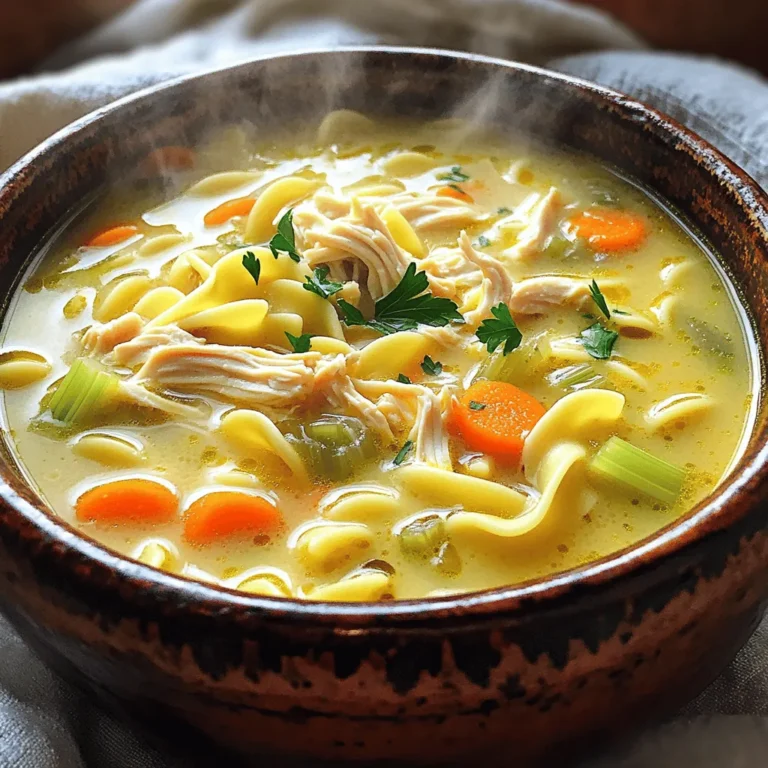 To make this comforting soup, gather these key ingredients: - 2 cups cooked chicken, shredded - 1 cup egg noodles - 1 tablespoon olive oil - 1 medium onion, diced - 2 cloves garlic, minced - 2 medium carrots, sliced - 2 celery stalks, diced - 4 cups chicken broth - 1 cup heavy cream - 1 teaspoon dried thyme - 1 teaspoon dried parsley - Salt and pepper to taste - Fresh parsley, chopped (for garnish) These ingredients work together to create a rich and creamy soup that warms you up. Here’s a simple guide to help you with measurements: - Chicken: Use around 2 cups for a hearty flavor. - Noodles: One cup is enough to fill the bowl without overpowering. - Oil: Just one tablespoon keeps the soup rich without being greasy. - Veggies: One onion, two carrots, and two celery stalks balance taste and texture. - Broth: Four cups ensure the soup is not too thick. - Cream: One cup adds the creamy texture we want. Keep these measurements in mind to create the perfect bowl of soup. You can customize your soup with these fun extras: - Add fresh herbs like basil or dill for a burst of flavor. - Top with crispy bacon for a smokey crunch. - Include peas or corn for sweetness and color. These optional ingredients can make your Cozy Creamy Chicken Noodle Soup even more special! Start by heating olive oil in a large pot over medium heat. Add the diced onion. Cook it until it becomes soft and clear, about 3 to 5 minutes. This step builds flavor. Next, toss in the minced garlic, sliced carrots, and diced celery. Cook these for another 5 minutes. You want the veggies to soften but not lose their crunch. Once the base is fragrant and colorful, pour in 4 cups of chicken broth. Bring the mixture to a boil. This broth is vital. It adds rich flavor to the soup. When the broth bubbles, add 1 cup of egg noodles, 2 cups of shredded chicken, 1 teaspoon of dried thyme, and 1 teaspoon of dried parsley. These herbs enhance the taste of your soup. Lower the heat and let it simmer. Cook for about 10 minutes or until the noodles are tender. Stir occasionally to mix all the flavors well. After the noodles are done, it's time for the cream. Stir in 1 cup of heavy cream. This will make your soup rich and creamy. Let it simmer for an extra 5 minutes. This helps the flavors meld together. Finally, add salt and pepper to taste. Serve your cozy creamy chicken noodle soup hot. Garnish it with fresh chopped parsley for a pop of color and flavor. Enjoy! To get a creamy texture, use heavy cream. It adds richness that makes the soup smooth. Stir the cream in last, just before serving. This keeps it from curdling. If you want a thicker soup, let it simmer longer. The noodles will absorb some liquid. You can also add a little cornstarch mixed with water to thicken it up. One mistake is overcooking the noodles. They can turn mushy if you cook them too long. Always add them when the broth is boiling. Then, simmer for just about 10 minutes. Another mistake is not seasoning enough. Taste your soup before serving. Add salt and pepper until it tastes just right. Herbs and spices can boost your soup’s flavor. Dried thyme and parsley are great choices. They add a nice depth without being too strong. Fresh herbs are even better. Try adding fresh thyme or dill for a bright taste. You can also add a pinch of garlic powder or lemon juice for extra zing. {{image_2}} You can make this soup lighter without losing taste. Use low-fat milk instead of heavy cream. Swap out the egg noodles for whole grain or veggie noodles. You can also add more chicken broth to cut calories. Fresh herbs can add flavor without extra fat. To make a gluten-free soup, use gluten-free noodles. Many brands offer great options that taste good. For dairy-free, use coconut milk or almond milk in place of heavy cream. Both options keep the soup creamy while being kind to your belly. Adding seasonal veggies can make this soup even better. Try using zucchini, peas, or spinach in the spring. In fall, you might add squash or pumpkin. These veggies not only brighten the soup but also add more nutrients. Don't be afraid to mix and match! Store your Cozy Creamy Chicken Noodle Soup in an airtight container. Let the soup cool first. This helps keep it fresh. Place it in the fridge for up to three days. Label the container with the date. This way, you know when to use it. To freeze the soup, use freezer-safe containers. Leave some space at the top. Soup can expand when frozen. It’s best to freeze it in single servings. This makes it easy to reheat later. Use within three months for the best taste. Reheat your soup on the stove for the best flavor. Use low heat and stir often. You can add a splash of broth or cream if it seems thick. If using a microwave, heat in short intervals. Stir in between to warm it evenly. Enjoy your warm, creamy soup! Cozy Creamy Chicken Noodle Soup lasts about three to four days in the fridge. To keep it fresh, store it in an airtight container. I always mark the date on the lid. This way, I know when to eat it. If you wait too long, the noodles might get soggy. Yes, you can use rotisserie chicken in this recipe! It adds great flavor and saves time. Just shred the chicken and add it to the pot. It makes the soup even cozier. I often use rotisserie chicken when I’m short on time. Chicken Noodle Soup pairs well with many side dishes. Here are some of my favorites: - Crusty bread: Perfect for dipping. - Green salad: A light side to balance the meal. - Grilled cheese: A classic that kids love. - Biscuits: Soft and buttery, they complement the soup nicely. These sides enhance the cozy feel of the meal. You’ve learned how to make Cozy Creamy Chicken Noodle Soup from scratch. We covered key ingredients, cooking steps, and tips to avoid common mistakes. You also saw how to store leftovers and tried new variations. This soup is a great comfort food that can be tailored to fit your needs. Get creative with herbs and veggies! Enjoy making your own warm bowl of soup and share it with loved ones. Your kitchen will smell amazing!