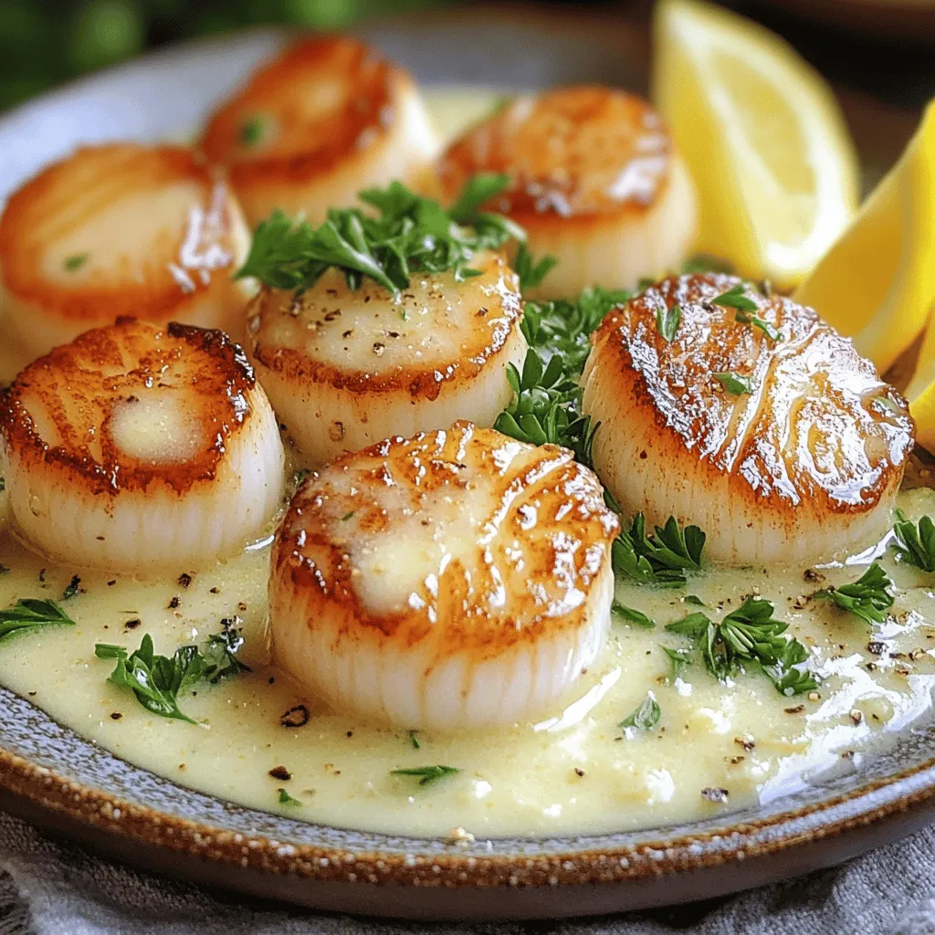 - 1 lb scallops, fresh or thawed - 4 tablespoons unsalted butter - 1 tablespoon olive oil - 4 cloves garlic, minced - 1 cup heavy cream - 1 teaspoon lemon juice - 2 tablespoons fresh parsley, chopped - Zest of 1 lemon To make creamy garlic butter scallops, you need fresh or thawed scallops. Using fresh scallops gives a sweet, tender bite. If fresh is not available, thawed scallops work well too. Next, we need unsalted butter and olive oil for cooking. This combination adds rich flavor and helps sear the scallops perfectly. Minced garlic is key for that aromatic kick. I love using four cloves, but you can use less if you prefer. Heavy cream is essential for the creamy sauce. It creates that luxurious texture that coats the scallops nicely. A teaspoon of lemon juice adds brightness and balances the richness. Fresh parsley and lemon zest bring freshness to the dish. They enhance the overall taste and make the dish look beautiful. - Salt and pepper to taste - Optional additions for flavor enhancements Seasoning is simple with just salt and pepper. They enhance the natural flavor of the scallops. For extra flavor, consider adding a pinch of red pepper flakes for heat or a sprinkle of smoked paprika for depth. You can also add a dash of white wine when making the sauce for a unique twist. This simple dish becomes even more special with these small touches. First, you need to pat the scallops dry with paper towels. This step is key to getting a good sear. If they are wet, they will steam instead of brown. Season both sides with salt and pepper. This simple seasoning makes a big difference in flavor. Next, heat a large skillet over medium-high heat. Add 2 tablespoons of butter and 1 tablespoon of olive oil. Wait until the mix is hot but not smoking. Add the scallops in a single layer. Do not crowd them; give them space. Cook for about 2-3 minutes on each side. You want them to be golden brown and opaque. Once done, remove the scallops and set them aside. In the same skillet, lower the heat to medium. Add the remaining 2 tablespoons of butter. Let it melt, then add the minced garlic. Sauté for about 30 seconds until fragrant. Slowly pour in 1 cup of heavy cream. Stir constantly and let it simmer for 2-3 minutes. This will thicken the sauce. Then, stir in 1 teaspoon of lemon juice and the zest of 1 lemon. Season with salt and pepper to taste. Finally, return the scallops to the skillet. Warm them through for about 1 minute, making sure they are coated in the creamy sauce. - Importance of Drying Scallops Dry scallops are key for a nice sear. Use paper towels to pat them dry. This helps remove extra moisture, so they brown well. Good browning gives great flavor and texture. - Avoiding Overcrowding Never crowd the pan. If you add too many scallops, they will steam instead of sear. Cook in batches if needed. This way, each scallop gets its chance to develop a golden crust. - Tips for Cream Thickness For a thick sauce, let it simmer. After adding cream, stir and watch it bubble. This helps it thicken. If it’s too thin, simmer longer before adding scallops back in. - Balancing Flavors with Citrus Lemon juice adds brightness to your sauce. It cuts the richness of the cream. Zest adds more flavor too. Adjust to your taste; it makes a big difference. - Serving Suggestions with Garnishes Serve scallops on a bed of sauce. Add a sprinkle of parsley on top. Fresh parsley adds color and a fresh taste. You can also include lemon wedges on the side for a pop of color. - Recommended Side Dishes Pair scallops with light sides. Think about creamy risotto or garlic mashed potatoes. A fresh green salad also works well. These sides won’t overpower the scallops but enhance the meal. {{image_2}} You can swap scallops for shrimp or fish. Shrimp cooks fast and tastes great in this sauce. Fish like cod or tilapia works well too. You can also try plant-based proteins like tofu or tempeh for a vegan twist. For dairy-free options, use coconut cream instead of heavy cream. It adds a nice flavor without dairy. You can also use vegan butter to keep the recipe plant-based. To enhance flavors, add fresh herbs like thyme or basil. They brighten up the dish and add depth. You can also sprinkle in some red pepper flakes for a spicy kick. Infusing the sauce with citrus can change the taste completely. Try lime or orange juice along with lemon for a unique twist. Citrus zest also adds a fresh aroma that enhances the dish. Making this dish gluten-free is easy. Just check your butter and oil for gluten-free labeling. Generally, all other ingredients are gluten-free. If you want a low-calorie version, cut back on the butter and cream. Use half the amount and add extra broth for flavor. You can also use low-fat cream to reduce calories while keeping the creaminess. To keep your creamy garlic butter scallops fresh, store them in an airtight container. Make sure to refrigerate them within two hours of cooking. This helps prevent bacteria growth. The scallops can stay fresh for up to three days in the fridge. When you are ready to eat them, just follow the reheating instructions below. The best way to reheat scallops is on the stove. Use a non-stick skillet over low heat. Add a splash of cream or broth to prevent them from drying out. Stir gently for about five minutes, or until warm. Avoid the microwave, as it can make scallops rubbery. You want to keep that creamy texture. I do not recommend freezing creamy garlic butter scallops. The texture can change when thawed. If you must freeze them, do so without the sauce. Store in a freezer-safe bag for up to two months. When ready to eat, thaw in the fridge overnight, then cook fresh sauce and add the scallops before serving. You can use either sea or bay scallops. Sea scallops are larger. They have a sweet, rich flavor. Bay scallops are smaller and tender. They are great for quick cooking. For this dish, I prefer sea scallops. They give a nice sear and hold up well in sauce. Yes, you can prepare some parts in advance. You can pat and season the scallops a few hours before cooking. Keep them in the fridge. But, it’s best to cook them fresh. The sauce can be made ahead too. Store it in the fridge for up to two days. Just reheat gently before serving. You want your scallops to be golden brown. Cook them for about 2-3 minutes on each side. They should be opaque in the center. If they look slightly firm and bouncy, they are done. Overcooking makes them tough, so watch carefully. This recipe for creamy garlic butter scallops covers everything you need to know. You learned about essential ingredients, cooking steps, and tips for perfect scallops. You also have ideas for variations and how to store leftovers. Cooking these scallops can be simple and fun. With the right techniques, you can impress anyone at your table. Try out these ideas and enjoy a delicious meal tonight. Happy cooking!