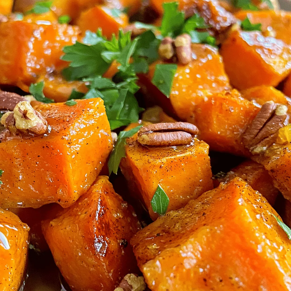 To make Maple Cinnamon Roasted Sweet Potatoes, gather these simple items: - 4 medium sweet potatoes, peeled and cut into 1-inch cubes - 3 tablespoons olive oil - 1/4 cup pure maple syrup - 1 teaspoon ground cinnamon - 1/2 teaspoon nutmeg - Salt and pepper to taste - 1/4 cup chopped pecans (optional) - Fresh parsley for garnish (optional) These ingredients create a warm dish with a sweet and spicy flavor. Sweet potatoes are the star here. They give a creamy texture and natural sweetness. Maple syrup adds more sweet notes, while cinnamon and nutmeg enhance the warmth. Olive oil helps the sweet potatoes caramelize nicely in the oven. Salt and pepper balance the sweetness, making the dish more flavorful. If you want extra crunch, add pecans. Fresh parsley adds color and a fresh taste when serving. Make sure you have all of these items ready before you begin. Each ingredient plays a key role in making this dish a delightful treat. - Preheat the Oven First, set your oven to 400°F (200°C). This heat will help the sweet potatoes cook well. - Prepare the Baking Sheet Next, take a baking sheet and line it with parchment paper. This makes cleanup easy. - Combine Ingredients In a large bowl, mix the sweet potatoes, olive oil, maple syrup, cinnamon, nutmeg, salt, and pepper. Make sure to measure each ingredient carefully for the best flavor. - Toss and Coat Sweet Potatoes Use your hands or a spoon to toss the sweet potatoes. Coat them well with the mixture. Every piece should be covered. - Spread on Baking Sheet After coating, spread the sweet potatoes in one layer on the baking sheet. This helps them roast evenly. - Roasting Process Place the baking sheet in the oven. Roast for 25-30 minutes. Flip the sweet potatoes halfway through for even cooking. They should be tender and caramelized when done. If using pecans, add them in the last 5 minutes for crunch. Follow these steps, and you will enjoy a tasty dish. Choosing the Right Sweet Potatoes Select firm sweet potatoes. Look for even, smooth skin. Organic options are tasty and healthy. They often have richer flavor and fewer chemicals. Adjusting Sweetness to Preference Taste your sweet potatoes before adding syrup. Some may be sweeter than others. You can add more maple syrup if you like it sweeter. For less sweetness, reduce the syrup. Roasting Techniques for Perfect Texture Cut sweet potatoes into 1-inch cubes. This size helps them cook evenly. Toss them well to coat with olive oil and spices. Flip the sweet potatoes halfway through roasting. This ensures they brown nicely. Garnishing with Fresh Herbs Fresh parsley adds color and flavor. Sprinkle it on just before serving. You can also use other herbs, like thyme or chives, for a unique twist. Serving Suggestions Serve these sweet potatoes as a side dish. They pair well with roasted meats or salads. You can also enjoy them as a main dish with grains. Try adding a dollop of yogurt on top for creaminess! {{image_2}} Additional Spices You can boost the flavor of your sweet potatoes by adding other spices. Try ginger for a warm kick. A pinch of cayenne pepper adds heat, too. You might also like to sprinkle some vanilla extract for a sweet touch. Sweeteners Alternatives While maple syrup is my favorite, you can try honey or agave syrup. Brown sugar works well, too. Each sweetener gives a unique taste, so feel free to mix it up! Vegan Options This recipe is already vegan due to the natural ingredients. If you want to make it richer, try adding coconut oil instead of olive oil. It adds a nice flavor and keeps it plant-based. Nut-Free Alternatives If you need a nut-free option, skip the pecans. You can replace them with pumpkin seeds for crunch. They add a nice texture without nuts. Enjoy your sweet potatoes worry-free! To keep your maple cinnamon roasted sweet potatoes fresh, refrigerate them. Place them in an airtight container. They will stay good for about three to five days. If you want to reheat them, use an oven or a microwave. For the oven, set it to 350°F (175°C). Heat for about 10-15 minutes until warm. For the microwave, put them in a bowl and cover. Heat for 1-2 minutes, stirring halfway. If you want to store them longer, freezing is a great option. Let the sweet potatoes cool completely. Then, place them in a freezer-safe bag or container. Remove as much air as you can. They can last up to three months in the freezer. When you are ready to eat them, thaw the sweet potatoes in the fridge overnight. You can also use the microwave to thaw them. Just set it to defrost for a few minutes. Once thawed, reheat them using the oven or microwave as described above. Enjoy your tasty sweet potatoes later! How long do Maple Cinnamon Roasted Sweet Potatoes last? Maple Cinnamon Roasted Sweet Potatoes last about 3 to 5 days in the fridge. Store them in an airtight container to keep them fresh. If you want to enjoy them later, they freeze well too. Can I use different types of potatoes? Yes, you can use other potatoes. Regular potatoes or purple potatoes can work. However, sweet potatoes add a special flavor and sweetness that others might not offer. What can I serve with Maple Cinnamon Roasted Sweet Potatoes? These sweet potatoes pair well with many dishes. Try them with grilled chicken, pork, or a fresh salad. They also make a great side for holiday meals. Caloric Content One serving has about 180 calories. This makes it a tasty and healthy side. The calories mainly come from the sweet potatoes and maple syrup. Health Benefits of Ingredients Sweet potatoes are rich in vitamins A and C. They help boost your immune system. Maple syrup offers antioxidants, while olive oil provides healthy fats. Cinnamon has anti-inflammatory properties, making this dish both tasty and nutritious. In this post, we explored how to make Maple Cinnamon Roasted Sweet Potatoes. We covered the ingredients you need, step-by-step instructions, and helpful tips for the best flavor. You learned how to store leftovers and variations to make this dish your own. With these insights, you can create a tasty side that fits your needs. Enjoy the cooking process and have fun sharing this dish with others!