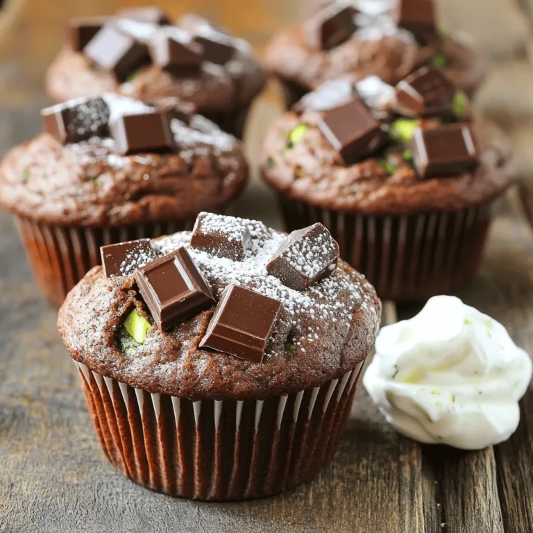 To make these tasty muffins, gather the following items: - 1 medium zucchini, grated (about 1 cup) - 1 cup all-purpose flour - 1/2 cup whole wheat flour - 1 tsp baking powder - 1/2 tsp baking soda - 1/2 tsp salt - 1 tsp ground cinnamon - 1/2 cup brown sugar - 1/4 cup granulated sugar - 1/3 cup vegetable oil - 2 large eggs - 1 tsp vanilla extract - 1 cup dark chocolate chunks You can swap some ingredients for different flavors or dietary needs. Try these ideas: - Replace all-purpose flour with gluten-free flour for a gluten-free version. - Use coconut oil instead of vegetable oil for a richer taste. - If you want less sugar, decrease the brown and granulated sugar by 1/4 cup each. - For egg-free options, use flaxseed meal or applesauce as a binder. Add more texture or flavor with these options: - 1/2 cup chopped walnuts or pecans for a nutty crunch. - A handful of raisins or dried cranberries for sweetness. - A sprinkle of chia seeds for extra nutrition. - A teaspoon of nutmeg for a different spice kick. These ingredients and substitutions make it easy to customize your muffins. Enjoy experimenting! First, set your oven to 350°F (175°C). While it heats, grab a muffin tin. You can use paper liners or lightly grease the tin. This helps the muffins come out easily. In a big bowl, mix the following dry ingredients: - 1 cup all-purpose flour - 1/2 cup whole wheat flour - 1 tsp baking powder - 1/2 tsp baking soda - 1/2 tsp salt - 1 tsp ground cinnamon Stir these well and set the bowl aside. In another bowl, whisk together: - 1/2 cup brown sugar - 1/4 cup granulated sugar - 1/3 cup vegetable oil - 2 large eggs - 1 tsp vanilla extract Make sure to mix until it is smooth and well-combined. This is where the magic starts. Next, fold in the grated zucchini. You need about 1 medium zucchini, grated. It should be around 1 cup. Mix it well so it's evenly spread throughout the wet mixture. Now, slowly add the dry mix to the wet mix. Stir gently until just combined. Be careful not to over-mix. This helps keep your muffins light and fluffy. Finally, fold in 1 cup of dark chocolate chunks. If you like nuts, add 1/2 cup of chopped walnuts or pecans. Spoon the batter into the muffin tin, filling each cup about 2/3 full. Place the tin in the oven and bake for 18-20 minutes. To check if they are done, insert a toothpick into the center. If it comes out clean or with a few moist crumbs, they are ready! Let the muffins cool in the tin for 5 minutes. Then, move them to a wire rack to cool completely. Enjoy your tasty Chocolate Chunk Zucchini Muffins! To keep your muffins moist, use fresh zucchini. Grate it just before mixing. The zucchini adds moisture while baking. You can also add a bit more oil or yogurt. This will help if you like extra soft muffins. Overmixing can make muffins tough. Mix your dry and wet ingredients gently. Stir until just combined. It’s okay if some flour is still visible. This will keep your muffins light and fluffy. Store your muffins in an airtight container. This keeps them fresh longer. You can also freeze them for later. Just wrap each muffin in plastic wrap. Place them in a freezer bag. When you want one, just thaw and enjoy! {{image_2}} To make gluten-free muffins, swap out the all-purpose flour. Use a blend of gluten-free flours. You can try almond flour or coconut flour. Add some xanthan gum to help with texture. This will keep your muffins fluffy and moist. For a vegan version, replace the eggs with flax eggs. Mix one tablespoon of ground flaxseed with three tablespoons of water. Let it sit for five minutes to thicken. Use plant-based oil instead of regular oil. Choose dairy-free chocolate chunks to keep it vegan-friendly. You can mix it up with different flavors! Try adding spices like nutmeg or ginger for warmth. Add dried fruits like raisins or cranberries for sweetness. You can also use different nuts, like pecans or almonds, for a crunch. For a fun twist, add a scoop of peanut butter to the batter. To keep your chocolate chunk zucchini muffins fresh, store them in an airtight container. Place a piece of parchment paper between layers to prevent sticking. They will stay good for up to three days at room temperature. For longer storage, consider refrigeration. You can freeze these muffins for up to three months. First, let them cool completely. Then, wrap each muffin tightly in plastic wrap. Place the wrapped muffins in a freezer bag or container. Remember to label the bag with the date. This way, you can enjoy your muffins later! To enjoy the muffins warm, simply place them in the microwave. Heat for about 15 seconds for one muffin. If you want to heat multiple muffins, increase the time slightly. You can also reheat them in an oven at 350°F for about 5-7 minutes. This method keeps the muffins soft and delicious. Yes, you can use frozen zucchini. Just thaw it first and drain any extra liquid. This helps keep your muffins from becoming soggy. Frozen zucchini works well in baked goods like these muffins. You can check the muffins with a toothpick. Stick it in the center of a muffin. If it comes out clean or with a few moist crumbs, they are done. Bake them for 18 to 20 minutes at 350°F. Yes, you can cut back on the sugar. Start by reducing it by 1/4 cup. Keep in mind that this might change the muffin's texture and sweetness. You can also use sweeter add-ins to balance the flavor. Use a box grater or a food processor. Grate the zucchini until it is fine and even. You want it to mix well into the batter. No need to peel the zucchini; the skin adds color and nutrients. Yes, you can make mini muffins! Just fill the mini muffin tin about 2/3 full. Bake them for about 12 to 15 minutes. Check with a toothpick to ensure they are cooked through. Enjoy these small bites of goodness! You learned how to make tasty zucchini muffins with simple steps and easy tips. Remember to prep your ingredients and not overmix the batter. Storing your muffins right keeps them fresh longer. With fun variations, you can try gluten-free or vegan options. Don't be afraid to experiment with flavors! Use this guide to make muffins that everyone will love. Happy baking!