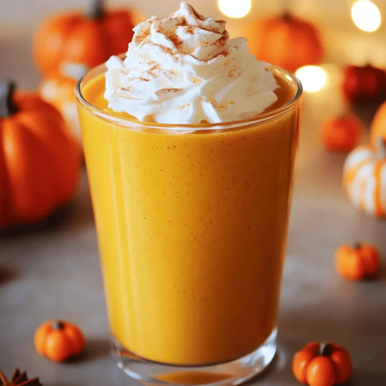 To make a delicious Pumpkin Spice Latte Smoothie, you need the right ingredients. Here’s the list: - 1 cup canned pumpkin puree - 1 banana, frozen - 1 cup unsweetened almond milk (or any milk of your choice) - 2 tablespoons maple syrup (adjust to taste) - 1 teaspoon vanilla extract - 1 teaspoon pumpkin pie spice - 1/2 teaspoon ground cinnamon - 1 cup ice cubes - Whipped coconut cream for topping (optional) Each ingredient plays a key role. The pumpkin puree gives it that rich, fall flavor. The frozen banana adds creaminess and natural sweetness. Almond milk makes it smooth and light, but you can use any milk you like. Maple syrup adds a touch of sweetness. The vanilla extract enhances the flavors, while the pumpkin pie spice and ground cinnamon bring warmth and depth. Finally, the ice cubes help create a frosty texture. If you want to make it even more special, whipped coconut cream on top is a fun option. It looks pretty and tastes amazing! 1. Blend the base ingredients until smooth. Start by adding the canned pumpkin puree, frozen banana, almond milk, maple syrup, vanilla extract, pumpkin pie spice, and ground cinnamon into your blender. Blend on high speed until it is smooth and creamy. You may need to scrape down the sides to get everything mixed well. 2. Incorporate ice for a frosty texture. Next, add in the ice cubes. Blend again until the smoothie becomes thick and frosty. This step is crucial for that refreshing feel. 3. Adjust sweetness to taste. After blending, taste your smoothie. If you want it sweeter, add more maple syrup. Blend again briefly to mix in the syrup. 1. Pour into glasses or bowls. Once your smoothie is ready, pour it into two glasses or bowls. This dish looks great served cold. 2. Add toppings for decoration. For an extra special touch, top your smoothie with whipped coconut cream. You can also sprinkle a bit of cinnamon or pumpkin pie spice on top. This will add flavor and make it look beautiful! The texture of your smoothie matters. A frozen banana is key for creaminess. It makes the blend thick and smooth. When you freeze the banana, it adds a nice chill. This helps create that rich feel in your drink. You can choose different types of milk for creaminess. Almond milk is light and nutty. Coconut milk offers a rich and creamy texture. If you like something thicker, try oat milk. Each milk gives a unique flavor. Pick one that you love! You can make your smoothie sweeter with natural sweeteners. Honey is a good choice. It adds flavor and sweetness at the same time. Agave syrup is another option. It is less thick than honey but still sweet. Flavored syrups can add a fun twist. A splash of caramel syrup can enhance the taste. You can also use vanilla syrup for extra flavor. Just remember to start with a little. You can always add more! By using these tips, you will create a smooth and tasty treat that feels just right for you. {{image_2}} You can switch up the smoothie with different ingredients. One great option is using coconut milk instead of almond milk. Coconut milk adds a rich flavor and creaminess. It gives the smoothie a tropical twist. You can also boost the protein in your smoothie. Try adding protein powder or nut butters, like almond or peanut butter. This change makes the smoothie more filling. It is a great choice for breakfast or a post-workout snack. Incorporating seasonal spices can elevate your smoothie. Try adding nutmeg or ginger for a warm kick. These spices blend well with pumpkin and enhance the fall flavor. You can also experiment with chocolate or caramel flavors. A tablespoon of cocoa powder can add a rich chocolate taste. Alternatively, a drizzle of caramel sauce gives a sweet touch. Both options play nicely with the pumpkin spice theme. Store any leftover smoothie in a sealed container. It stays fresh for up to two days in the fridge. To keep the taste great, put it in an airtight jar. Before you drink it, give it a good shake. The ingredients may separate a bit, but that’s normal. If the smoothie seems too thick, add a splash of almond milk to thin it out. You can freeze portions of your smoothie for later. Pour it into ice cube trays for easy use. Once frozen, pop the cubes into a freezer bag. This method helps save space and makes blending easy. When you want to enjoy it, take out the cubes and thaw them in the fridge overnight. You can also blend the frozen cubes directly with a bit of almond milk for a quick treat. A Pumpkin Spice Latte Smoothie is a creamy drink that blends pumpkin, banana, and spices. This smoothie captures the warm flavors of fall in a convenient form. You get the taste of a latte without brewing coffee. By mixing pumpkin puree and spices, you create a rich and satisfying drink. The banana adds sweetness and smoothness, while almond milk gives it a creamy texture. This smoothie is perfect for breakfast or a snack. Yes, you can easily make this smoothie vegan. Use almond milk or any plant-based milk instead of cow's milk. Instead of maple syrup, you can try agave nectar for sweetness. Just make sure all your ingredients are plant-based. This way, you keep the creamy texture and delicious taste without using any animal products. To make this smoothie healthier, you can add some greens. Spinach or kale blends well without changing the flavor much. You can also swap out maple syrup for a smaller amount of honey or a natural sweetener. Adding a scoop of protein powder can boost the nutrition. This way, you get more protein and fiber, making the smoothie more filling. Yes, you can make this smoothie less sweet. Start with less maple syrup, and taste as you mix. You can also use unsweetened almond milk for a less sugary base. If you want a bit of sweetness, try adding mashed dates or a touch of stevia. These options let you control the sweetness while keeping the flavor. To make this smoothie dairy-free, simply choose a non-dairy milk. Almond milk is a great choice, but you can also use soy or oat milk. These options provide a creamy base without dairy. If you want to add creaminess, consider using coconut milk. This gives a rich flavor and works well with pumpkin spice. This blog covered how to make a delicious Pumpkin Spice Latte Smoothie. We explored key ingredients, preparation steps, and tips for perfect texture. You learned about variations and how to store leftovers for later joy. In the end, you can create a tasty treat that fits your diet. Enjoy experimenting and making it your own!