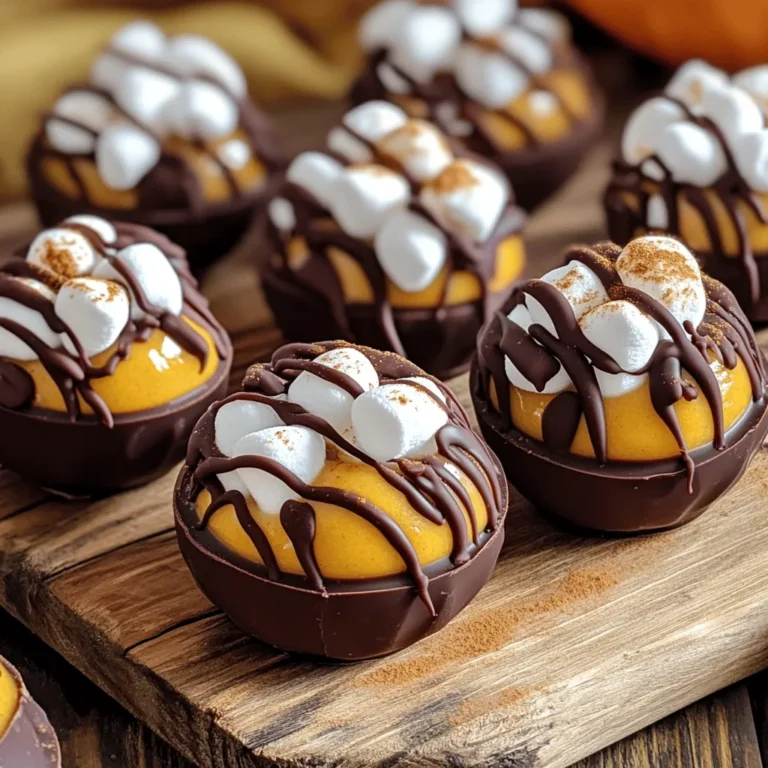 To make Pumpkin Spice Hot Chocolate Bombs, gather these key ingredients: - 1 cup chocolate chips (dark or milk chocolate) - 1/2 cup pumpkin puree - 1/4 cup powdered sugar - 1 teaspoon pumpkin spice blend - 1/4 cup mini marshmallows - 1/4 cup hot cocoa mix - Optional: Extra pumpkin spice for dusting Each ingredient plays a vital role in creating the perfect balance of flavors. The chocolate chips form the outer shell, while pumpkin puree adds a rich, smooth texture. The powdered sugar sweetens the filling, making each sip delightful. The pumpkin spice blend brings warmth and depth, tying everything together. Mini marshmallows add that fun, cozy touch, and hot cocoa mix enhances the chocolaty goodness. Adding extra pumpkin spice on top creates a festive look and boosts flavor. Start by placing 1 cup of chocolate chips in a microwave-safe bowl. Heat the chocolate in 30-second bursts. Stir the chocolate between each interval. Stop when it is smooth and fully melted. Be careful not to overheat; this will ruin the chocolate. Next, grab a silicone mold for your hot chocolate bombs. Spoon about a tablespoon of melted chocolate into each mold. Use the back of the spoon to coat the sides evenly. Ensure the walls are thick enough; this will help hold the filling later. Set any leftover chocolate aside for later. In a mixing bowl, combine 1/2 cup of pumpkin puree, 1/4 cup of powdered sugar, and 1 teaspoon of pumpkin spice blend. Mix these ingredients until they are smooth. This will be the delicious filling for your bombs. Once the chocolate has cooled, carefully remove the shells from the mold. Take half of the shells and place them on a plate. Spoon a teaspoon of the pumpkin mixture into each shell. Add a few mini marshmallows and a sprinkle of hot cocoa mix on top. To seal the bombs, warm the edges of the remaining shells. You can do this by placing them on a plate in the microwave for 5-10 seconds. Press these warm halves onto the filled shells to seal them well. For a fun touch, drizzle the leftover melted chocolate on top and dust with extra pumpkin spice. Store your finished hot chocolate bombs in an airtight container. Keep them in a cool, dry place until you’re ready to enjoy them. To serve, drop one into a cup of hot milk and watch it dissolve into a cozy, pumpkin-spiced treat. Use high-quality chocolate chips for the best taste. I like dark or milk chocolate. Each type gives a different flavor. Dark chocolate is rich, and milk chocolate is sweet. Both work well for this recipe. Choose what you enjoy most. To keep your bombs round, use a silicone mold. It makes removing them easy. Ensure the chocolate layer is thick enough. If it is too thin, the bombs may crack. Chill the shells well to help them hold shape. Add extra pumpkin spice for a stronger flavor. You can also mix in a pinch of salt. Salt enhances sweetness and flavor depth. Consider using flavored chocolate chips too, like caramel or cinnamon. These small changes can make a big impact. Do not overheat the chocolate. Heat it in short bursts and stir often. Avoid too much filling; it can cause the bombs to break. Seal the halves well to keep the hot cocoa inside. Lastly, let them chill completely before serving. {{image_2}} If you want to change things up, try new flavors. Here are two fun ideas: - Peppermint Hot Chocolate Bombs: For a minty twist, use peppermint extract. Replace some chocolate with white chocolate. Add crushed candy canes inside for a festive crunch. You'll love the fresh taste! - Caramel Swirl Hot Chocolate Bombs: Drizzle caramel sauce inside the shells. Mix it with the pumpkin filling. This adds sweetness and richness to your drink. It's perfect for those who love caramel. You can easily adapt these bombs to fit your diet. Here are some options: - Vegan Options: Use dairy-free chocolate chips for the shells. Choose a plant-based milk for serving. Replace the powdered sugar with a vegan alternative if needed. You can still enjoy these tasty treats! - Sugar-Free Adjustments: Use sugar-free chocolate chips and a sugar substitute for the filling. Make sure the hot cocoa mix is also sugar-free. You can enjoy the flavor without the extra sugar. Finding Pumpkin Spice Hot Chocolate Bombs is easy. You can choose between store-bought options or make them at home. Let’s dive into where you can buy these tasty treats. - Online Retailers: Websites like Amazon and Etsy offer a wide range of hot chocolate bombs. You can find many flavors, including pumpkin spice. Just search for "pumpkin spice hot chocolate bombs" for quick results. - Local Specialty Stores: Check out local shops or gourmet food stores in your area. Many sell homemade or artisan hot chocolate bombs. You might discover unique flavors made by local chefs. Some brands stand out for their quality and taste. Look for: - Chococraft: Known for their fun designs and rich flavors. - Bombs Away: Offers a variety of gourmet flavors, including pumpkin spice. - Hot Cocoa Bomb Co.: They focus on high-quality ingredients and fun flavor combinations. These brands have a good reputation for making delicious hot chocolate bombs. The price for pumpkin spice hot chocolate bombs varies. Generally, you can expect to pay: - $3 to $5 per bomb for single pieces. - $15 to $25 for a set of 6. Prices depend on the brand and where you buy them. Always check for deals or discounts, especially during the fall season. Pumpkin spice hot chocolate bombs are fun treats. They are chocolate shells filled with pumpkin, marshmallows, and cocoa mix. When you drop them in hot milk, they melt and create a rich drink. The blend of pumpkin and spice adds a warm flavor. It's like a hug in a mug! Using hot chocolate bombs is easy! Just heat your milk until it's steaming. Then, drop a bomb into your cup. Watch as it melts and releases its goodies. Stir it up, and enjoy your warm drink. It’s a fun way to make hot chocolate! Yes, you can make them ahead of time! After you finish making the bombs, store them in an airtight container. Keep them in a cool, dry place. They will stay fresh for about two weeks. This is great for holiday treats or cozy nights in. If you can't find pumpkin puree, you can use other options. Try using butternut squash puree or sweet potato puree. Both will give a nice flavor. You can also skip it and add extra cocoa mix for a plain hot chocolate bomb. To store leftover hot chocolate bombs, keep them in an airtight container. Place them in a cool, dark place. Avoid the fridge, as moisture can ruin them. They can last up to two weeks. Just make sure to keep them safe from heat and light! Pumpkin spice hot chocolate bombs are a fun treat. You learned the best ingredients and how to make them. I shared tips to help you avoid common mistakes. There are also ideas for different flavors and dietary needs. Make these bombs as gifts or for cozy nights. They add joy to any occasion. Enjoy your hot chocolate bombs and share the fun with friends!