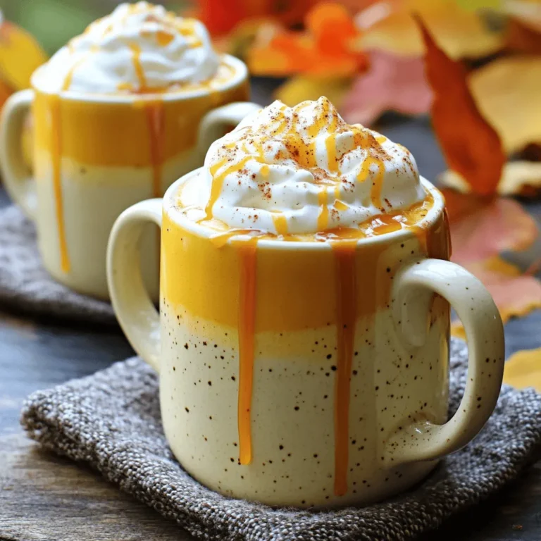 To make a Caramel Pumpkin Spice Latte in a slow cooker, gather these key ingredients: - 4 cups milk (any variety) - 1 cup brewed coffee (strong) - 1 cup pumpkin puree - 1/4 cup caramel sauce (plus extra for drizzling) - 2 tablespoons sugar (adjust to taste) - 1 teaspoon vanilla extract - 1 teaspoon pumpkin pie spice - 1/2 teaspoon cinnamon - Whipped cream for topping These ingredients create a creamy and rich drink, perfect for fall. You can make this recipe your own with some simple changes. - Milk: Use almond, oat, or coconut milk to make it dairy-free. - Coffee: Try using espresso for a stronger flavor. - Pumpkin Puree: If you don’t have pumpkin puree, use sweet potato puree. - Caramel Sauce: You can swap caramel for chocolate sauce for a different twist. - Sugar: Use maple syrup or honey instead of sugar for natural sweetness. These swaps help you cater to your taste or dietary needs. Add some fun to your latte with delicious toppings. - Whipped cream: This is a must for creaminess. - Extra caramel drizzle: It adds sweetness and looks great. - Pumpkin pie spice: A sprinkle on top boosts the fall flavor. - Cinnamon: For a warm, cozy touch. These optional toppings turn your latte into a festive treat everyone will love. Start by gathering your ingredients. You need: - 4 cups milk (any variety) - 1 cup brewed coffee (strong) - 1 cup pumpkin puree - 1/4 cup caramel sauce (plus extra for drizzling) - 2 tablespoons sugar (adjust to taste) - 1 teaspoon vanilla extract - 1 teaspoon pumpkin pie spice - 1/2 teaspoon cinnamon - Whipped cream for topping Next, grab your slow cooker. Pour in the milk, brewed coffee, pumpkin puree, and caramel sauce. Mix these well until they blend smoothly. Then, add the sugar, vanilla extract, pumpkin pie spice, and cinnamon. Stir again to combine everything nicely. Cover the slow cooker and set it to low heat. Cook for 2 hours. Make sure to stir the mixture every now and then. This helps prevent the ingredients from separating. After 2 hours, give it a good stir again. This ensures all the flavors mix well together. Now, it's time to serve! Use a ladle to pour the latte into mugs. Fill them about three-quarters full. Top each latte with whipped cream. Then, drizzle some extra caramel sauce on top. For a festive look, sprinkle a little pumpkin pie spice or cinnamon on the whipped cream. Enjoy your warm and cozy drink! To get the best taste from your caramel pumpkin spice latte, use strong brewed coffee. I suggest a dark roast. It balances well with the sweet caramel and pumpkin. Always use fresh pumpkin puree for a rich flavor. Canned pumpkin works too, but fresh adds a nice touch. The spices play a big role, so don’t skip the pumpkin pie spice and cinnamon. They bring warmth to the drink. Mix well to combine all flavors. One common mistake is overcooking the latte. Two hours on low is just right. Stir the mixture occasionally. This helps prevent any separation. If the latte is too sweet, lower the sugar. You can always add more later. For a creamier texture, use whole milk or a milk alternative, like oat milk. Avoid low-fat milk, as it won’t give the same richness. You can customize this latte in many ways. Want a chocolate twist? Add a scoop of cocoa powder. If you love nuts, sprinkle some crushed hazelnuts on top. For an extra kick, try adding a shot of espresso. This makes it stronger and gives a nice boost. You can also change the toppings. Try adding nutmeg or even a drizzle of chocolate syrup. Mix and match to find your perfect latte! {{image_2}} You can easily make a dairy-free version of this caramel pumpkin spice latte. Use almond milk, coconut milk, or oat milk instead of regular milk. These options keep the drink creamy and rich. I prefer coconut milk for its sweet flavor. It pairs well with pumpkin and caramel. Just remember to check the labels for added sugars or flavors. To boost the flavor, consider adding a pinch of nutmeg or cloves. These spices add warmth and depth to the latte. You can also mix in a splash of maple syrup for a new twist. If you love chocolate, try adding cocoa powder for a mocha version. Each of these options enhances the taste while keeping it cozy and comforting. If you want to cut down on sugar, use natural sweeteners. Honey or agave syrup works great. They add sweetness without refined sugar. You can also try stevia or monk fruit for a low-calorie option. Adjust the amount to your taste. It’s all about finding the right balance for your perfect cup! After you make your Caramel Pumpkin Spice Latte, let it cool down first. Pour any leftovers into an airtight container. Store it in the fridge for up to three days. When you want to enjoy it again, reheat it on the stove over low heat. Stir it often to warm it up evenly. You can also use the microwave. Heat it in 30-second bursts, stirring after each one until it’s warm. You can freeze your latte if you want to save it longer. Pour the cooled latte into freezer-safe containers. Leave some space at the top for expansion. It can last up to three months in the freezer. To enjoy, let it thaw in the fridge overnight. Then, reheat it as mentioned above. Each ingredient in this latte has its own shelf life. Milk lasts about a week after opening, depending on the type. Brewed coffee is best used fresh but can last up to four days in the fridge. Pumpkin puree can stay good for about a week after opening, too. Caramel sauce lasts for about a month in the fridge after opening. Always check for any off smells or changes before using. Yes, you can use flavored coffee. It adds a fun twist to the latte. Try vanilla, hazelnut, or caramel coffee. These flavors blend well with pumpkin and spices. Just remember to choose a strong brew. This helps the taste shine through. You can make this latte on the stove. Start by heating the milk, coffee, and pumpkin puree in a pot. Stir in the caramel, sugar, and spices. Keep the heat low to avoid boiling. Stir often for about 10 minutes. Once it's hot, pour it into mugs and add whipped cream. Store leftovers in an airtight container. Place it in the fridge for up to three days. To reheat, pour it into a pot and warm it gently. Stir often to keep it smooth. You can also use a microwave, but stir it halfway through. Enjoy your latte again! This blog post showed you how to make a delicious Caramel Pumpkin Spice Latte. You learned the key ingredients and some tasty substitutions. The step-by-step guide helped you with preparation and slow cooking. I shared tips for great flavor and avoiding mistakes. You also discovered fun variations and storage tips. Now, you can enjoy a cozy cup anytime. With these ideas, your latte will impress. You're ready to experiment and make it your own!