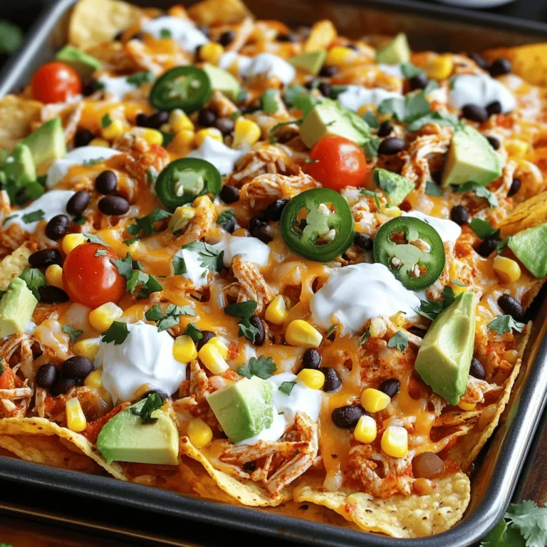 To make Cajun Chicken Sheet Pan Nachos, you need these key ingredients: - 2 boneless, skinless chicken breasts - 1 tablespoon Cajun seasoning - 1 tablespoon olive oil - 1 bag (10 oz) tortilla chips - 1 cup shredded mozzarella cheese - 1 cup shredded cheddar cheese - 1 cup black beans, drained and rinsed - 1 cup corn (canned or frozen, thawed) - 1 jalapeño, sliced - 1/2 cup cherry tomatoes, halved - 1 avocado, diced - Sour cream, for serving - Fresh cilantro, chopped, for garnish These ingredients blend well together and create a vibrant dish. The chicken brings a juicy element, while the cheese adds creaminess. The veggies give a fresh crunch that balances the flavors. You can add your own twist to these nachos. Here are some optional ingredients: - Pickled jalapeños for extra heat - Black olives for saltiness - Green onions for a fresh bite - Different cheese types, like pepper jack or gouda - Diced bell peppers for sweetness - Salsa for added zest Feel free to get creative. Each added ingredient can make your nachos special and tailored to your taste. To whip up these nachos, gather these kitchen tools: - Baking sheet - Mixing bowls - Forks for shredding chicken - Knife for slicing and dicing - Measuring spoons for accurate amounts Having these tools handy will ensure a smooth cooking process. You'll be ready to enjoy your delicious Cajun Chicken Sheet Pan Nachos in no time! Start by preheating your oven to 400°F (200°C). This gets the heat ready for cooking. Next, take your chicken breasts and place them in a bowl. Drizzle olive oil over the chicken. Then, sprinkle the Cajun seasoning evenly on top. Use your hands to coat the chicken well. This step makes the chicken tasty and full of flavor. Now, lay the seasoned chicken on a baking sheet. Bake it for 20-25 minutes. Make sure the chicken is cooked through and no longer pink in the middle. After baking, remove it from the oven. Let the chicken rest for a few minutes. Use two forks to shred the chicken into bite-sized pieces. Set it aside for the next step. Grab a large baking sheet for the nachos. Spread the tortilla chips in an even layer. This helps every chip get topped. Next, sprinkle the shredded chicken over the chips. Add the black beans and corn next. They give the nachos a nice crunch. Now, layer on the jalapeño slices and cherry tomatoes. These add a fresh taste. Finally, finish with the shredded mozzarella and cheddar cheese. The cheese will melt and hold everything together. With all the toppings ready, place the nachos in the oven. Bake them for another 10-15 minutes. Watch closely until the cheese is melted and bubbly. This is the best part! When they are done, take them out of the oven. Drizzle sour cream over the top for creaminess. Then, add diced avocado and chopped cilantro for a pop of color and flavor. Enjoy your Cajun Chicken Sheet Pan Nachos hot and fresh! To cook chicken well, start with good-quality meat. Use boneless, skinless chicken breasts for best results. Coat the chicken with olive oil first. This helps the seasoning stick. Sprinkle Cajun seasoning evenly over the chicken. It gives great flavor. Bake at 400°F for 20-25 minutes. Check that the chicken is no longer pink inside. Let it rest for a few minutes. Then, shred it with two forks. This makes it easy to layer on your nachos. Cheese is key to great nachos. Use a mix of mozzarella and cheddar for best taste. Spread the cheese evenly over the toppings. This ensures every bite has cheesy goodness. Bake the nachos until the cheese is bubbly. This usually takes 10-15 minutes at 400°F. Keep an eye on it so the cheese does not burn. The melted cheese will hold everything together. For a fun twist, add fresh ingredients when serving. Diced avocado adds creaminess. Sliced jalapeños bring heat. Halved cherry tomatoes add a juicy burst. Top with a drizzle of sour cream for tanginess. Fresh cilantro adds a bright finish. These toppings enhance flavor and make the dish look great. Enjoy your Cajun Chicken Sheet Pan Nachos with friends! {{image_2}} You can easily make these nachos vegetarian. Swap the chicken for extra black beans or lentils. You can also use grilled veggies like bell peppers, zucchini, or mushrooms. These add great flavor and texture. For cheese, keep the mozzarella and cheddar, or try a vegan cheese option. If you want to change the protein, many options work great. You can use seasoned shrimp or ground turkey for a different taste. Even pulled pork or beef works well in this dish. Each protein brings its own flavor, making your nachos unique. Get creative with your toppings! Add pickled onions for a tangy bite. Fresh corn salsa gives a sweet crunch. You can try different cheeses, like pepper jack for spice. Don't forget avocado and sour cream for creaminess. Each topping adds layers of flavor and fun. After you enjoy your Cajun chicken sheet pan nachos, you might have some left. Store any leftovers in an airtight container. Keep them in the fridge for up to three days. If you have more, consider freezing some for later. Reheating nachos can be tricky. I suggest using an oven for the best taste. Preheat your oven to 350°F (175°C). Place the nachos on a baking sheet. Heat them for about 10 minutes until warm and the cheese melts again. This keeps the chips crunchy. If you want to freeze your nachos, do it before baking. Assemble them on a baking sheet, but do not bake. Wrap the sheet in plastic wrap and foil. Freeze for up to three months. When you're ready, bake them straight from the freezer. Just add a few extra minutes to the cooking time. Enjoy your tasty meal later! Cajun Chicken Sheet Pan Nachos last about three to four days in the fridge. To store them, place the nachos in an airtight container. If you leave the toppings on, the chips may get soggy. To keep them crunchy, store the chips and toppings separately. Yes, you can make these nachos ahead of time. Cook the chicken and store it in the fridge. You can also prepare the toppings and set them aside. When you are ready to eat, just layer the nachos and bake them. This makes it fast and easy for game day or a party. You can use other seasonings like taco seasoning or chili powder. These add great flavor too. If you like heat, try using spicy taco seasoning. For a milder taste, stick to classic Italian herbs. Experiment with what you love for a fun twist on these nachos. This blog post covered how to make Cajun Chicken Sheet Pan Nachos. We listed the required and optional ingredients to help you customize your dish. I shared step-by-step instructions and kitchen tools to simplify your cooking. I also provided tips for cooking chicken and melting cheese perfectly. You can explore variations for vegetarian or different protein options. Lastly, we discussed how to store leftovers and answered common questions. Now you're ready to create delicious nachos. Enjoy experimenting with flavors and make it your own!