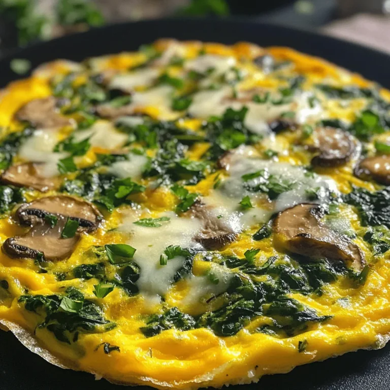 Here’s what you need for your spinach mushroom frittata: - 6 large eggs - 1 cup fresh spinach, chopped - 1 cup mushrooms, sliced (button or cremini) - 1/2 cup bell pepper, diced (any color) - 1/4 cup onion, finely chopped - 1/2 cup shredded cheese (cheddar or feta) - 2 tablespoons olive oil - Salt and pepper to taste - 1 teaspoon garlic powder - Fresh herbs (like parsley or basil) for garnish These ingredients create a tasty dish that is simple and healthy. You can mix and match based on what you have. For example, any color of bell pepper works well. The fresh spinach adds a nice touch and bright color. Use your favorite cheese to add creaminess. You can even try different mushrooms for unique flavors. Each ingredient adds a layer of taste and nutrition. Make sure to use fresh items for the best results. Fresh herbs on top make it look beautiful and add flavor. This recipe is easy to follow and perfect for breakfast, lunch, or brunch. Enjoy cooking with these wholesome ingredients! - Preheat the oven to 375°F (190°C). - In a large bowl, crack the six eggs. Whisk them well. Add salt, pepper, and garlic powder. - Heat two tablespoons of olive oil in a large skillet over medium heat. - Add the finely chopped onion and bell pepper. Sauté until softened, about 3-4 minutes. - Add one cup of sliced mushrooms to the skillet. Cook until they brown, about 4-5 minutes. - Now, stir in one cup of chopped spinach. Let it wilt for 1-2 minutes. - Pour the egg mixture evenly over the veggies in the skillet. Stir gently to mix. - Sprinkle half a cup of shredded cheese on top of the egg mixture. - Let the frittata cook on the stovetop for 3-4 minutes. Check if the edges start to set. - Carefully transfer the skillet to the preheated oven. Bake for 15-20 minutes. The frittata should puff and set in the center. - Once done, remove it from the oven. Let it cool slightly before slicing into wedges. - Garnish with fresh herbs like parsley or basil before serving. This frittata is simple, healthy, and packed with flavor! Enjoy your meal! - Best pan to use for even cooking I recommend using a large, oven-safe skillet. A cast-iron or non-stick pan works best. These materials heat evenly and help the frittata cook without sticking. - Importance of not overcooking the eggs Keep an eye on the frittata towards the end. Overcooking can lead to a rubbery texture. The frittata is ready when it puffs up but is still slightly soft in the center. - Use of fresh ingredients for enhanced flavor Fresh spinach, mushrooms, and herbs make a big difference. They add vibrant color and taste. Fresh ingredients elevate the dish and give it a pop of flavor. - Recommended sides for frittata Pair your frittata with a light salad or crusty bread. Fresh fruit also makes a nice side. These options balance the meal and add freshness. - Ideas for breakfast or brunch settings Serve it hot for breakfast or brunch. You can cut it into wedges and arrange it on a platter. This makes it fun to share and enjoy with friends and family. - Serving for different occasions A frittata is perfect for any gathering. You can serve it for a holiday brunch or a casual weekend breakfast. It’s also great for meal prep during busy weeks. {{image_2}} You can change up your frittata with different veggies. Try zucchini or asparagus. Both add a fresh taste and a nice crunch. You can also swap the cheese. Goat cheese gives a tangy flavor, while mozzarella adds creaminess. Want more protein? You can add ham, bacon, or tofu. Each option brings its own unique flavor. Bacon gives a smoky taste, while tofu is a great meat-free choice. Add herbs and spices to boost the taste. Fresh parsley or basil brightens the dish. You can also use dried herbs like oregano or thyme. Each brings warmth and depth. Changing your cooking oil can also enhance flavor. Use avocado oil for a buttery touch or coconut oil for a hint of sweetness. If you like heat, add some peppers. Jalapeños or red pepper flakes can spice things up. Just remember to adjust the amount to your taste. To keep your leftover spinach mushroom frittata fresh, store it in the refrigerator. Let it cool down first. Then, cut it into wedges for easy serving. Place the slices in an airtight container. This method helps keep the frittata moist and tasty. You can also wrap individual slices tightly in plastic wrap. This way, you can grab one quickly for a snack or meal. If you have extra frittata, make sure it goes in the fridge within two hours of cooking. This keeps the food safe to eat. When you want to enjoy your frittata again, reheating it properly is key. The best way is to use an oven or toaster oven. Preheat the oven to 350°F (175°C). Place the frittata wedges on a baking sheet. Heat for about 10 to 15 minutes. This method warms it evenly and helps keep the texture nice. If you’re in a hurry, you can use the microwave. Place a slice on a microwave-safe plate. Cover it with a damp paper towel. Heat it for 30 seconds to one minute. Check to see if it's warm throughout. This helps prevent it from drying out. Enjoy your frittata as if it were freshly made! Yes, you can prepare this frittata ahead of time. Cook it and let it cool. Then, store it in the fridge for up to three days. This makes breakfast quick and easy. To reheat leftover frittata, use an oven or microwave. For the oven, set it to 350°F (175°C). Place the frittata on a baking sheet. Heat it for about 10-15 minutes. For the microwave, warm it for 30-60 seconds. Yes, you can freeze a frittata. Slice it first and wrap each piece in plastic wrap. Place the slices in a freezer-safe bag. It can last for up to three months. Just thaw it overnight in the fridge before reheating. The frittata is done when it is puffed and set in the center. You can check by inserting a toothpick in the middle. If it comes out clean, it’s ready to enjoy. Frittatas pair well with a fresh salad, fruit, or toast. You can also serve it with a dollop of yogurt or salsa. This adds a nice touch of flavor and freshness to the meal. This blog post covered how to make a tasty spinach and mushroom frittata. We talked about the ingredients you need, the steps for cooking it, and helpful tips for the best results. I shared variations to suit your taste preferences and how to store leftovers. In conclusion, this frittata is a great dish for any meal. It is simple to make, and you can customize it any way you like. Enjoy cooking and sharing this delightful recipe with friends and family!