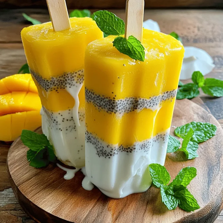 You need fresh and ripe mangoes for the best flavor. Choose two ripe mangoes and peel them. Dice them into small pieces. Also, grab one cup of coconut milk. You can use canned or fresh coconut milk. This gives a creamy taste. You will also need a pinch of salt to enhance the flavors. For sweetness, you can use two tablespoons of honey or maple syrup. Adjust the amount based on your taste. Honey adds a nice floral note, while maple syrup gives a rich flavor. Both options work well in this recipe. You will need a blender to mix everything smoothly. A mixing bowl is helpful for combining the chia seeds. Find popsicle molds to shape your treats. Lastly, popsicle sticks are needed to hold everything together while freezing. First, gather your ripe mangoes. You need two of them, peeled and diced. Place the diced mango in a blender. Add one cup of coconut milk, honey or maple syrup, vanilla extract, and a pinch of salt. Blend all these ingredients until the mixture is smooth and creamy. This creates a rich mango base for your popsicles. Now, take about half of the mango mixture and pour it into a mixing bowl. Next, add a quarter cup of chia seeds to that bowl. Stir well to combine. Let this sit for about 10 to 15 minutes. This step helps the chia seeds absorb some liquid and swell. It will give your popsicles a nice texture. Grab your popsicle molds. First, pour the remaining mango mixture into each mold. Fill them halfway. Then, carefully spoon the chia mixture on top of the mango layer. Fill the molds to about three-quarters full. If you want, you can add more mango mixture on top for a colorful look. Insert the popsicle sticks into the molds. Place them in the freezer and let them freeze for at least 4 to 6 hours. This waiting time is crucial for the popsicles to become solid. When ready to serve, run warm water over the outside of the molds for a few seconds. This will help you gently pull the popsicles out without breaking them. To get the best texture, use ripe mangoes. They add sweetness and creaminess. Blend the mango well with coconut milk until it is smooth. This step ensures a rich flavor. Let the chia seeds sit in the mango mixture. This helps them soak up liquid and swell, giving a nice texture. If you like your popsicles sweeter, add more honey or maple syrup. Taste as you go to find your perfect level. Serve these popsicles on a hot day for a cool treat. You can enjoy them straight from the mold or place them on a plate. Pair them with fresh mango slices and mint leaves for added flavor. Drizzling a little coconut milk on top makes them look fancy. You can even chop up some nuts for a crunch. These popsicles are great for parties or family gatherings. For an eye-catching look, use a wooden board. Place the popsicles on it and add mango slices around them. A sprinkle of fresh mint will brighten the dish. Use clear molds to show off the layers. The colors of mango and chia look great together. If you want, add a little extra mango mixture on top before freezing. This gives a nice visual effect when you serve them. {{image_2}} You can change up the flavor of your popsicles. Try using peaches or strawberries. They add sweetness and color. Pineapple also works well. Just adjust the amount of sweetener based on the fruit's natural sugar. Mixing fruits can create fun combinations. Mango and pineapple can give a tropical twist. Be creative and find your favorite mix! If you want a dairy-free treat, coconut milk is perfect. You can also try almond or oat milk. These milks blend well and keep the popsicles creamy. They add their own unique flavors too. The key is to choose a milk that you enjoy. This way, your popsicles will taste even better! Honey and maple syrup are great choices for sweetening. But you can use agave syrup or stevia too. Each sweetener changes the taste a bit. For a low-sugar option, try using ripe bananas. They add natural sweetness and creaminess. Just blend them into the mango mix for a tasty treat. To store your mango coconut chia popsicles, keep them in their molds. If you have extra popsicles, wrap them in plastic wrap or place them in an airtight container. This keeps them fresh and prevents freezer burn. Make sure to label the container with the date. These popsicles can last up to three months in the freezer. After that, they may lose flavor and texture. For the best taste, enjoy them within this time frame. When you want to eat a popsicle, run warm water over the mold for about 10 seconds. This helps loosen the popsicle from the mold. If you prefer a quicker method, leave it out at room temperature for a few minutes. This will soften it just enough to pull it out. Enjoy your refreshing treat! Yes, you can use frozen mango. Frozen mango works well in this recipe. It adds a nice chill and makes blending easy. Just let it thaw a bit before blending. This will help you get a smooth mix. You can freeze the popsicles for up to two months. Just keep them in a tightly sealed bag or container. This helps prevent freezer burn and keeps them fresh. When you are ready to eat, just take them out and enjoy. Absolutely! You can add seeds like flaxseed or hemp seeds. If you love nuts, try crushed almonds or walnuts. Just remember not to add too much. You want to keep the popsicles smooth and tasty. No popsicle molds? No problem! You can use small cups or ice cube trays. Just pour the mixture into them and insert sticks when partially frozen. This way, you can still enjoy your mango coconut chia popsicles! Making tasty popsicles is simple and fun. We covered fresh ingredients, sweeteners, and needed equipment. The steps—blending, layering, filling, and freezing—are easy to follow. I shared tips for great texture and fun serving ideas. You can explore fruit variations and storage tips too. In the end, enjoy creating your own popsicle flavors. The process brings joy and a sweet treat.