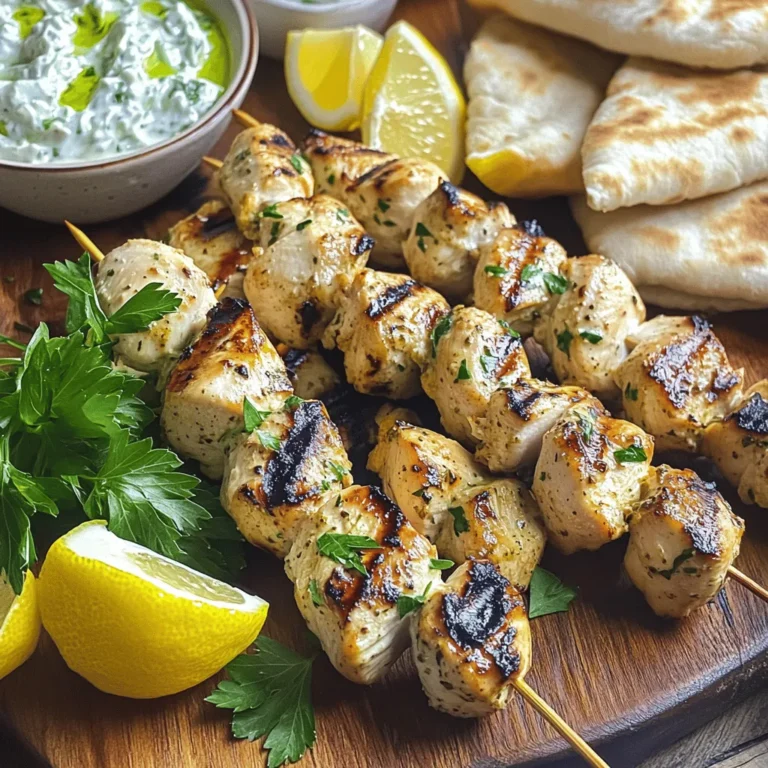 To make Greek chicken souvlaki, you will need: - 1 lb (450g) boneless, skinless chicken breast, cut into 1-inch cubes - 3 tablespoons olive oil - 3 tablespoons lemon juice - 2 teaspoons dried oregano - 2 teaspoons garlic powder - 1 teaspoon onion powder - Salt and pepper, to taste - Wooden or metal skewers (if using wooden skewers, soak them in water for 30 minutes) These ingredients create a tasty base for your skewers. The chicken gives a nice, juicy bite, while olive oil and lemon juice add flavor and moisture. The marinade is key to great flavor. It includes: - Olive oil - Lemon juice - Dried oregano - Garlic powder - Onion powder - Salt and pepper Mix these ingredients well in a bowl. The acid from the lemon juice helps tenderize the chicken. Oregano adds a fresh taste, and garlic powder gives depth. When picking chicken, look for these signs: - Firm texture - Pink color - No strong smell Fresh chicken should feel cold to the touch and have no signs of discoloration. Always check the expiration date. If possible, buy from local farms for added quality and flavor. To start, you need to make the marinade. In a large bowl, whisk together these ingredients: - 3 tablespoons olive oil - 3 tablespoons lemon juice - 2 teaspoons dried oregano - 2 teaspoons garlic powder - 1 teaspoon onion powder - Salt and pepper, to taste Mix them well. The olive oil adds richness. The lemon juice gives a bright flavor. Oregano brings that lovely Greek taste. Garlic and onion powders add depth. Now, it’s time to marinate the chicken. Cut 1 pound of boneless, skinless chicken breast into 1-inch cubes. Add the chicken to the marinade. Stir until each piece is coated. Cover the bowl with plastic wrap. Refrigerate for at least 30 minutes. You can leave it for up to 4 hours for even more flavor. The longer it sits, the better it tastes. When you're ready to cook, preheat your grill or grill pan over medium-high heat. If you're using wooden skewers, soak them in water for 30 minutes first. This prevents them from burning on the grill. Next, thread the marinated chicken onto the skewers. Leave a small space between each piece. This helps them cook evenly. Place the skewers on the grill. Cook for about 10-12 minutes. Turn them occasionally so they get nice grill marks. Check that the internal temperature reaches 165°F (75°C). Once cooked, take the skewers off the grill and let them rest for a few minutes. This helps keep them juicy. Enjoy your flavorful Greek chicken souvlaki skewers! To get juicy, tender chicken, focus on the grill's heat. Preheat your grill to medium-high. This helps to sear the chicken well. Keep an eye on your skewers as they cook. Turn them every few minutes. This ensures even cooking and nice grill marks. The chicken should reach an internal temperature of 165°F (75°C) when done. Marinating is key for great flavor. Start by mixing olive oil, lemon juice, oregano, garlic powder, onion powder, salt, and pepper in a bowl. Add the chicken cubes and coat them fully. Cover the bowl and refrigerate for at least 30 minutes. For even better flavor, marinate for up to 4 hours. This lets the chicken soak up all the good flavors. Serve your souvlaki skewers on a big platter. Garnish with fresh lemon wedges and chopped parsley. A side of tzatziki sauce is a must for dipping. Pair the skewers with warm pita bread and a simple Greek salad. This makes a colorful and tasty meal that everyone will enjoy. {{image_2}} If you want a veggie version of Greek chicken souvlaki, try using tofu or halloumi cheese. Both options soak up flavors well. Cut tofu or halloumi into cubes. Marinate them just like the chicken. Grill until they get golden brown and crisp. You can also use veggies like bell peppers, zucchini, or mushrooms. Just cut them into bite-sized pieces and marinate. Skewering a mix of these items makes a colorful and tasty dish. Feel free to play with spices and herbs. Instead of oregano, try thyme or rosemary for a different flavor. You can add smoked paprika for a hint of smokiness. For some heat, add red pepper flakes or cayenne pepper. If you love citrus, include lime juice instead of lemon. Each choice gives a new twist to your souvlaki. Mix and match until you find your favorite blend! To make your meal complete, serve sides that pair well with souvlaki. A classic Greek salad is a great choice. Combine tomatoes, cucumbers, red onion, and feta cheese. Drizzle olive oil and lemon juice on top for flavor. You can also serve warm pita bread or tzatziki sauce for dipping. This creamy sauce made of yogurt, cucumber, and garlic adds a refreshing touch. Add some roasted vegetables or rice for a filling meal. To store leftover Greek chicken souvlaki skewers, let them cool first. Place them in an airtight container. This keeps the chicken fresh and tasty. You can keep them in the fridge for up to 3 days. If you have a lot, separate them into smaller portions for easy meals later. When you’re ready to eat your leftovers, the best way to reheat them is in the oven. Preheat your oven to 350°F (175°C). Place the skewers on a baking sheet. Heat them for about 10-15 minutes or until they are warm. This method keeps the chicken juicy. You can also use a microwave, but it might dry them out. Heat in short bursts, checking often. If you want to save the skewers for later, you can freeze them. Wrap each skewer tightly in plastic wrap. Then put them in a freezer bag. They can last for about 3 months in the freezer. To thaw, move them to the fridge overnight. For a quick thaw, place them in cold water for an hour. After thawing, reheat as mentioned above. Enjoy your meal anytime! To keep chicken moist, use a good marinade. The olive oil and lemon juice in the marinade help lock in moisture. Make sure to not overcook the chicken. Use a meat thermometer to check that it reaches 165°F (75°C). Grilling at medium-high heat also helps, as it cooks the chicken quickly while keeping the inside juicy. Yes, you can use other proteins! Pork, beef, or shrimp work well. Just adjust the cooking times. For shrimp, grill for about 3-4 minutes. For pork or beef, use similar marinating and grilling times as the chicken. Make sure they also reach the right internal temperature for safety. Marinate the chicken for at least 30 minutes. This allows the flavors to soak in. For a deeper taste, marinate for up to 4 hours. Avoid marinating too long, as the acid in lemon juice can change the chicken's texture. This article covered key parts of making Greek chicken souvlaki. We explored the main ingredients, including the marinade, and how to select fresh chicken. You learned to prepare, marinate, skewer, and grill the chicken like a pro. We also shared tips for perfect grilling, serving ideas, and variations for everyone. Remember to store leftovers correctly and reheat them well. Enjoy trying this tasty dish. With these steps, you'll create a meal that impresses. Delicious Greek souvlaki awaits you.