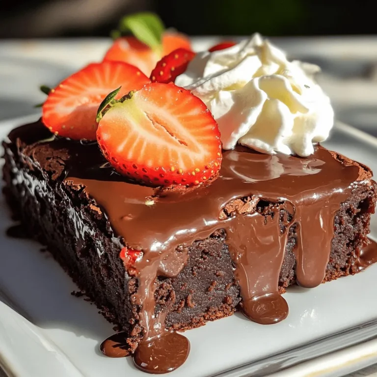 To make these chocolate covered strawberry brownies, gather the following items: - 1 cup unsalted butter, melted - 2 cups granulated sugar - 4 large eggs - 1 teaspoon vanilla extract - 1 cup all-purpose flour - 1 cup cocoa powder - ½ teaspoon salt - 1 cup fresh strawberries, hulled and sliced - 1 cup semi-sweet chocolate chips - 1 tablespoon coconut oil (for melting chocolate) These ingredients blend to create a rich brownie base, topped with chocolate and strawberries. You can add fun toppings to enhance your brownies: - Extra sliced strawberries for a fresh touch - Whipped cream for a creamy contrast - A sprinkle of sea salt for a flavor boost - Chopped nuts for crunch These options make your treats even more delightful. Feel free to mix and match! If you need to swap some ingredients, here are some ideas: - Use coconut oil instead of butter for a dairy-free option. - Replace granulated sugar with brown sugar for a richer flavor. - Try almond flour in place of all-purpose flour for a gluten-free version. - Use dark chocolate chips if you prefer a stronger chocolate taste. These substitutions can help you tailor the recipe to your needs while keeping the deliciousness intact! First, you need to set your oven to 350°F (175°C). This step is key for even baking. While the oven warms up, get your 9x13 inch baking pan ready. You can grease it with butter or spray. For easier removal, you can line it with parchment paper. Next, grab a large mixing bowl. Pour in 1 cup of melted unsalted butter. Add 2 cups of granulated sugar. Use a whisk to mix them well until smooth. Now, crack in 4 large eggs, adding them one at a time. Beat well after each egg. Finally, stir in 1 teaspoon of vanilla extract. This gives the brownies a lovely flavor. In a separate bowl, sift together 1 cup of all-purpose flour, 1 cup of cocoa powder, and ½ teaspoon of salt. This helps remove any lumps. Slowly add this dry mix to your wet ingredients, stirring gently. You want everything combined but don’t overmix. Now, fold in 1 cup of hulled and sliced fresh strawberries. Be gentle to keep the strawberries intact. Pour the batter into your prepared pan and spread it evenly with a spatula. Bake in the oven for 25 to 30 minutes. To check if they are done, insert a toothpick in the center. If it comes out with a few moist crumbs, they are ready! To get the best brownie texture, use room temperature eggs. This helps them mix well. Mix the wet and dry ingredients just until combined. Overmixing can make them tough. Bake them until a toothpick shows a few moist crumbs. This keeps them fudgy and soft. When melting chocolate, use a microwave-safe bowl. Add chocolate chips and a tablespoon of coconut oil. Heat in 30-second bursts. Stir after each burst to avoid burning. The chocolate should be smooth and shiny. This method gives a great finish to your brownies. Store leftover brownies in an airtight container. They stay fresh for up to five days. To reheat, pop them in the microwave for about 10 seconds. This warms them up without drying them out. Enjoy them warm with whipped cream for a special touch! {{image_2}} You can make these brownies gluten-free. Just swap the all-purpose flour for a gluten-free blend. Look for a blend that has a good mix of starches and flours. This keeps the brownies soft and moist. The rest of the recipe stays the same. You can enjoy the same rich flavor with no gluten. To make vegan chocolate covered strawberry brownies, replace the eggs with flax eggs. Mix one tablespoon of ground flaxseed with two and a half tablespoons of water for each egg. Let it sit until it thickens. For the butter, use vegan butter or coconut oil. Choose dairy-free chocolate chips for the topping. Your brownies will still taste amazing! You can add flavors to your brownies. Try mixing in nuts like walnuts or pecans for crunch. A dash of espresso powder can boost the chocolate flavor. For a fruity twist, add orange or lemon zest to the batter. Each of these options gives you a new way to enjoy these brownies! You want to keep your brownies fresh. First, let them cool completely. Then, cut them into squares. Place them in an airtight container. If you have room, add a piece of parchment paper between layers. This keeps them from sticking together. Store the container at room temperature for up to three days. If you want them to last longer, put them in the fridge. Freezing is a great option if you have extra brownies. Start with the same steps: let them cool and cut them into squares. Wrap each square in plastic wrap tightly. Then, place them in a freezer-safe bag. Label the bag with the date. You can freeze brownies for up to three months. When you’re ready to eat them, take them out. Let them thaw in the fridge or at room temperature. To enjoy your brownies at their best, know their shelf life. At room temperature, they last about three days. In the fridge, they stay fresh for up to a week. Always check for signs of spoilage, like an off smell or mold. If you see either, it’s best to toss them. To keep them moist, avoid direct sunlight and heat sources. Enjoy your chocolate covered strawberry brownies while they are still tasty! Yes, you can use frozen strawberries. Just thaw them first. Drain excess liquid to avoid a soggy brownie. Fresh strawberries add great flavor, but frozen ones work well too. They also save time! Check the brownies after 25 minutes. Insert a toothpick into the center. If it comes out with a few moist crumbs, they are ready. Brownies should not look wet. They will finish cooking as they cool. Absolutely! These brownies are perfect for celebrations. Their rich flavor and fun look impress guests. The chocolate and strawberries create a delightful mix. Serve them with whipped cream for an extra treat. This blog post shared how to make chocolate-covered strawberry brownies from start to finish. We covered key ingredients, how to bake, and tips for perfect texture. You learned about fun variations and how to store your brownies for later. In the end, making brownies is fun and easy. With a few simple steps, you can impress your friends and family. Enjoy the sweet taste and joy of sharing your treats!