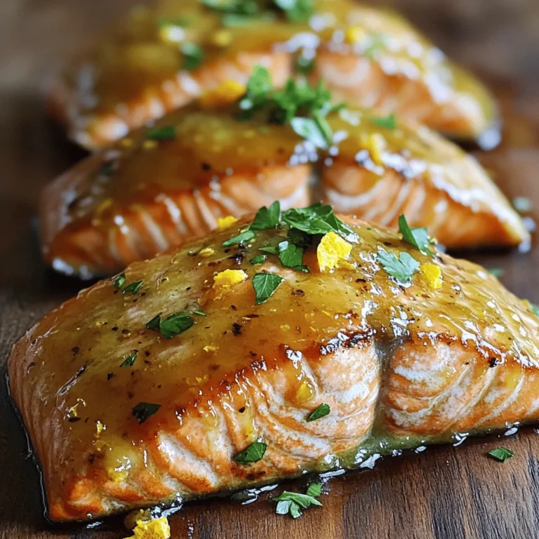 To make Honey Orange Glazed Salmon, you need the following simple items: - 4 salmon fillets (about 6 oz each) - 1/4 cup honey - 1/4 cup freshly squeezed orange juice - Zest of 1 orange - 2 tablespoons soy sauce (or tamari for gluten-free) - 1 tablespoon Dijon mustard - 1 clove garlic, minced - 1 teaspoon fresh ginger, grated - Salt and pepper to taste - 2 tablespoons olive oil - Fresh parsley or cilantro for garnish Each ingredient plays a key role in creating a tasty dish. The salmon serves as the star, while honey and orange juice add sweetness and zest. The soy sauce gives depth, and Dijon mustard brings a hint of spice. Garlic and ginger add warmth and flavor. Using fresh ingredients makes a big difference. Fresh salmon has a great texture and flavor. Fresh orange juice and zest enhance the dish with bright notes. I recommend preparing all your ingredients ahead of time. This way, cooking becomes smooth and fun. Enjoy the process! To start, I love making the honey-orange glaze. In a small bowl, I whisk together: - 1/4 cup honey - 1/4 cup freshly squeezed orange juice - Zest of 1 orange - 2 tablespoons soy sauce - 1 tablespoon Dijon mustard - 1 clove garlic, minced - 1 teaspoon fresh ginger, grated Make sure all the ingredients mix well. This glaze adds a sweet and tangy flavor to the salmon. Now, let’s cook the salmon. First, I pat the salmon fillets dry with paper towels. Then, I season them with salt and pepper. This adds great taste. Next, I heat 2 tablespoons of olive oil in an oven-safe skillet over medium-high heat. Once hot, I add the salmon fillets, skin-side down. I sear them for about 3 to 4 minutes until the skin gets crispy. After that, I carefully flip the fillets. I pour the honey orange glaze over them, making sure they are well coated. Then, I transfer the skillet to a preheated oven set at 400°F (200°C). I bake the salmon for 8 to 10 minutes. It should flake easily with a fork when done. If I want a caramelized finish, I broil the salmon for 1 to 2 minutes. I keep a close eye to avoid burning. Once the salmon is ready, I remove the skillet from the oven and let it rest for a minute. I serve the salmon warm, drizzled with any remaining glaze from the skillet. To make it look nice, I garnish it with fresh parsley or cilantro. This adds a pop of color and freshness to the dish! To get the perfect glaze on your salmon, cook it just right. Aim for 8-10 minutes in the oven. The salmon should flake easily with a fork when done. If you want a caramelized finish, you can broil the salmon for 1-2 minutes. Just keep an eye on it to prevent burning. This extra step adds a lovely crisp layer to your dish. Consider adding fresh herbs like thyme or dill for extra flavor. You can also sprinkle some red pepper flakes for a bit of heat. As for sides, serve your salmon with a fresh salad or steamed veggies. Brown rice or quinoa can complement the dish well, too. These choices enhance the meal and balance the sweet glaze. Use an oven-safe skillet made of cast iron or stainless steel for best results. These materials hold heat well and help cook the salmon evenly. A meat thermometer is key to ensure perfect doneness. Aim for an internal temperature of 145°F. This tool helps you avoid overcooking and keeps your salmon juicy. {{image_2}} You can swap salmon for chicken or tofu. Each option gives a new twist. When using chicken, check that it reaches 165°F. For tofu, press it first to remove water. Cook times will differ too. Chicken takes about 20-25 minutes, while tofu cooks faster at 15-20 minutes. Adjust the glaze as needed for taste. Try adding lemon or lime juice for a zesty touch. These fruits bring bright notes to the dish. You can also mix in other fruit flavors like mango or pineapple. This change adds a fun layer of taste. Just be sure to balance sweetness and acidity for the best results. For gluten-free options, use tamari instead of soy sauce. This keeps the flavor intact while catering to dietary needs. If you want a low-calorie version, reduce honey to 2 tablespoons. You can also use less olive oil. These simple swaps help keep the dish healthy without losing flavor. After enjoying your Honey Orange Glazed Salmon, let it cool to room temperature. Place the salmon in an airtight container. This helps keep the fish fresh. Store it in the refrigerator. It stays good for 3 to 4 days. If you want to keep it longer, consider freezing it. To reheat salmon, the best method is to use the oven. Preheat the oven to 275°F (135°C). Place the salmon on a baking sheet. Cover it with foil to keep it moist. Heat for about 15 minutes. This way, the fish stays soft and tasty. Avoid using the microwave, as it can dry out the salmon. You can freeze salmon with the glaze or without it. If you freeze it with the glaze, the flavor will stay strong. Wrap each piece tightly in plastic wrap. Then, place them in a freezer bag. For best results, use them within 2 to 3 months. When you’re ready to eat, thaw the salmon in the fridge overnight. This gives you the best texture and flavor. Yes, you can use frozen salmon. Just make sure to thaw it first. Place the salmon in the fridge overnight or submerge it in cold water for a quicker thaw. Once thawed, pat it dry before seasoning. This helps the glaze stick better. You can store leftover salmon in the fridge for up to three days. Keep it in an airtight container. This keeps it fresh and tasty. If you're not eating it right away, consider freezing it. Several side dishes go well with this salmon. Here are some great options: - Steamed broccoli - Roasted sweet potatoes - Quinoa salad - Brown rice - Grilled asparagus These sides add color and flavor to your meal. Enjoy mixing and matching! In this article, we explored a tasty Honey Orange Glazed Salmon recipe. We covered key ingredients, step-by-step cooking instructions, and tips to make your dish a success. Whether you use salmon, chicken, or tofu, there’s a method for everyone. Storing and reheating your leftovers properly ensures you enjoy this meal again. I hope you feel inspired to try this dish and experiment with flavors. Cooking can be fun and rewarding, and this recipe is a great way to start! Enjoy your culinary adventure!
