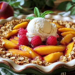 - 4 ripe peaches, peeled and sliced - 1 cup fresh raspberries - 1 cup rolled oats - 1/2 cup all-purpose flour - 1/2 cup brown sugar - 1/4 cup granulated sugar - 1 teaspoon ground cinnamon - 1/4 teaspoon salt - 1/2 cup cold unsalted butter, cubed - 1 teaspoon vanilla extract Peaches bring sweetness and juiciness. Choose ripe ones for the best flavor. Raspberries add a tart kick, balancing the sweetness of the peaches. Oats and flour create a crunchy topping that makes this dessert special. - Vanilla ice cream for serving - Mint for garnish Vanilla ice cream adds creaminess and extra flavor. A sprig of mint brightens up the dish and makes it look pretty. - Gluten-free options: Use gluten-free oats and flour. - Alternative sweeteners: Swap brown sugar for coconut sugar or honey. You can easily adapt this recipe. Gluten-free eaters can enjoy it too. Using alternative sweeteners helps if you want less sugar. Prepping the fruit Start by peeling and slicing four ripe peaches. Make sure the peaches are soft to the touch. Next, take one cup of fresh raspberries. Place both fruits in a large mixing bowl. Sprinkle one tablespoon of granulated sugar over them. Gently toss to coat the fruit with sugar. This step brings out the natural juices and sweetness. Mixing dry ingredients In another bowl, mix one cup of rolled oats, half a cup of all-purpose flour, half a cup of brown sugar, one teaspoon of ground cinnamon, and a quarter teaspoon of salt. Use a whisk to combine these dry ingredients well. Mixing them evenly helps ensure every bite is flavorful. Layering the fruit and topping Grease a 9x9-inch baking dish with butter or cooking spray. Spread the peach and raspberry mixture evenly at the bottom. This creates a delicious base for your crisp. Next, take the oat mixture and sprinkle it generously over the fruit layer. Make sure to cover all the fruit. This topping will turn golden brown and crunchy while baking. Optimal oven settings Preheat your oven to 350°F (175°C). This temperature helps cook the fruit while crisping the topping. Baking time guidelines Place the baking dish in the preheated oven. Bake for 30 to 35 minutes. Keep an eye on it. The topping should turn golden brown, and the fruit should bubble. Once done, remove it from the oven and let it cool slightly before serving. Enjoy this warm dessert with a scoop of vanilla ice cream for a treat! When picking peaches, choose ripe ones. Ripe peaches feel soft but not mushy. They have a sweet smell and a nice color. Unripe peaches are hard and lack flavor. You can let unripe peaches sit at room temperature to ripen. Check them daily for softness. A good topping makes the dish shine. For the best texture, combine oats, flour, and sugar. Use cold butter, and blend until it looks like coarse crumbs. This gives a nice crunch. To enhance flavor, add a pinch of nutmeg or some chopped nuts. You can even mix in a bit of coconut for a tropical twist. Tweak it to your liking to create a unique topping! Serving Peach Raspberry Crisp warm is key. Top it with a scoop of vanilla ice cream. The cold ice cream melts with the warm crisp, creating a perfect treat. For a nice touch, garnish with a sprig of mint. This adds color and a fresh aroma. Serve it in clear bowls to show off those lovely layers! {{image_2}} You can change the fruit in your crisp. Adding other berries, like blueberries or strawberries, gives it a new twist. Each berry brings its own flavor, making your dessert fun and fresh. You can also mix in different stone fruits. Try plums or nectarines for a unique taste. These fruits pair well with peaches and raspberries. If you want a lighter dessert, reduce the sugar. You can cut the brown sugar by half. This way, the fruit’s natural sweetness shines. Making it vegan is easy, too. Use coconut oil instead of butter. You can also swap the granulated sugar for maple syrup or agave nectar. Both give a nice flavor while keeping it plant-based. You can adjust your recipe for seasonal fruits. In summer, fresh peaches and raspberries taste great. In fall, try using apples and pears. Both options will keep your crisp delicious year-round. This way, you can enjoy the best flavors each season has to offer. To store leftover peach raspberry crisp, let it cool first. Cover it tightly with plastic wrap or foil. Place it in the fridge. It will stay fresh for up to four days. To reheat, preheat your oven to 350°F (175°C). Place the crisp in an oven-safe dish. Heat for about 10 to 15 minutes, until warm. You can also microwave it for a quick option. Just heat it for 30 seconds at a time. If you want to freeze peach raspberry crisp, cool it down completely. Wrap it tightly in plastic wrap or foil. Place it in a freezer-safe bag or container. Make sure to label it with the date. You can freeze it for up to three months. When ready to eat, let it thaw in the fridge overnight. Then, reheat it as described above. Peach raspberry crisp lasts for about four days in the fridge. If you freeze it, the quality stays good for up to three months. After that, it may lose its flavor and texture. Always check for off smells or signs of freezer burn before eating. Enjoy your delicious dessert at its best! Yes, you can use frozen raspberries and peaches. Frozen fruit is convenient and saves time. However, there are some downsides. Frozen fruit can be watery when baked. That might make your crisp soggy. If using frozen fruit, thaw it first and drain excess liquid. This helps keep the texture right. Look for a golden brown topping. The fruit should bubble around the edges. This means the crisp is ready. If the topping is pale, it needs more time. Always check after 30 minutes. If it looks good, take it out and let it cool. Yes, you can par-bake the crisp. Bake it until the topping is slightly set. Cool it and store it in the fridge. You can also prepare the fruit and topping separately. Just layer them and bake when you're ready. This saves time on busy days. You learned how to make a delicious fruit crisp using peaches and raspberries. We covered the key ingredients, preparation steps, and baking details. I shared tips for choosing ripe peaches and perfecting the crisp topping. You can also explore fun variations and healthier options. Storing leftovers or freezing was addressed too. Enjoy making your own crisp and feel proud of your creation. Simple steps lead to tasty treats!