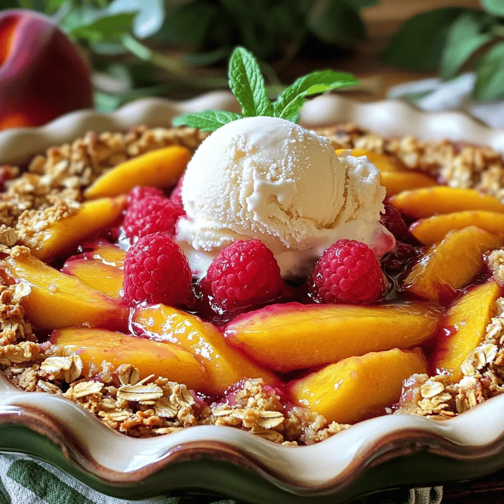 - 4 ripe peaches, peeled and sliced - 1 cup fresh raspberries - 1 cup rolled oats - 1/2 cup all-purpose flour - 1/2 cup brown sugar - 1/4 cup granulated sugar - 1 teaspoon ground cinnamon - 1/4 teaspoon salt - 1/2 cup cold unsalted butter, cubed - 1 teaspoon vanilla extract Peaches bring sweetness and juiciness. Choose ripe ones for the best flavor. Raspberries add a tart kick, balancing the sweetness of the peaches. Oats and flour create a crunchy topping that makes this dessert special. - Vanilla ice cream for serving - Mint for garnish Vanilla ice cream adds creaminess and extra flavor. A sprig of mint brightens up the dish and makes it look pretty. - Gluten-free options: Use gluten-free oats and flour. - Alternative sweeteners: Swap brown sugar for coconut sugar or honey. You can easily adapt this recipe. Gluten-free eaters can enjoy it too. Using alternative sweeteners helps if you want less sugar. Prepping the fruit Start by peeling and slicing four ripe peaches. Make sure the peaches are soft to the touch. Next, take one cup of fresh raspberries. Place both fruits in a large mixing bowl. Sprinkle one tablespoon of granulated sugar over them. Gently toss to coat the fruit with sugar. This step brings out the natural juices and sweetness. Mixing dry ingredients In another bowl, mix one cup of rolled oats, half a cup of all-purpose flour, half a cup of brown sugar, one teaspoon of ground cinnamon, and a quarter teaspoon of salt. Use a whisk to combine these dry ingredients well. Mixing them evenly helps ensure every bite is flavorful. Layering the fruit and topping Grease a 9x9-inch baking dish with butter or cooking spray. Spread the peach and raspberry mixture evenly at the bottom. This creates a delicious base for your crisp. Next, take the oat mixture and sprinkle it generously over the fruit layer. Make sure to cover all the fruit. This topping will turn golden brown and crunchy while baking. Optimal oven settings Preheat your oven to 350°F (175°C). This temperature helps cook the fruit while crisping the topping. Baking time guidelines Place the baking dish in the preheated oven. Bake for 30 to 35 minutes. Keep an eye on it. The topping should turn golden brown, and the fruit should bubble. Once done, remove it from the oven and let it cool slightly before serving. Enjoy this warm dessert with a scoop of vanilla ice cream for a treat! When picking peaches, choose ripe ones. Ripe peaches feel soft but not mushy. They have a sweet smell and a nice color. Unripe peaches are hard and lack flavor. You can let unripe peaches sit at room temperature to ripen. Check them daily for softness. A good topping makes the dish shine. For the best texture, combine oats, flour, and sugar. Use cold butter, and blend until it looks like coarse crumbs. This gives a nice crunch. To enhance flavor, add a pinch of nutmeg or some chopped nuts. You can even mix in a bit of coconut for a tropical twist. Tweak it to your liking to create a unique topping! Serving Peach Raspberry Crisp warm is key. Top it with a scoop of vanilla ice cream. The cold ice cream melts with the warm crisp, creating a perfect treat. For a nice touch, garnish with a sprig of mint. This adds color and a fresh aroma. Serve it in clear bowls to show off those lovely layers! {{image_2}} You can change the fruit in your crisp. Adding other berries, like blueberries or strawberries, gives it a new twist. Each berry brings its own flavor, making your dessert fun and fresh. You can also mix in different stone fruits. Try plums or nectarines for a unique taste. These fruits pair well with peaches and raspberries. If you want a lighter dessert, reduce the sugar. You can cut the brown sugar by half. This way, the fruit’s natural sweetness shines. Making it vegan is easy, too. Use coconut oil instead of butter. You can also swap the granulated sugar for maple syrup or agave nectar. Both give a nice flavor while keeping it plant-based. You can adjust your recipe for seasonal fruits. In summer, fresh peaches and raspberries taste great. In fall, try using apples and pears. Both options will keep your crisp delicious year-round. This way, you can enjoy the best flavors each season has to offer. To store leftover peach raspberry crisp, let it cool first. Cover it tightly with plastic wrap or foil. Place it in the fridge. It will stay fresh for up to four days. To reheat, preheat your oven to 350°F (175°C). Place the crisp in an oven-safe dish. Heat for about 10 to 15 minutes, until warm. You can also microwave it for a quick option. Just heat it for 30 seconds at a time. If you want to freeze peach raspberry crisp, cool it down completely. Wrap it tightly in plastic wrap or foil. Place it in a freezer-safe bag or container. Make sure to label it with the date. You can freeze it for up to three months. When ready to eat, let it thaw in the fridge overnight. Then, reheat it as described above. Peach raspberry crisp lasts for about four days in the fridge. If you freeze it, the quality stays good for up to three months. After that, it may lose its flavor and texture. Always check for off smells or signs of freezer burn before eating. Enjoy your delicious dessert at its best! Yes, you can use frozen raspberries and peaches. Frozen fruit is convenient and saves time. However, there are some downsides. Frozen fruit can be watery when baked. That might make your crisp soggy. If using frozen fruit, thaw it first and drain excess liquid. This helps keep the texture right. Look for a golden brown topping. The fruit should bubble around the edges. This means the crisp is ready. If the topping is pale, it needs more time. Always check after 30 minutes. If it looks good, take it out and let it cool. Yes, you can par-bake the crisp. Bake it until the topping is slightly set. Cool it and store it in the fridge. You can also prepare the fruit and topping separately. Just layer them and bake when you're ready. This saves time on busy days. You learned how to make a delicious fruit crisp using peaches and raspberries. We covered the key ingredients, preparation steps, and baking details. I shared tips for choosing ripe peaches and perfecting the crisp topping. You can also explore fun variations and healthier options. Storing leftovers or freezing was addressed too. Enjoy making your own crisp and feel proud of your creation. Simple steps lead to tasty treats!