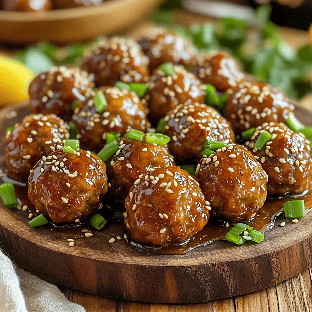 - 1 pound ground chicken (or turkey) - 1/2 cup breadcrumbs - 1/4 cup grated Parmesan cheese - 1/4 cup finely chopped green onions - 1 clove garlic, minced - 1 egg, lightly beaten - 1 teaspoon salt - 1/2 teaspoon black pepper - 1/4 teaspoon red pepper flakes (optional for heat) To make the best sticky honey garlic meatballs, you need some key ingredients. Ground chicken or turkey works well because it stays moist. Breadcrumbs help bind the meatballs and add a nice texture. Grated Parmesan cheese gives a cheesy flavor that I love. Adding chopped green onions gives freshness. Don't forget minced garlic for that classic taste. The egg helps hold everything together, while salt and pepper enhance the flavor. If you like a bit of heat, add red pepper flakes. - 1/3 cup honey - 1/4 cup low sodium soy sauce - 2 tablespoons rice vinegar - 1 teaspoon sesame oil The sauce is where the magic happens. Honey adds sweetness and stickiness. Low sodium soy sauce gives depth without too much salt. Rice vinegar adds a tangy note, while sesame oil brings a nice nutty flavor. This sauce makes the meatballs shine! - Sesame seeds - Extra chopped green onions For the final touch, sprinkle sesame seeds on top. They add crunch and look great. Extra chopped green onions give a pop of color and flavor. These garnishes make the dish look and taste amazing! - Preheat the oven to 400°F (200°C). - Line a baking sheet with parchment paper. In a large bowl, combine: - 1 pound ground chicken (or turkey) - 1/2 cup breadcrumbs - 1/4 cup grated Parmesan cheese - 1/4 cup finely chopped green onions - 1 clove garlic, minced - 1 egg, lightly beaten - 1 teaspoon salt - 1/2 teaspoon black pepper - 1/4 teaspoon red pepper flakes (optional for heat) Mix until just combined. Be careful not to overmix; this keeps them tender. Using your hands, shape the mixture into 1-inch meatballs. Place them on the prepared baking sheet. Bake for 20 minutes. They should be golden and cooked through. While the meatballs bake, make the sauce. In a small saucepan over medium heat, combine: - 1/3 cup honey - 1/4 cup soy sauce (low sodium) - 2 tablespoons rice vinegar - 1 teaspoon sesame oil Simmer for about 5 minutes. Stir occasionally until the sauce thickens slightly. Once the meatballs are done baking, transfer them to a large bowl. Pour the warm honey garlic sauce over them. Gently toss to coat. Serve on a platter, garnished with sesame seeds and extra green onions. Enjoy the sweet and savory flavors! To make the best meatballs, I recommend using a blend of ground meats. Mixing chicken and turkey gives great taste. This mix adds moisture and flavor. Also, don't overmix the meatball mixture. Overmixing can make them tough. Just combine until it's all mixed. You can adjust the sweetness or saltiness of the sauce. If you want it sweeter, add more honey. If you like it saltier, add more soy sauce. You can also substitute ingredients for dietary needs. For example, use gluten-free soy sauce if you need it. Broiling the meatballs after baking gives a crispy outside. This step adds texture and makes them more fun to eat. You can also make them ahead of time. Cook them, then store in the fridge or freezer. This way, you have an easy meal ready to go. {{image_2}} You can easily switch up the proteins in this recipe. Ground beef or pork gives a richer flavor. They both work well with the sticky honey garlic sauce. If you’re looking for a vegan option, lentils or chickpeas are great choices. They add texture and absorb the sauce nicely. To make your meatballs even tastier, consider adding fresh herbs. Cilantro or basil can brighten the dish. You can also play with spices to change the heat level. Cayenne pepper adds a nice kick, while smoked paprika gives a warm depth. These meatballs are versatile in how you serve them. Try them over rice for a filling meal. You can also use lettuce wraps for a fun, fresh bite. If you're feeling creative, make sliders using small buns. Pair your meatballs with stir-fried vegetables or a crisp salad for a balanced plate. Store leftover meatballs in an airtight container in the fridge. They stay fresh for three to four days. This keeps the meatballs moist and flavorful. I recommend letting them cool first before sealing. You can freeze uncooked or cooked meatballs for long-term storage. If you freeze them raw, shape the meatballs and place them on a baking sheet. Once frozen, transfer them to a freezer bag. This way, you can use them later. Cooked meatballs can be frozen in the same manner. They last for up to three months in the freezer. To reheat, use the oven or microwave. For the oven, preheat it to 350°F (175°C). Place the meatballs on a baking sheet and heat for about 10 minutes. In the microwave, heat them in a microwave-safe dish. You can coat them in extra sauce for added flavor. This keeps them moist and tasty. Sticky honey garlic meatballs last about 3 to 4 days in the fridge. Store them in an airtight container. The sauce keeps them tasty and helps prevent drying out. Yes, you can make sticky honey garlic meatballs in advance. Prepare the meatballs and store them raw in the fridge for up to 24 hours. You can also cook them and freeze for later. Just reheat when you need them! You can use crushed crackers or oats instead of breadcrumbs. Ground almonds or cornmeal work too. These substitutes add different flavors and textures to your meatballs. Sticky honey garlic meatballs are not very spicy. They have a sweet and savory flavor. If you like heat, add red pepper flakes to the mix. Adjust the amount to suit your taste! To keep meatballs moist, do not overmix the meat mixture. Use fresh ingredients and consider adding a bit of milk or broth. Baking them at the right temperature also helps lock in moisture. You now have a simple way to make sticky honey garlic meatballs. With easy ingredients and clear steps, you can enjoy this dish at home. Remember to adjust flavors to your liking. Try different proteins or serve in new ways for variety. These meatballs are great for meal prep, too. Store them well and enjoy later! Exciting flavors and fun garnishes make this dish a hit. Enjoy your cooking and the tasty results!