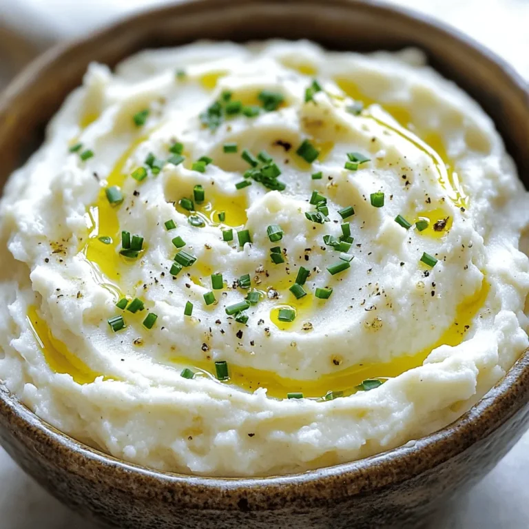 - 1 large head of cauliflower, chopped into florets - 3 cloves garlic, minced - 1/2 cup cream cheese, softened - 1/2 cup grated Parmesan cheese - 1/4 cup unsalted butter - 1/4 cup milk (or more for desired consistency) - Salt and pepper to taste - Fresh chives or parsley for garnish You can swap cream cheese for Greek yogurt for a lighter option. For Parmesan, use nutritional yeast for a vegan twist. If you want a dairy-free version, use coconut cream instead of cream cheese and almond milk instead of regular milk. Each serving has about 150 calories. You get vitamins C and K from the cauliflower. This dish also offers calcium from the cheese and healthy fats from the butter. It’s a great way to enjoy veggies while keeping it tasty! To start, you need to boil the cauliflower florets. Fill a large pot with salted water and bring it to a boil. Once boiling, add your chopped cauliflower. Cook it for about 10 to 12 minutes. You want it to be very tender. If you pierce a piece with a fork, it should break apart easily. This step is key for a smooth mash. While the cauliflower cooks, let’s focus on the garlic. In a small skillet, melt the unsalted butter over medium heat. After the butter melts, add the minced garlic. Sauté the garlic for 1 to 2 minutes. Be careful not to let it brown. Browned garlic can taste bitter, which you want to avoid. Once the cauliflower is tender, drain it and return it to the pot. Add the sautéed garlic and butter, cream cheese, Parmesan cheese, and milk. Now it's time to mash! You can use a potato masher for a rustic texture or switch to an immersion blender for a super smooth finish. If your mash seems too thick, add more milk until you reach your desired consistency. Taste and season with salt and pepper to your liking. This is where flavor comes alive. Enjoy the creamy, garlicky goodness! - Best practices for seasoning: Start with salt when boiling the cauliflower. It helps add flavor. After mashing, taste and add more salt and pepper as needed. This step is key to making your mash shine. - How to achieve the creamiest texture: Use a mix of cream cheese and butter. This combo gives a rich, silky feel. If your mash is too thick, add a little milk until you reach your desired consistency. - Presentation ideas for gatherings: Serve the mash in a rustic bowl. Drizzle olive oil on top for a nice shine. Add some chopped chives for a pop of color. This makes your dish look fancy and inviting. - Pairing recommendations with main dishes: This creamy mash pairs well with roasted chicken or grilled fish. It also goes great with steak. The flavors balance nicely, making each bite delicious. - Overcooking cauliflower: Keep an eye on the time. Cook the cauliflower for no more than 12 minutes. Overcooked cauliflower can turn mushy and lose its flavor. - Underseasoning the mash: Don't skip on the salt and pepper. A bland mash is not what you want. Always taste and adjust the seasoning before serving. This step makes all the difference! {{image_2}} You can make creamy garlic parmesan cauliflower mash even better. Try adding spices like paprika or nutmeg. Fresh herbs like thyme or rosemary give a nice touch. For cheese, swap parmesan with feta or cheddar. These changes add depth and fun flavors to your dish. Want a vegan option? Use cashew cream instead of cream cheese. You can blend soaked cashews with water for a smooth texture. For a low-carb version, skip the milk and use vegetable broth. This keeps the mash light and tasty while still being creamy. Add seasonal veggies for a twist. In spring, stir in fresh peas or asparagus. In fall, add roasted pumpkin or sweet potatoes for warmth. For holidays, make it festive with a pinch of nutmeg or serve with a sprinkle of pomegranate seeds. Adjusting for seasons keeps the dish fresh and exciting. To store leftover mash, let it cool first. Place it in an airtight container. Seal it tightly to keep out air. In the fridge, it stays fresh for about 3 to 5 days. Check for any off smells or changes in texture before using. To freeze your mash, spoon it into a freezer-safe container. Leave some space at the top for expansion. Cover it well to keep out air. It can last up to 3 months in the freezer. When ready to eat, thaw it in the fridge overnight. Reheat on low heat and stir in a bit of milk for creaminess. Use airtight containers for best results. Glass containers work great and do not stain. If using plastic, ensure it is BPA-free. Label your containers with the date. This way, you know how long the mash has been stored. Yes, you can make it ahead of time. Store it in an airtight container. To reheat, use a pan on low heat. Add a splash of milk to keep it creamy. Stir often to avoid burning. You can also use the microwave, but add some milk for moisture. To thicken your mash, use less milk. You can also add more cream cheese or Parmesan cheese. These add creaminess and help with thickness. If you want a firmer texture, try mashing less. A potato masher works great for a thicker blend. Absolutely! This mash is perfect for meal prep. It stores well in the fridge for up to four days. Just divide it into small containers. Reheat portions as needed, and enjoy it with protein or veggies. It’s a great side dish for any meal. Creamy cauliflower mash is a simple yet satisfying dish. We covered ingredients, cooking techniques, and variations to suit your taste. Remember to avoid overcooking and underseasoning to get the best results. Having various options lets you adapt this dish for any season or diet. Store leftovers well for future meals. With a few tips, you can keep this dish creamy and flavorful. Enjoy your cooking!