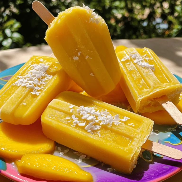 To make these tasty popsicles, gather these ingredients: - 2 ripe mangoes, peeled and diced - 1 cup coconut milk (canned or carton) - 1 cup Greek yogurt (or full-fat yogurt) - 2-3 tablespoons honey or maple syrup (adjust for sweetness) - 1 teaspoon vanilla extract - 1 tablespoon lime juice - A pinch of salt These simple ingredients create a creamy and sweet treat. The mango gives a rich flavor, while coconut milk adds creaminess. You can add a few fun ingredients to make these popsicles your own: - Fresh mint leaves for a cool taste - Chia seeds for added texture and nutrition - A splash of orange juice for extra zest These extras can make your popsicles even more exciting and tasty. If you have allergies or dietary needs, here are some swaps: - Use almond milk or oat milk instead of coconut milk for a different base. - Choose dairy-free yogurt to make it vegan. - Swap honey with agave syrup or another sweetener to keep it plant-based. With these substitutions, you can enjoy creamy coconut mango popsicles no matter your diet! To start, gather your ingredients. You will need ripe mangoes, coconut milk, Greek yogurt, honey or maple syrup, vanilla extract, lime juice, and a pinch of salt. Next, peel and dice the mangoes. Then, add the mangoes, coconut milk, yogurt, honey, vanilla, lime juice, and salt into a blender. Blend the mixture on high until it becomes smooth and creamy. If it looks lumpy, scrape down the sides and blend again. Taste the mixture and add more honey if you want it sweeter. When blending, use a high-speed setting to get a creamy texture. If the mixture is thick, add a little more coconut milk to help it blend. Always stop the blender to check the texture. If you notice lumps, keep blending until it is perfectly smooth. This ensures your popsicles will have a great mouthfeel. Now, pour the blended mixture into popsicle molds. Make sure to leave some space at the top. The mixture will expand when frozen. Insert popsicle sticks into the molds and place them in the freezer. Freeze for at least 4 to 6 hours or until they are solid. When you’re ready to eat them, run warm water over the outside of the molds for a few seconds. This helps release the popsicles easily. Gently pull them out and enjoy your creamy coconut mango popsicles! To make your popsicles creamy, use full-fat Greek yogurt. This adds richness and smoothness. You can also add more coconut milk for a silkier texture. Blend the ingredients well, ensuring no chunks remain. This helps create a uniform mixture. Taste your mixture before freezing. If you want it sweeter, add honey or maple syrup. Start with one tablespoon and blend again. Taste it after blending. Adjust more if needed. Remember, sweetness can change when frozen, so be careful not to overdo it. Make your popsicles look great. Arrange them on a bright platter. Add fresh mango slices and a sprinkle of shredded coconut on top. This adds color and texture. Serve them on a sunny day to enhance the fun of eating a cold treat. {{image_2}} You can boost the flavor of your popsicles by adding other fruits. Try adding bananas or strawberries. They blend well with mango. You can also use pineapple for a tropical twist. Mix and match your favorite fruits to find your perfect blend. Just remember to keep the fruit balance right to maintain that creamy texture. To make these popsicles dairy-free or vegan, swap out Greek yogurt for a plant-based yogurt. Look for coconut or almond yogurt to keep the coconut flavor. Use maple syrup instead of honey for sweetness. Coconut milk is already dairy-free, so you’re good there. This way, everyone can enjoy these cool treats. Layering flavors adds beauty to your popsicles. You can create layers by blending mango and coconut milk separately. Pour one layer into the mold, freeze it for a short time, then add the next layer. Use bright colors like berry blends or even green spinach for a fun look. Kids love the surprise of different flavors in each bite! Store your homemade popsicles in a freezer-safe container. You can also leave them in the molds. If you choose to keep them in the molds, cover them with plastic wrap. This helps keep them fresh and protects them from other odors in the freezer. These creamy coconut mango popsicles can last for about 2 to 3 months in the freezer. After that time, the taste and texture may change. Always check for ice crystals or strange smells before eating them. To avoid freezer burn, wrap your popsicles tightly. You can use plastic wrap or aluminum foil. If you notice ice crystals on your popsicles, it means they may have freezer burn. This can affect the flavor and texture, so store them properly to keep them nice and tasty. Yes, you can use frozen mango. Just make sure to thaw it slightly. This helps blend it smoothly. Frozen mangoes work well and save time. They still give great flavor and texture. The popsicles need at least 4-6 hours to freeze. If you can, leave them overnight for the best results. This ensures they become solid and easy to remove from the molds. Yes, these popsicles can be healthy. They contain fresh fruit, coconut milk, and yogurt. These ingredients offer vitamins, good fats, and protein. Adjusting the sweetness helps keep them nutritious too. Yes, you can easily make a larger batch. Just double or triple the recipe based on your needs. Make sure you have enough molds and freezer space to store them. This way, you can enjoy these treats longer! In this blog post, I shared the steps to make Creamy Coconut Mango Popsicles. We reviewed key ingredients and options to customize your treat. I offered tips for blending, freezing, and serving. We explored variations, storage tips, and answered common questions. Enjoy making these tasty, refreshing popsicles at home. They are easy to customize and perfect for sunny days! With the right tips, you’ll create a delicious treat that everyone will love.