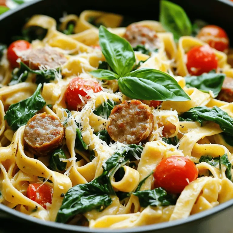 To make One-Pot Tuscan Sausage Pasta, you need a few key ingredients. Each one brings a special flavor to this dish. Here’s what you will need: - 12 oz fettuccine pasta - 1 lb Italian sausage (mild or spicy, casing removed) - 1 tablespoon olive oil - 1 medium onion, finely chopped - 4 cloves garlic, minced - 1 teaspoon dried oregano - 1/2 teaspoon red pepper flakes (optional) - 4 cups chicken broth - 1 can (14 oz) diced tomatoes, undrained - 1 cup heavy cream - 2 cups baby spinach - 1/2 cup grated Parmesan cheese - Salt and pepper to taste - Fresh basil leaves, for garnish These ingredients combine to create a hearty meal. The fettuccine pasta cooks in the broth, soaking up all the flavors. The Italian sausage adds a savory kick. The cream makes it rich and smooth. Finally, spinach and basil bring freshness to each bite. You can always adjust the spices to suit your taste. If you like it spicy, add more red pepper flakes. If you prefer a milder dish, skip them. Cooking is all about what you enjoy! - Cooking Sausage Start by heating one tablespoon of olive oil in a large pot over medium heat. Add one pound of Italian sausage, removing the casing first. Cook the sausage for about 5 to 7 minutes. Use a spoon to break it up as it cooks. The sausage should turn a nice brown color. - Sautéing Aromatics Next, add one medium onion, finely chopped, and four cloves of minced garlic to the pot. Sauté these until the onion is translucent, which takes about 3 to 4 minutes. This step builds a flavorful base for your dish. - Adding Liquids and Spices Stir in one teaspoon of dried oregano and half a teaspoon of red pepper flakes if you like some heat. Cook for another minute until you smell the spices. Then, pour in four cups of chicken broth and one can of diced tomatoes, including the juices. Bring this mixture to a boil. - Incorporating Fettuccine Once boiling, add 12 ounces of fettuccine pasta. Make sure you stir it so all the pasta is submerged in the liquid. Reduce the heat to low and cover the pot. Let it simmer for 10 to 12 minutes, stirring occasionally. You want the pasta to be al dente. - Simmering to Perfection As the pasta cooks, keep an eye on it. Check for doneness by tasting a piece. When it’s just right, remove the pot from heat. - Mixing in Cream and Spinach Now, stir in one cup of heavy cream and two cups of baby spinach. Cook this mixture for another 2 to 3 minutes until the spinach wilts and the cream is warm. - Seasoning and Serving Finally, remove the pot from heat and mix in half a cup of grated Parmesan cheese. Add salt and pepper to taste. Serve hot and garnish with fresh basil leaves for that extra touch of flavor and color. Enjoy your delightful One-Pot Tuscan Sausage Pasta! Cooking Pasta to Al Dente To cook pasta perfectly, aim for al dente. This means the pasta should be firm but not hard. Start by bringing your broth to a boil. Add the fettuccine and stir well. Cook for about 10-12 minutes. Check it a minute or two early. You want a bite that feels slightly firm. Enhancing Flavors with Seasonings The right seasonings make a big difference. I love adding dried oregano and red pepper flakes. They boost the flavor profile. Always taste your dish as you cook. Adjust salt and pepper to your liking. Fresh herbs, like basil, also add a nice touch at the end. Ideal Pairings and Sides This dish pairs well with a simple green salad. A light vinaigrette complements the rich pasta. You can also serve crusty bread on the side. It is perfect for dipping into the creamy sauce. Creative Serving Ideas For a fun twist, serve the pasta in individual bowls. Top each bowl with extra cheese and a basil leaf. You can also add a drizzle of olive oil for a finishing touch. This makes the dish feel special and inviting. {{image_2}} You can choose between mild and spicy sausage for your dish. Mild sausage brings a subtle flavor. It is great for kids or those who prefer less heat. Spicy sausage adds a kick, giving your pasta a bold taste. You can also try chicken or turkey sausage as a leaner option. These alternatives still deliver great flavor while being lighter. If you need gluten-free options, use gluten-free pasta. Many brands offer good choices that mimic traditional pasta. For those who avoid dairy, you can substitute heavy cream with coconut cream or cashew cream. These alternatives maintain a creamy texture without the dairy. Always check labels to ensure they fit your dietary needs. To keep your One-Pot Tuscan Sausage Pasta fresh, let it cool first. Place it in an airtight container. Make sure to store it in the fridge. It will stay good for up to three days. You can also freeze it for up to three months. If you freeze it, use a freezer-safe container. This helps prevent freezer burn. Label your container with the date to track freshness. When you want to enjoy your pasta again, you can reheat it in several ways. The best method is on the stove. Just add a splash of water or broth to a pan. Heat it over medium heat, stirring gently. This helps keep the pasta moist. You can also use the microwave. Place the pasta in a bowl and cover it with a damp paper towel. Heat it in short bursts, stirring in between. This method prevents dry spots. Always check that it’s hot all the way through before serving. How long can I store this dish? You can store One-Pot Tuscan Sausage Pasta in the fridge for up to three days. Use an airtight container to keep it fresh. Can I make this dish ahead of time? Yes, you can make this dish ahead of time. Cook it, then cool it down before storing. Reheat it gently when ready to serve. What can I do if I don't have certain ingredients? If you lack an ingredient, feel free to swap it. For example, use any pasta shape you have. You can also use ground turkey instead of sausage. Is it possible to make it vegetarian? Yes, you can make it vegetarian. Replace the sausage with plant-based sausage or mushrooms. You can also add more vegetables for flavor. You learned about making a tasty one-pot Tuscan sausage pasta. We covered key ingredients, cooking steps, and tips to make this dish great. You can choose different sausages or swap ingredients if needed. Don't forget about storage and reheating to enjoy later. Experiment with flavors and share your taste with others. This dish is fun to make and easy to adapt. Enjoy your cooking adventure and delight in each bite!
