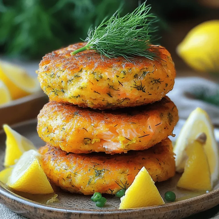 - 1 lb fresh salmon fillets, skin removed - 1/2 cup breadcrumbs (Panko for extra crunch) - 1/4 cup plain Greek yogurt - 1 large egg - 2 tablespoons fresh lemon juice - 1 tablespoon lemon zest - 2 tablespoons fresh dill, chopped - 1 clove garlic, minced - Salt and pepper to taste - 2 tablespoons olive oil (for frying) Using fresh salmon gives the best flavor. The Panko breadcrumbs add a nice crunch. Greek yogurt gives moisture and creaminess. You can adjust the garlic to your taste. Fresh dill is key for that bright, herb flavor. Always taste your mix before forming the cakes. If you don't have fresh salmon, you can use canned salmon. Just drain it well. For breadcrumbs, regular ones will work, but Panko is crunchier. If you want a dairy-free option, try using mashed avocado instead of Greek yogurt. You can swap dill with parsley or basil if you prefer. First, let's get our salmon ready. Preheat your oven to 375°F (190°C). Line a baking sheet with parchment paper. Place the salmon fillets on the sheet. Bake them for about 15 minutes. The salmon should be fully cooked and flaky. Once done, let it cool a bit. Then, flake the salmon into a large mixing bowl. This gives us a great base for our cakes. Now it’s time to mix everything. In the bowl with the flaked salmon, add the following ingredients: - 1/2 cup breadcrumbs (Panko for extra crunch) - 1/4 cup plain Greek yogurt - 1 large egg - 2 tablespoons fresh lemon juice - 1 tablespoon lemon zest - 2 tablespoons fresh dill, chopped - 1 clove garlic, minced - Salt and pepper to taste Stir all these ingredients together until they are well mixed. The mixture should stick together nicely. This is where the flavors come alive. The lemon and dill will shine through. Next, let's shape our cakes. Use your hands to form the mixture into patties. Aim for about 3 inches wide and 1/2 inch thick. You should make around 8 patties, but it depends on your size. Now, heat 2 tablespoons of olive oil in a non-stick skillet over medium heat. Once the oil is hot, place the salmon cakes in the skillet. Be careful not to overcrowd them. Cook for about 4-5 minutes on each side. You want them golden brown and crispy. Once cooked, take them out and place them on a paper towel to drain excess oil. Serve them warm with lemon wedges and a salad. Enjoy your tasty Lemon Dill Salmon Cakes! To get the best texture in your salmon cakes, use Panko breadcrumbs. They give a light and crispy crunch. Heat your skillet well before adding the cakes. This step helps them brown evenly. Avoid overcrowding the pan. Cook in batches if needed. This ensures each cake gets nice and crispy. Add a pinch of smoked paprika for a different taste. You can also mix in some chopped green onions or parsley for extra freshness. Try using lemon zest from a fresh lemon. It brightens the flavor. Don't forget to season well with salt and pepper. Taste the mixture before cooking to adjust flavors. Stack your salmon cakes for a neat look. Use a large plate and layer them high. Garnish with a sprig of dill for color. A drizzle of lemon juice adds a fresh touch. Serve with lemon wedges and a salad for a full meal. This makes the dish inviting and fun to eat. {{image_2}} You can change the flavor of your salmon cakes with different herbs. Try fresh parsley or basil for a nice twist. If you like heat, add some red pepper flakes. For a more earthy flavor, use thyme or oregano. Each herb brings its own taste. Experiment to find your favorite! You can mix in tasty add-ins to your salmon cakes. Chopped onions or shallots give a sweet taste. Diced bell peppers add color and crunch. Consider using capers for a briny kick. Even shredded cheese can make them richer. Be creative and add what you love! You can cook salmon cakes in two main ways: baking or frying. Frying gives a crispy outside and is quick. Heat olive oil in a skillet and cook each side for about 4-5 minutes. Baking is a healthier option. Preheat your oven to 375°F, place the cakes on a baking sheet, and bake for about 20 minutes. Both methods work well, so choose what fits your style! To keep your Lemon Dill Salmon Cakes fresh, store them in an airtight container. Place a piece of parchment paper between the layers to avoid sticking. They can last in the fridge for up to three days. Make sure they cool completely before sealing. This helps preserve the flavor and texture. If you want to save some for later, freezing is a great option. Form the salmon cakes and place them on a baking sheet. Freeze them for about an hour to firm up. Once frozen, transfer them to a freezer-safe bag. They can last in the freezer for up to three months. Just remember to label the bag with the date! When you’re ready to enjoy your frozen cakes, thaw them in the fridge overnight. For reheating, a skillet works best. Heat a little olive oil over medium heat and cook each side for about 4 to 5 minutes. This will keep them crispy and flavorful. You can also reheat them in the oven at 350°F (175°C) for about 10-15 minutes. Enjoy your cakes warm for the best taste! You can tell when salmon cakes are done by looking at their color. They should be golden brown on both sides. You can also check if the center is hot. If the inside feels warm and flaky, they are ready to eat. Yes, you can use canned salmon for this recipe. Just drain the salmon well before mixing it with the other ingredients. Canned salmon saves time and still tastes great. It also makes the recipe easy to prepare. These salmon cakes pair well with several sides. I recommend serving them with a fresh salad or some steamed veggies. You can also add a side of lemon wedges for added flavor. A creamy dip or tartar sauce complements them nicely, too. If you want to make salmon cakes without egg, you can use mashed potatoes or unsweetened applesauce. Both options help bind the ingredients together. Just use about 1/4 cup of either option for every egg you replace. Yes, you can bake the salmon cakes. Preheat your oven to 375°F (190°C) and place them on a baking sheet. Bake for about 15-20 minutes or until they are golden and cooked through. Baking is a healthier option and still keeps them tasty. You learned about making tasty lemon dill salmon cakes. I shared ingredient lists, cooking steps, and tips for the best results. Variations let you be creative with flavors and cooking methods. Proper storage keeps your cakes fresh longer. Remember, don’t skip the crispy cooking tips for the best texture. Enjoy trying these ideas and share your yummy results with friends. Happy cooking!
