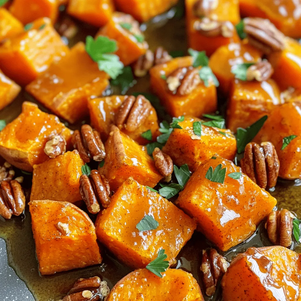 - Sweet potatoes and their preparation You need 4 medium sweet potatoes. Start by peeling them. Then, cut the sweet potatoes into cubes. This helps them cook evenly. - Key flavor ingredients: maple syrup and spices Grab 3 tablespoons of olive oil. You also need 4 tablespoons of pure maple syrup for that sweet touch. Don’t forget 2 teaspoons of ground cinnamon and 1 teaspoon of ground nutmeg. Add salt and pepper to taste for balance. - Optional garnishes and additions You can add 1/4 cup of chopped pecans for a nice crunch. Fresh parsley works great as a garnish too. It adds color and freshness to your dish. First, I preheat my oven to 425°F (220°C). This temperature helps the sweet potatoes roast well. Next, I grab a baking sheet and line it with parchment paper. This makes cleaning easy later. Now, I peel the sweet potatoes. I take four medium sweet potatoes and cut them into cubes. I aim for about 1-inch pieces. This size helps them cook evenly. In a large bowl, I combine the sweet potatoes with olive oil. I use three tablespoons of olive oil for the right amount of richness. Then, I add four tablespoons of pure maple syrup. This adds a sweet touch that pairs well with the cinnamon. Next, I sprinkle in two teaspoons of ground cinnamon and one teaspoon of ground nutmeg. I also add salt and pepper to taste. The spices bring warmth and depth to the dish. I toss everything together until the sweet potatoes look well coated. I spread the sweet potatoes evenly on the baking sheet. They should be in a single layer. This helps them roast nicely. Then, I roast them in the oven for about 25 to 30 minutes. Halfway through, I remember to turn the sweet potatoes. This is key for even cooking and caramelization. When they are done, they should feel tender and have a nice golden edge. If I want, I can add chopped pecans during the last five minutes. They will toast lightly and add crunch. After roasting, I take them out and let them cool slightly. If desired, I garnish with fresh parsley for a pop of color. To make your Maple Cinnamon Roasted Sweet Potatoes even better, try adding more spices. A pinch of allspice or ginger can give your dish an extra kick. You might also consider adding a splash of vanilla extract for a deeper flavor. For maximum caramelization, make sure to space the sweet potatoes well on the baking sheet. Crowding them can trap steam and keep them soft. The heat needs to reach all sides. A single layer is key to getting that crispy, golden edge we all love. How do you know when the sweet potatoes are done? You can check by poking them with a fork. If they feel soft and tender, they are ready. You can also look for a nice golden color on the edges. When it comes to serving, these sweet potatoes taste best warm. You can serve them right out of the oven. If you need to hold them for a bit, keep them in a warm oven. Just set it to a low temperature to keep them toasty without cooking them more. {{image_2}} You can switch maple syrup for other sweeteners. Honey works well and adds a floral note. Agave nectar is another choice. It has a milder taste but still brings sweetness. If you want crunch, try other nuts or seeds. Walnuts add a nice texture and flavor. Sunflower seeds give a nice crunch and are nut-free. You can even skip the nuts if you prefer a smoother bite. This recipe can easily fit gluten-free diets. All the ingredients are naturally gluten-free. You can enjoy it without worry. For vegan options, stick with maple syrup and olive oil. They are both plant-based. You can also lower sugar by using less maple syrup. Try cutting it down to two tablespoons. The dish will still taste great! To keep your maple cinnamon roasted sweet potatoes fresh, store them in an airtight container. Place them in the fridge. They can last for up to four days. If you want to freeze them, let them cool first. Then, pack them in freezer bags. Remove as much air as possible before sealing. This way, they can stay good for up to three months. When you're ready to enjoy leftovers, you can reheat them in a few ways. The best method is to use the oven. Preheat it to 350°F (175°C). Spread the sweet potatoes on a baking sheet. Heat them for about 10-15 minutes. This keeps them crispy. If you're short on time, you can use the microwave. Place them in a microwave-safe dish. Heat them for 1-2 minutes, stirring halfway. Be careful not to overcook them, as they can become mushy. How to cut sweet potatoes for roasting? Cut sweet potatoes into even cubes. Aim for about 1-inch pieces. This size helps them cook evenly. Use a sharp knife for clean cuts. Peel the sweet potatoes first for a smooth texture. Can I make this recipe ahead of time? Yes, you can prepare sweet potatoes ahead. Cut and coat them with oil and spices. Place them in the fridge for up to 24 hours. When ready, spread them on a baking sheet and roast. What are the health benefits of sweet potatoes? Sweet potatoes are rich in vitamins and minerals. They are high in vitamin A, which helps vision. They also contain fiber that aids digestion. Their natural sweetness can satisfy your cravings healthily. In this article, we explored how to roast sweet potatoes perfectly. You learned about essential ingredients like sweet potatoes, maple syrup, and spices. I shared helpful steps for preparation, mixing, and roasting. We covered tips to enhance flavors, variations for dietary needs, and proper storage methods. Roasted sweet potatoes are tasty and easy to make. Enjoy experimenting with flavors and find your favorite way to serve them!