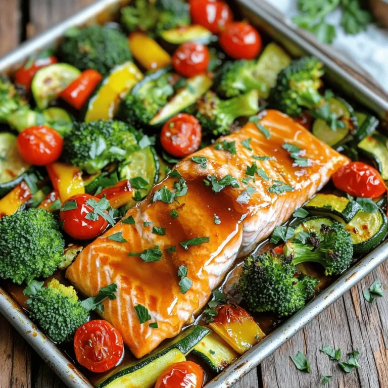 - 2 salmon fillets (about 6 oz each) - 3 tablespoons honey - 2 tablespoons soy sauce (low sodium) - 2 cloves garlic, minced - 1 teaspoon grated fresh ginger - 1 tablespoon olive oil - 1 medium zucchini, sliced - 1 bell pepper, cut into strips (any color) - 1 cup cherry tomatoes - 1 cup broccoli florets The star of this dish is the salmon. I love using fresh fillets that are around 6 ounces each. The honey, soy sauce, garlic, and ginger mix creates a sweet and savory sauce that makes the salmon shine. The veggies bring color and nutrients to the meal. I use zucchini, bell pepper, cherry tomatoes, and broccoli. These veggies roast well and taste great with the salmon. - Salt and pepper - Fresh parsley, chopped for garnish Simple seasoning is key. Salt and pepper enhance the flavors without overpowering them. Fresh parsley adds a bright touch. It makes the dish look fresh and appealing when you sprinkle it on top right before serving. - Baking sheet - Parchment paper - Mixing bowl You’ll need a few basic tools. A baking sheet makes it easy to roast everything together. I always line it with parchment paper. This helps with cleanup and keeps the food from sticking. A mixing bowl is essential for combining the honey garlic sauce. These tools make the cooking process smooth and simple. 1. Preheating the oven: Start by setting your oven to 400°F (200°C). This helps the salmon cook evenly and the veggies to roast nicely. 2. Preparing the baking sheet: Line a baking sheet with parchment paper. This makes cleanup easy and helps prevent sticking. 1. Combining ingredients in a bowl: In a small bowl, whisk together 3 tablespoons of honey, 2 tablespoons of low-sodium soy sauce, 2 minced garlic cloves, and 1 teaspoon of grated fresh ginger. Mix until everything is well combined. Set this sauce aside; it adds a sweet and savory flavor. 1. Arranging vegetables: On your prepared baking sheet, spread out 1 medium sliced zucchini, 1 bell pepper cut into strips, 1 cup of cherry tomatoes, and 1 cup of broccoli florets. Drizzle them with 1 tablespoon of olive oil. Season with salt and pepper to taste. Toss the veggies to coat them well in the oil and seasoning. 2. Placing salmon fillets: After arranging the veggies, push them to one side of the baking sheet. This creates a space for 2 salmon fillets. Place the fillets in this empty area and pour the honey garlic sauce evenly over them. 1. Cooking time and temperature: Bake everything in your preheated oven for about 15-20 minutes. 2. Observing doneness: Check for doneness by using a fork to see if the salmon flakes easily. The veggies should also be tender and slightly caramelized. This is when the dish is ready to enjoy! - Achieving the perfect salmon texture: Bake the salmon until it flakes easily with a fork. This usually takes about 15 to 20 minutes at 400°F (200°C). Use a meat thermometer to check. A safe internal temperature is 145°F (63°C). - Ensuring veggies are roasted properly: Cut the veggies into similar sizes for even cooking. Spread them in a single layer on the baking sheet. This helps them caramelize and get tender. - How to serve attractively: Use a large platter for serving. Place the salmon in the center, and arrange the veggies around it. Drizzle some extra honey garlic sauce over the top for a glaze. - Adding garnishes for aesthetic appeal: Sprinkle fresh parsley on top of the salmon and veggies. This adds color and freshness. You can also add lemon wedges for a zesty touch. - Suggestions for healthier substitutions: Consider using maple syrup instead of honey for a vegan option. You can also swap olive oil with avocado oil for a different flavor. Try adding more veggies like asparagus or carrots for added nutrients. {{image_2}} You can swap out the veggies in this recipe. Here are some great options: - Asparagus - Carrots - Cauliflower - Brussels sprouts - Green beans These vegetables add new flavors and textures. You can also choose seasonal veggies. For example, in fall, use butternut squash. In summer, try fresh corn or bell peppers. If you prefer, you can change the protein. Here are some ideas: - Chicken breasts - Shrimp - Tofu for a plant-based option Each protein has its own cooking time. Make sure to check doneness. Salmon cooks quickly, while chicken takes longer. You can change the taste with spices and herbs. Here are some ideas: - Add paprika for warmth. - Use dill for a fresh taste. - Try cumin for earthiness. You can also adjust the sweetness. If you like it less sweet, reduce the honey. For more sweetness, add a bit more honey. This dish allows for creativity! To store leftovers, let the salmon and veggies cool down first. Use an airtight container. Place the salmon on one side and the veggies on the other. This keeps each fresh. Store in the fridge for up to three days. If you plan to eat it later, avoid mixing them until you reheat. To reheat, use the oven for the best results. Preheat your oven to 350°F (175°C). Place the salmon and veggies on a baking sheet. Cover it with foil to keep moisture in. Heat for about 10-15 minutes. You do not want dry salmon, so check it often. If you use a microwave, cover with a damp paper towel and heat for short bursts. Yes, this dish can be frozen! For best results, freeze the salmon and veggies separately. Wrap them in plastic wrap, then place in a freezer bag. This helps prevent freezer burn. They will last for up to three months. To thaw, place in the fridge overnight before reheating. This keeps the flavors fresh and tasty. It takes about 15 to 20 minutes to cook salmon in the oven. At 400°F (200°C), the salmon becomes flaky and tender. The exact time may vary based on the thickness of the fillets. I recommend checking the salmon after 15 minutes. If it flakes easily with a fork, it’s ready. You want it fully cooked but not dry. Yes, you can use frozen salmon. It’s best to thaw it first for even cooking. You can thaw salmon in the fridge overnight or place it in a sealed bag and submerge it in cold water for about an hour. If you use frozen salmon, increase the baking time by a few minutes. Just ensure it cooks through before serving. Many sides pair well with sheet-pan salmon. Here are some great options: - Quinoa or rice for a hearty base. - A fresh green salad for crunch. - Roasted potatoes for added starch. - Steamed asparagus for a veggie boost. These sides add variety and flavor to your meal. Yes, this recipe is great for meal prep. You can make it ahead of time and store it in the fridge. Simply separate the salmon and veggies into containers. This dish stays fresh for up to three days. When you’re ready to eat, just reheat it in the oven or microwave. Enjoy a healthy meal without the stress! This article covered how to make a tasty sheet-pan salmon dish. First, we discussed ingredients like salmon, honey garlic sauce, and veggies. Then, we walked through preparation and baking steps. I shared tips for better cooking and presentation, plus ideas for variations. Finally, we looked at storage options and answered common questions. Try this simple recipe to impress at dinner. Enjoy the flavors and easy cleanup!