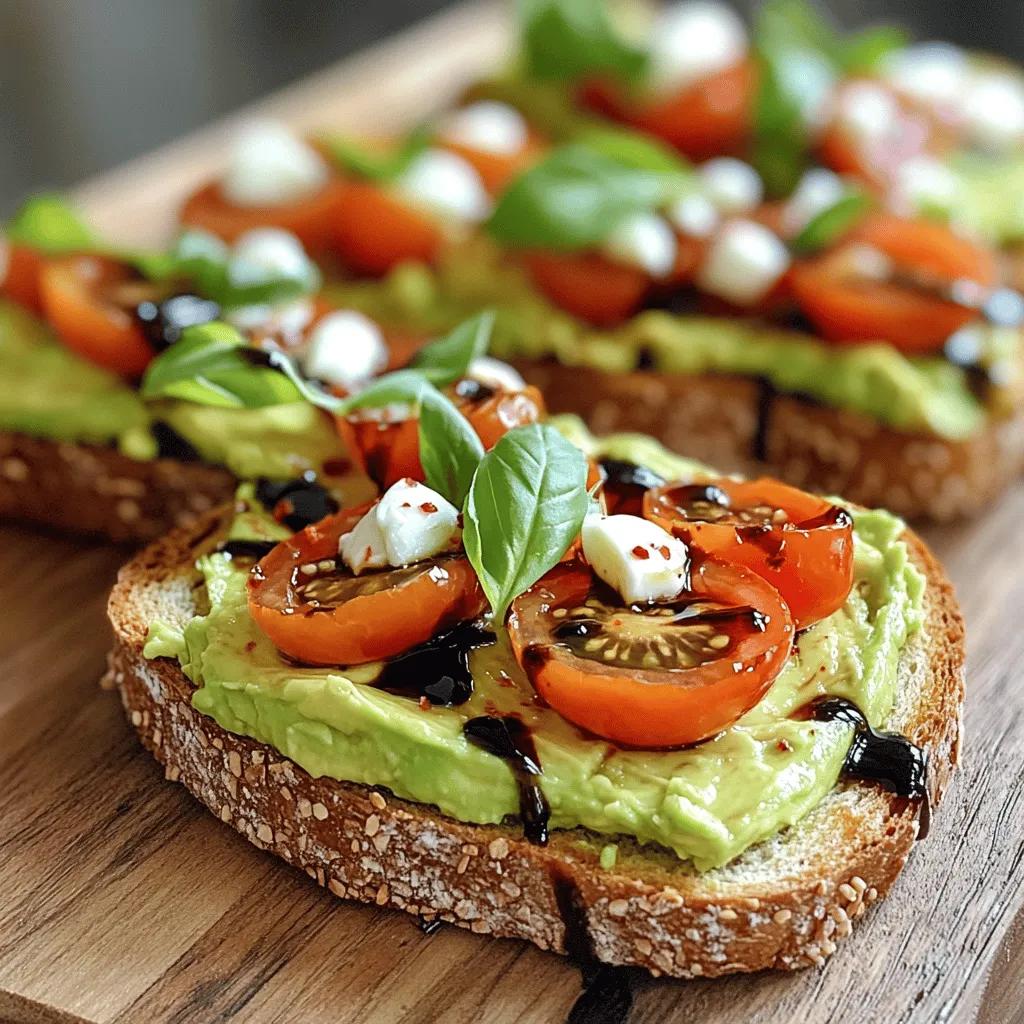 - 2 ripe avocados - 1 cup cherry tomatoes, halved - 1 ball of fresh mozzarella, diced - Fresh basil - 1 tablespoon balsamic glaze - 4 slices of whole-grain bread - 1 tablespoon olive oil - Salt and pepper - Red pepper flakes for heat To create the best Caprese avocado toast, you need ripe avocados. Look for ones that yield slightly when you press them. You also want sweet cherry tomatoes. Halve them to get the best flavor. Fresh mozzarella adds a creamy texture that pairs nicely with the avocados. Don't forget fresh basil for that herbaceous touch. For pantry items, grab balsamic glaze. This adds a sweet and tangy kick. Whole-grain bread is perfect for a hearty base. Olive oil brings richness to the toast, and don’t skimp on salt and pepper for flavor. If you crave a little heat, red pepper flakes are a great optional addition. They will elevate your toast and make it sing! With these ingredients, you’re ready to make a fresh and flavorful delight! To start, cut the avocados in half. Remove the pit and scoop the green flesh into a bowl. Use a fork to mash the avocado. You can leave some chunks for added texture. Next, add a pinch of salt, a dash of pepper, and a teaspoon of chopped basil. Mix gently, so you keep some of that creamy goodness. This mix is the heart of your toast. Now, let’s toast the bread. Preheat your pan or toaster until it’s hot. Take four slices of whole-grain bread and brush them lightly with olive oil. This oil gives your toast a nice flavor. Toast the bread until it turns golden brown. This step adds a crispy bite to your dish. Once the bread is ready, spread a generous layer of the avocado mixture on each slice. Make sure to cover every corner. Next, add the halved cherry tomatoes and diced mozzarella on top. Spread them evenly for a colorful look. Finally, drizzle balsamic glaze over everything. This adds a sweet and tangy finish. If you like, sprinkle some extra basil on top for a pop of flavor. Enjoy your Caprese avocado toast! For your avocado toast, you can choose how to mash the avocados. Some prefer a smooth spread, while others enjoy chunky pieces. If you like a smooth texture, mash the avocado until it’s creamy. For a chunkier version, leave some pieces intact. Both styles taste great, so pick what you love! To boost the flavor of your avocado, use salt and pepper. These simple seasonings make a big difference. Fresh basil adds a bright taste, so don’t skip it! You can also try adding red pepper flakes if you want some heat. For extra variety, consider toppings like sliced radishes or arugula. These can create a unique twist! How you serve your Caprese Avocado Toast can make it even more special. Try using a rustic wooden board for a lovely display. Arrange the toasts with extra basil leaves scattered around. A small bowl of balsamic glaze on the side invites guests to drizzle more on their toast. This adds style and makes your meal look inviting! {{image_2}} You can switch up your Caprese avocado toast with fun toppings. Instead of fresh mozzarella, try feta or goat cheese. Both add a creamy touch with a tangy flavor. If you want more protein, slice some cooked chicken or smoked salmon. These options will make your toast heartier and more satisfying. The type of bread can change the whole feel of your dish. Sourdough gives a nice chewiness. Rye adds a rich, nutty taste. Both options work well with the creamy avocado. Toasting the bread until golden will also give a wonderful crunch. Herbs can brighten your toast with fresh flavors. While basil is a classic choice, try oregano or parsley for a twist. Oregano brings an earthy taste, while parsley adds a fresh, crisp note. Playing with herbs can make each bite exciting and new. To keep your Caprese avocado toast fresh, store it in the fridge. Place the assembled toast in an airtight container. If you have unassembled toast, store the avocado mix and toppings separately. This way, the bread stays crispy. Use the leftovers within one day for the best taste. To keep avocados fresh, keep the pit in any leftover halves. This helps slow browning. Wrap the avocado tightly in plastic wrap or store it in a small container. Adding a bit of lemon juice can also help. Use any leftover avocado within two days for the best flavor and texture. Reheating toast can be tricky. To keep it crispy, use an oven or toaster. Preheat the oven to 350°F (175°C). Place the toast on a baking sheet for about 5-10 minutes. This helps restore its crunch. Avoid the microwave, as it can make the toast soggy. Enjoy your toast warm and crispy! To stop avocado toast from browning, use fresh ingredients. You can add lemon or lime juice. The acid helps slow down the browning. Another way is to cover it tightly with plastic wrap. This limits air exposure. Serve it right after making for the best taste and color. You can prepare some parts ahead. Mash the avocado and store it in a sealed container. Add a bit of lemon juice to keep it fresh. You can also slice the tomatoes and cheese in advance. Keep them in the fridge. Toast the bread just before serving for the best crunch. Whole-grain bread works great for avocado toast. It adds fiber and a nutty taste. Sourdough is also a good choice. Its texture holds toppings well. Rye bread can give a unique flavor, too. Choose any bread you enjoy that can stay crispy with toppings. This post explored making delicious avocado toast, emphasizing fresh ingredients and pantry staples. You learned how to prepare, assemble, and enhance your toast for the best taste. Remember, you can customize with different toppings and flavors to fit your cravings. Proper storage and reheating keep your leftovers fresh and tasty. With these tips, you can create amazing meals that impress. Enjoy crafting your own avocado toast!