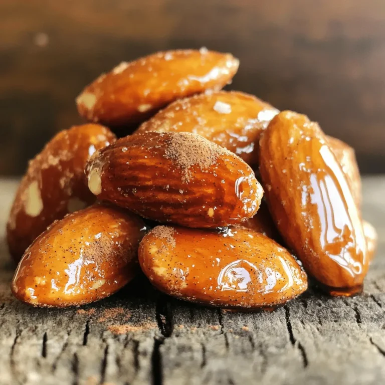 To make Maple Cinnamon Roasted Almonds, you need a few simple items. Here is what you will need: - 2 cups raw almonds - 1/4 cup pure maple syrup - 1 teaspoon ground cinnamon - 1/2 teaspoon vanilla extract - 1/4 teaspoon sea salt - 1/8 teaspoon cayenne pepper (optional) These ingredients come together to create a tasty snack that is both sweet and a bit spicy. The raw almonds provide a crunchy base. The maple syrup gives a sweet layer. Ground cinnamon adds warmth and flavor. Vanilla extract enhances the taste, while sea salt balances the sweetness. If you like a bit of heat, add cayenne pepper. This blend makes for a snack that is hard to resist! 1. Preheating the oven Start by preheating your oven to 350°F (175°C). This step is key for even cooking. 2. Mixing ingredients In a medium-sized bowl, mix together the maple syrup, ground cinnamon, vanilla extract, sea salt, and cayenne pepper if you want a spicy kick. Stir until everything blends nicely. 3. Coating the almonds Now, add the 2 cups of raw almonds to the bowl. Make sure each almond gets a good coat of the maple mixture. You can use a spatula or your hands to do this. 1. Spreading on the baking sheet Next, spread the coated almonds in a single layer on a baking sheet lined with parchment paper. This helps them roast evenly without sticking. 2. Roasting the almonds Place the baking sheet in your preheated oven. Roast the almonds for 10-12 minutes. Stir them halfway to ensure they cook evenly. Keep an eye on them so they don’t burn. 3. Cooling down When the almonds turn golden and smell amazing, take them out of the oven. Let them cool on the baking sheet for about 15 minutes. They will get crunchy as they cool. - Timing and temperature Set your oven to 350°F (175°C). This heat works best for roasting almonds. Roast them for 10 to 12 minutes. Keep an eye on them to avoid burning. The almonds should turn golden brown and smell sweet. - Stirring for even cooking Stir the almonds halfway through roasting. This step helps them cook evenly. Use a spatula to turn them gently. This simple action ensures all sides get that perfect crunch. - Alternative sweeteners If you want a different sweet flavor, try honey or agave syrup. These options give a unique taste that pairs well with the cinnamon. Adjust the amount to match your sweetness level. - Other spices to add Feel free to experiment with spices! Nutmeg or ginger can add warmth. For a little heat, try adding chili powder. These spices can make your almonds even more exciting! {{image_2}} You can change the flavors in your Maple Cinnamon Roasted Almonds. Adding other nuts can bring new tastes and textures. Try walnuts or pecans for a rich flavor. You can also mix in cashews for a creamy bite. Each nut adds a unique twist to your snack. Incorporating dried fruits is another fun way to customize your almonds. Dried cranberries or cherries add a nice tartness. You can also add raisins for sweetness. Mix the dried fruits in after roasting the almonds. This keeps them chewy and fresh. Adjusting the maple syrup quantity lets you control the sweetness. If you love a rich, sweet flavor, you can add more syrup. Just keep in mind that this may make the almonds stickier. For a less sweet version, use less syrup. Exploring different syrups can also change the taste. Honey or agave syrup can work well as substitutes. Each syrup has its own unique flavor. Experiment with these options to find your favorite sweet touch. To keep your maple cinnamon roasted almonds fresh, use airtight containers. This will prevent air and moisture from getting in. Store the container at room temperature. A cool, dark place works best for keeping them tasty. These almonds stay fresh for up to two weeks. You can tell they are still good if they smell nutty and taste crunchy. If they become soft or lose their flavor, it is time to toss them out. Always check for any signs of spoilage. This includes strange smells or changes in color. You can enjoy these almonds as a snack on their own. They are crunchy, sweet, and have a hint of spice. Pair them with fresh fruit like apple slices or banana. You can also mix them into yogurt for a tasty breakfast. If you want more, try adding them to a salad for extra crunch. The flavors go well with greens and vinaigrette. Yes, you can use other nuts if you want. Cashews, pecans, or walnuts work well too. Just keep in mind the cooking time might change. Some nuts roast faster than almonds. So, watch them closely as they bake. You can follow the same steps but adjust the time if needed. Look for a nice golden color on the almonds. You will also smell a warm, sweet aroma in your kitchen. These signs mean they are ready. If they look pale, give them a few more minutes. You want them crisp, not burnt. Check them often to get the perfect roast. You learned how to make tasty Maple Cinnamon Roasted Almonds. We covered the ingredients, preparation steps, and baking tips. You can customize flavors and even substitute for other nuts. Storage tips ensure your almonds stay fresh. Whether you snack on them alone or mix them with treats, these almonds are a delight. Enjoy your crunchy creation, and don’t hesitate to try different variations!