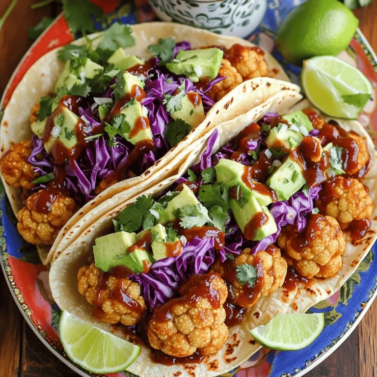 - 1 medium head of cauliflower - 1 cup BBQ sauce - 8 small corn tortillas - 1 tablespoon olive oil - 1 teaspoon smoked paprika - 1 teaspoon garlic powder - Salt and pepper to taste - 1 cup shredded red cabbage - ½ cup diced avocado - ¼ cup fresh cilantro, chopped - Lime wedges for serving When I make BBQ cauliflower tacos, I start with fresh, vibrant ingredients. The main star is the cauliflower. I choose a medium head and cut it into small florets. This helps the cauliflower cook evenly. Next, I grab my favorite BBQ sauce. You can use store-bought or homemade. Either way, it adds a sweet and smoky flavor that shines through. Corn tortillas are essential for wrapping your delightful filling. I prefer small ones for easy handling. For seasoning, I mix olive oil with smoked paprika and garlic powder. These spices give the cauliflower a warm, rich taste. I always add salt and pepper to enhance the flavors. The toppings are just as important. I love using shredded red cabbage for crunch. Diced avocado brings creaminess, while fresh cilantro adds a burst of freshness. Don't forget the lime wedges! They add a zesty kick when squeezed over the tacos. With all these ingredients ready, you create a meal that is not only tasty but also colorful and fun to eat! - Preheat the oven and prepare the baking sheet: Start by preheating your oven to 425°F (220°C). Line a baking sheet with parchment paper. This makes cleanup a breeze. - Prepare the cauliflower florets: Take a medium head of cauliflower and cut it into florets. In a large bowl, mix the florets with one tablespoon of olive oil, one teaspoon of smoked paprika, one teaspoon of garlic powder, and a pinch of salt and pepper. Make sure every floret gets a nice coating. - Bake the cauliflower and toss with BBQ sauce: Spread the coated cauliflower on your baking sheet. Bake for about 20 minutes, flipping them halfway through. They should be tender and slightly crispy. When they finish baking, drizzle one cup of BBQ sauce over the cauliflower. Toss gently to coat. Return them to the oven for another 10 minutes to caramelize the sauce. - Warm the tortillas on a skillet: While the cauliflower is baking, heat eight small corn tortillas in a dry skillet. Warm them over medium heat for about 30 seconds on each side. They should be warm and pliable. - Assemble the tacos with toppings: To put your tacos together, place a generous amount of BBQ cauliflower on each tortilla. Top with one cup of shredded red cabbage and half a cup of diced avocado. - Garnish with cilantro and prepare to serve: Finish by adding a sprinkle of fresh cilantro on top. Serve the tacos with lime wedges on the side for extra zing. Enjoy your flavorful BBQ cauliflower tacos! - To coat the cauliflower well, mix it in a large bowl. The oil and spices should cover all the florets evenly. This makes each bite flavorful. - For crispy cauliflower, bake it at a high temperature. Flip it halfway through cooking. This helps it brown nicely and adds crunch. - Enhance the flavors of your tacos with fresh garnishes. Lime juice adds brightness, while cilantro gives a fragrant touch. - For a pretty plate, use a colorful platter. Arrange lime wedges around the tacos. Sprinkle extra cilantro on top for a fresh look. - Cauliflower is low in calories and high in fiber. It is great for digestion and helps keep you full. - These tacos are vegetarian. If you want to make them vegan, skip any dairy toppings. You can also add beans for extra protein. {{image_2}} You can change the flavor by using different BBQ sauces. Sweet, spicy, or tangy sauces can give your tacos a new taste. Try a chipotle BBQ for a smoky kick or a honey BBQ for sweetness. You can also add toppings like sliced jalapeños for heat or crumbled cheese for creaminess. Each topping adds a unique twist to your dish. If you need gluten-free options, look for corn tortillas. They work great with BBQ cauliflower. For those who want extra flavor, use vegan cheese. It melts well and adds a creamy texture without dairy. You can also swap the avocado for guacamole for more zest. Feel free to serve your BBQ cauliflower as tacos or in bowls. Tacos are fun to eat, while bowls let you load up on toppings. Pair them with side dishes like rice or a fresh salad. This makes your meal more filling and balanced. Enjoy experimenting with these variations for your BBQ cauliflower tacos! To store leftovers, let the BBQ cauliflower cool first. Place it in an airtight container. You can keep the tacos separate. This helps keep the tortillas from getting soggy. Store them all in the fridge for up to 3 days. Use glass or plastic containers with tight lids for best results. To reheat the tacos, use a skillet over medium heat. Heat for about 2-3 minutes on each side. This keeps the tortillas warm and soft. For the cauliflower, you can use the oven. Preheat it to 350°F (175°C) and bake for about 10 minutes. This helps keep the texture and flavor intact. If you want to freeze the BBQ cauliflower, let it cool down first. Place it in a freezer-safe bag or container. Remove as much air as possible. You can freeze it for up to 2 months. When ready to eat, thaw it overnight in the fridge. Reheat it in the oven for the best texture. BBQ cauliflower can last about 3 to 5 days in the fridge. To store it, place the cauliflower in an airtight container. This helps keep it fresh and tasty. If you want to keep it longer, consider freezing it. Yes, you can! Broccoli and Brussels sprouts work well as substitutes. For broccoli, cut it into small florets and follow the same cooking steps. If using Brussels sprouts, halve them and adjust the baking time to about 25 minutes. Pair these tacos with a fresh salad, like a simple green salad. You can also serve them with rice or beans. For drinks, try a light beer or a refreshing lemonade. These sides will add balance and enhance your meal. This blog post covered everything you need for BBQ cauliflower tacos. You learned about the main and additional ingredients and how to prepare them. I shared cooking tips, serving ideas, and nutritional benefits. You also explored variations and storage info for leftovers. In the end, these tacos offer flavor and health in each bite. Enjoy making them your own with different toppings and sides. Happy cooking!