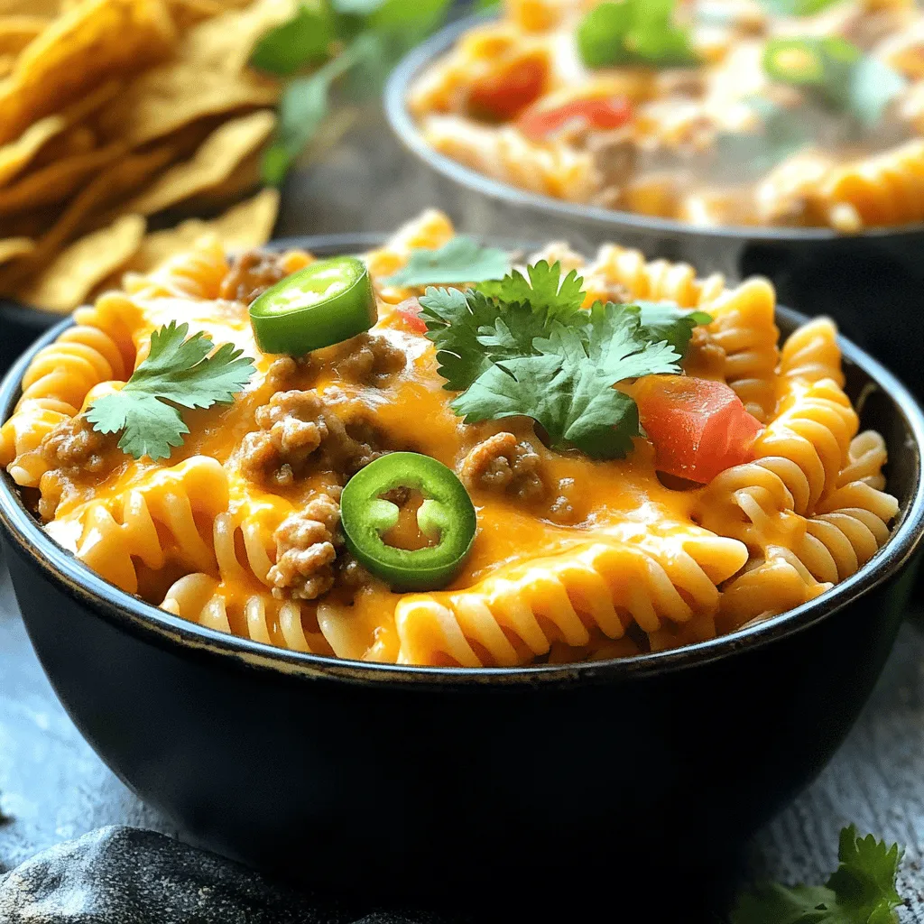 - 8 ounces fusilli or rotini pasta - 1 pound ground turkey or lean ground beef - 1 tablespoon olive oil - 1 small onion, diced - 2 cloves garlic, minced - 1 packet taco seasoning - 1 can (15 ounces) diced tomatoes with green chilies - 1 cup chicken or vegetable broth - 1 cup heavy cream - 1 cup shredded cheddar cheese - 1 cup corn kernels (fresh or frozen) - Salt and pepper to taste - Fresh cilantro, chopped (for garnish) - Sliced jalapeños (optional, for extra heat) Gather these ingredients before you start. You want to have everything ready to go. This makes cooking easy and fun. I love using fusilli or rotini pasta for this dish. Their shapes hold the sauce well. Ground turkey is lean, but you can use beef if you prefer. The olive oil helps brown the meat and adds flavor. Diced onion and garlic give a nice base. Taco seasoning packs in the flavor, and the tomatoes add a bit of heat. I use chicken broth for richness, but vegetable broth works too. Heavy cream makes the dish creamy and smooth, while cheddar cheese adds melty goodness. Corn kernels add sweetness and texture. Don’t forget salt and pepper for seasoning. Fresh cilantro brightens the dish, and jalapeños add heat for those who like it spicy. Get ready for a tasty meal! - Cook the Pasta Start by boiling water in a large pot. Add salt to the water. Once the water is boiling, add 8 ounces of fusilli or rotini pasta. Cook it according to the package instructions until it is al dente. This usually takes about 8-10 minutes. Drain the pasta and set it aside. - Brown the Meat In a large skillet, heat 1 tablespoon of olive oil over medium heat. Once hot, add 1 pound of ground turkey or lean ground beef. Use a spatula to break the meat apart as it cooks. Brown the meat for about 5-7 minutes. If there is extra fat, drain it off carefully. - Sauté Onions and Garlic Add 1 small diced onion and 2 minced garlic cloves to the skillet with the meat. Sauté this mixture for about 3 minutes. You want the onion to turn translucent and release a nice, fragrant smell. - Season and Add Tomatoes and Broth Once the onions are sautéed, sprinkle in 1 packet of taco seasoning. Mix it well with the meat and onions. Next, pour in 1 can of diced tomatoes with green chilies along with their juices. Add 1 cup of chicken or vegetable broth to the skillet, stirring everything together. Let it simmer for about 4-5 minutes. - Make it Creamy Lower the heat and add 1 cup of heavy cream to the skillet. Stir it in well until the cream is fully mixed. Allow the sauce to cook for an additional 2-3 minutes. This will help it thicken up nicely. - Combine with Pasta and Cheese Now, it’s time to bring everything together. Add the cooked pasta to the skillet. Toss in 1 cup of corn kernels and 1 cup of shredded cheddar cheese. Mix everything well until the cheese melts and coats the pasta. Season with salt and pepper to taste. - Serve and Garnish Remove the skillet from heat. Serve the creamy taco pasta hot in deep bowls. For a nice finish, garnish with fresh cilantro and sliced jalapeños if you like. Enjoy your delicious meal! How to achieve the perfect pasta texture To get the best pasta, boil water first. Add a good amount of salt. This helps flavor the pasta. Cook the fusilli or rotini until it is al dente. This means it should be firm when you bite it. After cooking, drain it well, but don’t rinse. Rinsing washes away flavor. Tips for browning meat effectively Start with a hot skillet. Add olive oil and let it heat up. Once hot, add the ground turkey or beef. Use a spatula to break the meat apart. Cook until it turns brown, about 5-7 minutes. Don’t stir too much. Let it sit for a bit to create a nice brown crust. Suggestions for additional spices and herbs You can jazz up your creamy taco pasta. Try adding cumin or smoked paprika for extra warmth. Fresh herbs like cilantro or parsley add brightness. Just sprinkle them in when you mix the meat and sauce. How to adjust the creaminess to taste If you want it creamier, add more heavy cream. Start with a half cup more and mix it in. If you prefer it lighter, use less. You can also swap some cream for Greek yogurt for a tangy twist. {{image_2}} You can easily change up the protein in this dish. Instead of ground turkey, try chicken or even plant-based meat. Both options will work well with the creamy sauce and spices. If you're looking for a gluten-free meal, use gluten-free pasta. For a dairy-free option, replace heavy cream with coconut milk or a dairy-free cream alternative. This keeps the dish creamy while fitting different diets. Want to spice things up? Add extra jalapeños to the skillet. This will give your pasta a nice kick. You can also mix in some chili powder or hot sauce for added heat. If you prefer milder flavors, skip the spicy peppers. To boost nutrition, toss in vegetables. Bell peppers, zucchini, or spinach work great. They add color and a healthy twist. Just sauté them with the onions and garlic. This way, you make your creamy taco pasta not just tasty but also packed with goodness! To keep your creamy taco pasta fresh, store it in an airtight container. Let it cool down first. Place it in the fridge for up to three days. This keeps the flavors intact and safe to eat. If you want to save it longer, try freezing it. Use a freezer-safe container. It can last for about two months in the freezer. Just remember to label it with the date. When you're ready to enjoy leftovers, reheat them gently. I recommend using a skillet for the best texture. Add a splash of broth or water to keep it creamy. Heat over low to medium heat. Stir often until it’s heated through. This way, you avoid overcooking and drying it out. If you use the microwave, heat it in short bursts, stirring in between. This helps heat evenly and keeps the flavor fresh. What type of pasta works best for this dish? I recommend using fusilli or rotini. These shapes hold sauce well. They add a nice texture, making each bite flavorful and fun. You can use other pasta types, but this dish shines with them. Can I use homemade taco seasoning? Yes, you can use homemade taco seasoning! It allows you to control the spices and flavors. Just mix your favorite spices like cumin, chili powder, and garlic powder. This adds a personal touch to your creamy taco pasta. How can I make this recipe vegetarian? To make it vegetarian, swap ground turkey or beef for plant-based meat. You can also use black beans or lentils for protein. Use vegetable broth instead of chicken broth. This keeps it tasty and filling without meat. What can I serve with creamy taco pasta? This dish pairs well with a side salad or tortilla chips. You can also serve it with guacamole or salsa for a fresh kick. For a nice contrast, add some crunchy veggies on the side. How long does this dish last in the fridge? Creamy taco pasta lasts about 3 to 4 days in the fridge. Store it in an airtight container to keep it fresh. Just reheat when you're ready to enjoy it again! Can I prep this recipe ahead of time? Yes, you can prep this dish ahead of time. Cook the pasta and meat, then store them separately. Combine everything before cooking the creamy sauce. This saves time on busy days! In this post, you learned how to make creamy taco pasta with simple steps. We covered all the ingredients you need and tips for tasty variations. Storing leftovers and reheating for the best flavor is also important. This dish is easy to adjust for your tastes and dietary needs. You can swap proteins or add veggies. Experiment with flavors to make it your own. Enjoy your meal and share it with others!
