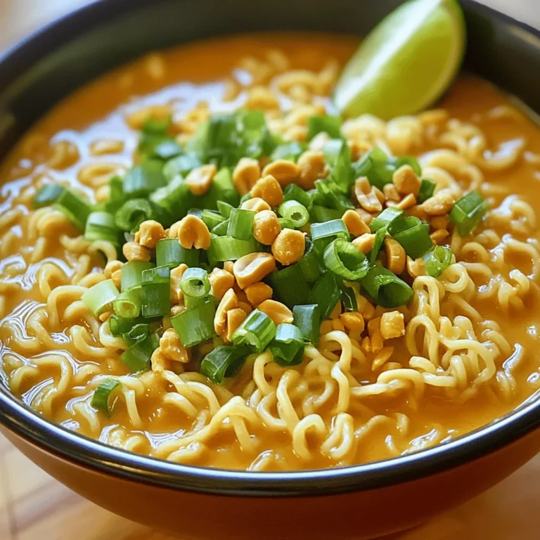 - 2 packs instant ramen noodles (discard the seasoning packets) - 1 cup vegetable broth - 2 tablespoons creamy peanut butter - 1 tablespoon soy sauce - 1 tablespoon sriracha (adjust to taste) - 1 teaspoon sesame oil - 1 teaspoon freshly grated ginger - 1 clove garlic, minced - 2 green onions, sliced (for garnish) - 1/4 cup chopped peanuts (for garnish) - Lime wedges (for serving) To make Minute Spicy Peanut Ramen, you need a few simple ingredients. First, grab two packs of instant ramen noodles. Don't use the seasoning packets; we won't need them. Next, get one cup of vegetable broth. This broth adds depth and flavor to the dish. You will also need creamy peanut butter. It gives the ramen a rich and smooth texture. Add one tablespoon of soy sauce for saltiness. Sriracha adds the heat, so adjust it to your taste. Sesame oil brings a nutty, fragrant touch. Use one teaspoon of freshly grated ginger for a zesty kick, and one clove of minced garlic for extra flavor. For garnish, slice two green onions and chop a quarter cup of peanuts. Finally, lime wedges add a fresh burst when served. With these ingredients, you'll create a quick and tasty meal in just minutes! Start by pouring 1 cup of vegetable broth into a medium saucepan. Heat it over medium heat until it gently boils. This broth adds a nice flavor to your ramen. Once the broth is boiling, add 2 packs of instant ramen noodles. Discard the seasoning packets; we won’t need them. Cook the noodles for 2 to 3 minutes. They should start to soften but not get mushy. Stir them gently to prevent sticking. While the noodles cook, grab a small bowl. Add 2 tablespoons of creamy peanut butter, 1 tablespoon of soy sauce, and 1 tablespoon of sriracha. If you like spice, keep the sriracha; if not, use less. Then, mix in 1 teaspoon of sesame oil, 1 teaspoon of freshly grated ginger, and 1 minced garlic clove. Whisk everything together until it forms a smooth sauce. When the noodles are ready, turn off the heat. Pour the peanut sauce into the saucepan with the noodles. Stir well so the noodles are fully coated in sauce. Let them sit for 1 minute to soak in all the flavors. Scoop the ramen into bowls. Top with sliced green onions and chopped peanuts for crunch. Don't forget to add a lime wedge on the side. Squeezing lime juice over the ramen gives it a bright and fresh taste. Enjoy your Minute Spicy Peanut Ramen! Adjusting Spice Levels You can change the spice level to fit your taste. Start with one tablespoon of sriracha. If you love heat, add more sriracha. You can also mix in chili flakes or hot sauce for extra spice. Taste as you go! Enhancing with Additional Ingredients Adding veggies or protein boosts flavor and nutrition. Try adding cooked chicken, tofu, or fresh spinach. You can also toss in bell peppers or carrots. These ingredients add color and crunch. Fresh herbs like cilantro give a nice twist, too. Ensuring Noodles Don’t Overcook To keep your noodles perfect, watch the cooking time. Cook them for just 2-3 minutes in boiling broth. Stir gently as they cook. Don’t let them sit too long; they can turn mushy. Combining Ingredients Smoothly When mixing the sauce with the noodles, do it slowly. Pour the sauce over the noodles, then stir gently. This helps the noodles soak up the flavor. Let them sit for a minute to absorb even more taste! {{image_2}} You can easily change up the protein in your ramen. Adding tofu makes it vegetarian. Firm tofu works best. Just cube it and pan-fry until golden. If you prefer chicken, cook it separately and shred it. Add either option right before serving for a hearty touch. Fresh or cooked vegetables can enhance your ramen. Try adding spinach or bok choy for greens. Chop them and stir them in during the last minute of cooking. You can also use frozen peas or carrots. They heat up fast and add nice color. You can switch up the flavor by trying different nut butters. Almond or cashew butter can give a unique taste. For a twist, use hoisin sauce instead of soy sauce. Each option brings a new flavor profile to your dish. Experiment and find what you love most! I often have leftover Minute Spicy Peanut Ramen. To store it, let it cool first. Place it in an airtight container. You can keep it in the fridge for up to three days. Make sure to separate the noodles from the broth. This helps keep everything fresh. If you mix them, the noodles can soak up too much liquid. When it’s time to enjoy the leftovers, you want to keep those noodles nice. Use a microwave-safe bowl. Add the ramen and a splash of broth. Heat it for about one to two minutes. Stir halfway through to ensure even heating. If you prefer, you can reheat it on the stove. Just add the ramen and broth to a pan over medium heat. Stir gently until warm. Enjoy your ramen with fresh green onions and peanuts for a tasty meal! To make Minute Spicy Peanut Ramen vegetarian, you can swap the broth. Use vegetable broth instead of chicken broth. This simple change keeps the flavors rich and tasty. You can also add tofu for protein. Silken tofu blends well and adds creaminess. For extra veggies, toss in some spinach or bell peppers. They add color and nutrients. Yes, you can use different noodles! If you don’t have instant ramen, try soba or udon noodles. Both cook quickly and pair well with the peanut sauce. Rice noodles are another great choice. They give a nice texture too. Just adjust the cooking time based on the noodle type you choose. To change the spice level, simply add more or less sriracha. Start with less if you prefer mild flavors. You can always add more later. If you like it hotter, try adding fresh chili slices or chili oil. This gives a nice kick. Don't forget to taste as you go! You now have a tasty, easy recipe for a flavorful ramen dish. We covered key ingredients, simple cooking steps, tips for flavor, and fun variations. Plus, I shared storage tips to keep your leftovers fresh. Experiment with different proteins, veggies, or sauces to match your taste. Cooking should be fun and rewarding. Enjoy your ramen adventure, and remember to make it your own!
