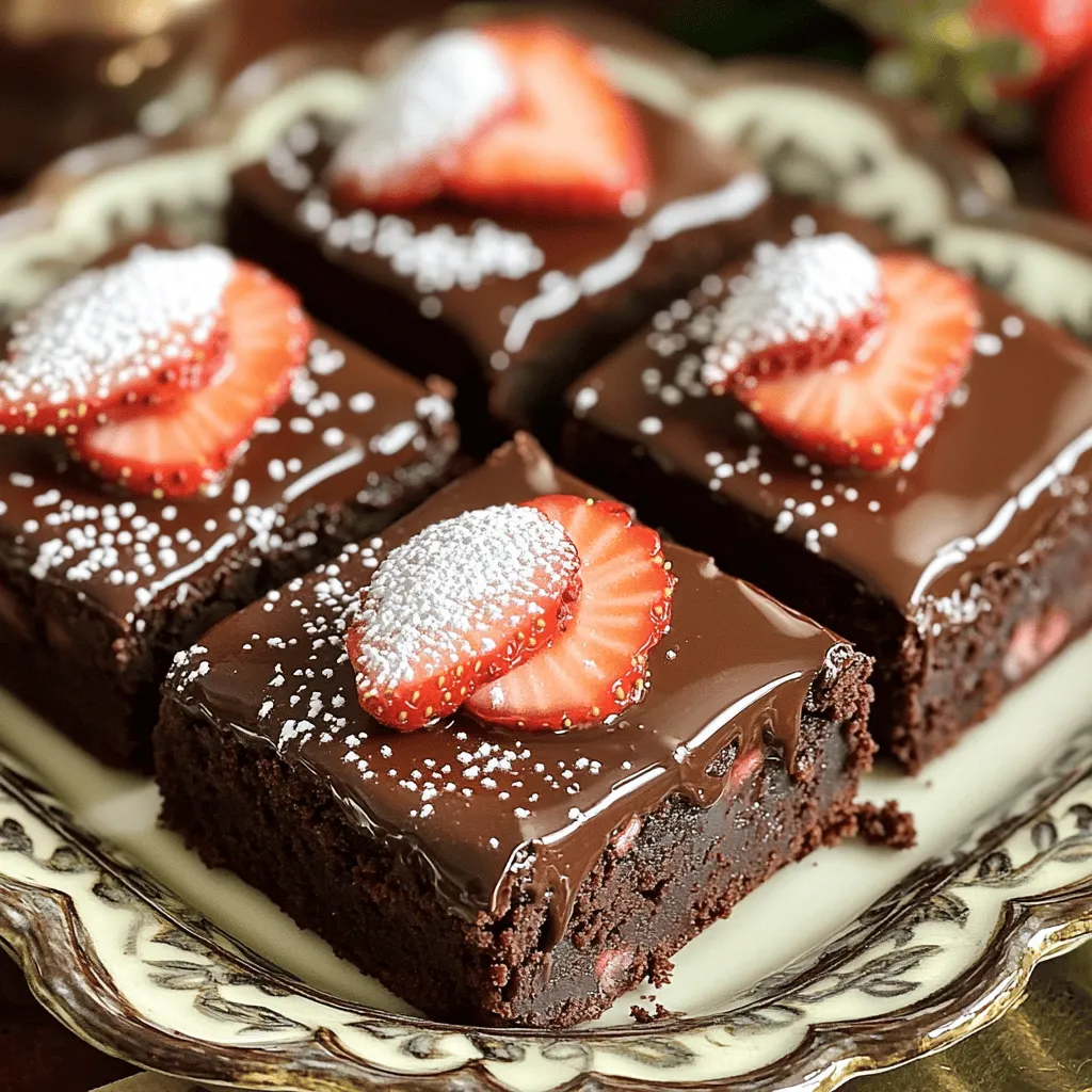 - 1 cup all-purpose flour: This gives structure to the brownies. - 1/2 cup unsweetened cocoa powder: This adds rich chocolate flavor. - 1/2 teaspoon baking powder: This helps the brownies rise. - 1/4 teaspoon salt: This enhances the sweetness. - 1/2 cup unsalted butter, melted: This adds moisture and richness. - 1 cup granulated sugar: This sweetens the batter. - 2 large eggs: These bind the ingredients together. - 1 teaspoon vanilla extract: This adds depth to the flavor. - 1 cup fresh strawberries, hulled and sliced: These provide fresh fruit flavor. - 1/2 cup semi-sweet chocolate chips: This adds extra chocolate goodness. - 1/2 cup heavy cream: This is used for the chocolate ganache. - 1/4 cup powdered sugar: This is for dusting the brownies. You can swap all-purpose flour with gluten-free flour for a gluten-free option. Use dark chocolate chips if you want a richer taste. If you can’t find fresh strawberries, frozen ones work, but drain them well. In summer, try using raspberries or peaches for a fruity twist. In fall, you could add pumpkin puree to the batter for a seasonal flavor. Fresh mint leaves can also add a refreshing touch during spring. First, preheat your oven to 350°F (175°C). This step is key for even baking. Next, take an 8x8 inch baking pan. Grease it well to prevent sticking. Line the pan with parchment paper. Leave some paper hanging over the edges. This makes it easy to lift out the brownies later. Now, let’s mix our ingredients. In a medium bowl, whisk together the following dry items: - 1 cup all-purpose flour - 1/2 cup unsweetened cocoa powder - 1/2 teaspoon baking powder - 1/4 teaspoon salt Whisk them until they're well combined. Set this bowl aside. In a larger bowl, mix these wet ingredients: - 1/2 cup unsalted butter, melted - 1 cup granulated sugar Stir them until the mixture is smooth. Then, add in the eggs one by one. Mix well after each egg. Finally, stir in 1 teaspoon vanilla extract. Gradually add the dry mix to the wet ingredients. Fold it gently until it’s just combined. Be careful not to overmix. Now, gently stir in 1 cup of sliced strawberries. Pour the brownie batter into your prepared pan. Spread it out evenly. Bake for 20 to 25 minutes. To check if they are done, insert a toothpick in the center. It should come out with a few moist crumbs. Once baked, let the brownies cool in the pan for about 10 minutes. After that, lift them out using the parchment paper. Place them on a wire rack to cool completely. To get the best brownies, avoid overmixing your batter. Overmixing can lead to tough brownies. Mix just until the dry ingredients blend in with the wet ones. When you add the strawberries, fold them in gently. This keeps the brownies moist and tender. Bake them until a toothpick comes out with a few moist crumbs. This ensures they stay soft inside. You can serve chocolate covered strawberry brownies in fun ways. Cut them into neat squares and place them on a nice platter. Add extra strawberry slices on top for color. You might also drizzle more chocolate on each piece for a fancy touch. For a fun dessert, pair them with vanilla ice cream. It adds a nice creaminess that contrasts well with the brownies. Be careful not to skip greasing your pan. This can lead to brownies that stick. Also, don’t skip cooling the brownies before cutting. If you cut them too soon, they may fall apart. Finally, make sure to check your oven temperature. An oven that is too hot can burn the brownies. Following these tips helps you enjoy perfect chocolate covered strawberry brownies every time. {{image_2}} You can add extra flavors to your brownies. Try mixing in mint extract or orange zest. These flavors blend well with chocolate. A few drops of mint will give a fresh kick. Adding orange zest brightens the brownies. You can also use different extracts like almond or coconut. This lets you create your own unique treat. If you need gluten-free brownies, swap the all-purpose flour with almond flour. It works well and keeps the brownies moist. For a vegan option, replace the eggs with flax eggs. Mix one tablespoon of ground flaxseed with three tablespoons of water. Let it sit for a few minutes to thicken. You can also use coconut oil instead of butter. These changes keep the brownies delicious and friendly for everyone. Garnishing your brownies can take them to the next level. You can top them with crushed nuts or sprinkles. Drizzle extra chocolate over the top for a special touch. Fresh mint leaves add color and flavor. You can also sprinkle sea salt for a sweet and salty combo. These simple changes make your brownies look fancy and taste great! To keep your brownies fresh, store them correctly. You can place them in an airtight container. If you store them at room temperature, they stay soft for a few days. If you prefer the fridge, wrap them tightly in plastic wrap. This helps keep them moist and tasty. Always remember to let them cool completely before storing. Freezing brownies is easy and keeps them fresh longer. First, let the brownies cool down after baking. Then, cut them into squares. Wrap each square in plastic wrap. Place the wrapped brownies in a freezer-safe bag or container. Label the bag with the date. To enjoy, remove a brownie and let it thaw at room temperature. This usually takes about an hour. Brownies stay fresh for about three to four days at room temperature. In the fridge, they can last up to a week. If you freeze them, they taste great for up to three months. Just remember, the fresher the brownies, the better they taste! Yes, you can use frozen strawberries! They work well in this recipe. However, keep a few tips in mind: - Thaw the strawberries first to get rid of excess water. - Pat them dry with a paper towel to avoid soggy brownies. - Use them in the same way as fresh ones. Frozen strawberries can add a nice flavor, but they may be softer. To check if your brownies are done, use a toothpick. Insert it into the center of the brownies. - If it comes out with a few moist crumbs, they are ready. - If it comes out wet with batter, bake for a few more minutes. - Remember, the brownies will continue to cook a bit after you take them out. Yes, you can make these brownies ahead of time. Here’s how: - Bake the brownies and let them cool completely. - Store them in an airtight container at room temperature for up to three days. - You can also freeze them for up to three months. Just wrap them well. - When you’re ready to serve, let them thaw at room temperature and add the ganache. This post covered the key ingredients for chocolate covered strawberry brownies. You learned how to choose the best ingredients, mix them, and achieve the perfect texture. We shared tips, variations, and storage methods to keep your brownies fresh. Remember to experiment with flavors and toppings. If you follow the steps and advice given, you can enjoy delicious brownies every time you bake. The joy of baking lies in trying new things and sharing with others. Enjoy your brownie journey!