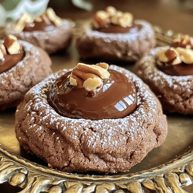 - 1 cup all-purpose flour - ½ cup unsweetened cocoa powder - ½ teaspoon baking powder - ¼ teaspoon salt - ½ cup unsalted butter, softened - ½ cup granulated sugar - ½ cup brown sugar, packed - 1 large egg - 1 teaspoon vanilla extract - ¾ cup chopped roasted hazelnuts - ½ cup chocolate hazelnut spread (like Nutella) Each ingredient plays a key role in making these cookies great. The all-purpose flour gives structure. Cocoa powder adds rich chocolate flavor. Baking powder helps the cookies rise. Salt brings out sweetness. Softened butter makes the cookies rich and tender. Granulated sugar adds sweetness, while brown sugar adds moisture and depth. The egg binds everything together. Vanilla extract gives a warm flavor. Chopped hazelnuts add crunch and nutty taste. The chocolate hazelnut spread fills the thumbprint with creamy goodness. - Mixing bowls - Baking sheet - Parchment paper - Measuring cups - Measuring spoons - Whisk - Rubber spatula - Cookie scoop Having the right tools makes baking easier. Mixing bowls help combine ingredients without mess. A baking sheet ensures even cooking. Parchment paper keeps cookies from sticking. Accurate measuring cups and spoons are crucial for the best results. A whisk mixes dry ingredients well. A rubber spatula helps fold in hazelnuts smoothly. A cookie scoop makes shaping the dough quick and uniform. 1. Preheat your oven to 350°F (175°C). Line a baking sheet with parchment paper. This step helps the cookies bake evenly and prevents sticking. 2. In a medium bowl, whisk together the dry ingredients: 1 cup all-purpose flour, ½ cup unsweetened cocoa powder, ½ teaspoon baking powder, and ¼ teaspoon salt. Set this aside. 3. In a large bowl, cream the wet ingredients: Beat ½ cup softened unsalted butter, ½ cup granulated sugar, and ½ cup brown sugar. Mix until it’s light and fluffy. 4. Add in 1 large egg and 1 teaspoon vanilla extract. Mix well until everything is combined. This gives the cookies a rich flavor. 5. Gradually add the dry mixture to the wet mixture. Stir until just combined. Don’t overmix. 6. Fold in ¾ cup chopped roasted hazelnuts. These nuts add a nice crunch and flavor to every bite. 1. Using a tablespoon, scoop the dough. Roll each scoop into a ball and place them on the baking sheet, leaving space between each cookie. 2. Make an indent in the center of each cookie ball. You can use your thumb or the back of a small spoon. This creates the thumbprint. 3. Fill each thumbprint with chocolate hazelnut spread. Use about ½ teaspoon for a mini dollop. This adds a delicious chocolatey center. 4. Bake the cookies for 10-12 minutes. They should be set on the edges but soft in the middle. 1. Let the cookies cool on the baking sheet for a few minutes. This helps them firm up a bit before moving. 2. Transfer them to a wire rack to cool completely. This step keeps them from getting soggy. 3. For a lovely presentation, dust with powdered sugar. Arrange them on a pretty platter with whole hazelnuts for a nice touch. Enjoy! - Ingredient temperature plays a big role in cookie texture. Use room-temperature butter. Cold butter makes dough hard to blend. - Avoid overbaking by checking cookies early. The edges should be set, but the center should still look soft. They will firm up as they cool. - Dough too dry? Add a teaspoon of milk or water. This can help bind the dough. Mix gently after adding. - Dough too wet? Sprinkle a bit of flour until the dough firms up. Be careful not to add too much. - Perfect thumbprint tips: Use your thumb or a small spoon to make an even indent. Press lightly so it holds the filling but doesn't break. {{image_2}} You can easily make these cookies gluten-free. Use almond flour or coconut flour as a substitute. Both flours work well and add a nice taste. Make sure to check labels for hidden gluten. For a vegan version, swap out the butter with coconut oil. You can use a flax egg instead of the large egg. To make a flax egg, mix one tablespoon of ground flaxseed with three tablespoons of water. Let it sit for five minutes to thicken. If you want to get creative, add spices like cinnamon or nutmeg. A hint of cinnamon gives warmth and depth. You can also stir in some instant coffee for a mocha twist. Feel free to change the filling too! Instead of chocolate hazelnut spread, try using raspberry jam or peanut butter. Each filling will bring its own unique taste to the cookie. To keep your chocolate hazelnut thumbprint cookies fresh, store them in an airtight container. This helps prevent them from drying out and losing their yummy taste. Layer the cookies with parchment paper to avoid sticking. Keep the container at room temperature, away from heat or direct sunlight. This way, your cookies will stay soft for up to a week. For longer storage, you can use a cookie tin or a glass jar. These containers seal well and look nice on your kitchen counter. Just remember to check the lid for a tight fit. You can freeze your chocolate hazelnut thumbprint cookies for later enjoyment. To freeze baked cookies, let them cool completely first. Then, place them in a single layer on a baking sheet and freeze for about an hour. Once frozen, transfer the cookies to a freezer bag. Remove as much air as possible before sealing. They can last in the freezer for up to three months. If you want to freeze the dough, scoop the dough into balls and place them on a baking sheet. Freeze them until firm, then transfer to a freezer bag. When you're ready to bake, no need to thaw. Just bake the frozen dough for a couple more minutes than the recipe states. Enjoy warm, fresh cookies anytime! How long do these cookies last? These cookies can last up to one week at room temperature. Store them in an airtight container to keep them fresh. If you want to keep them longer, place them in the fridge, where they can last up to two weeks. Can I use other nuts instead of hazelnuts? Yes, you can use other nuts like walnuts or almonds. Just chop them finely to blend well with the dough. Each nut will add a different flavor, so feel free to experiment! What can I substitute for the chocolate hazelnut spread? You can use peanut butter or almond butter as a substitute. If you need a different flavor, try using fruit preserves. Just remember, the texture and taste will change a bit. How can I make the dough ahead of time? You can make the dough and chill it in the fridge for up to three days. Wrap the dough tightly in plastic wrap. When ready, just scoop, shape, and bake as usual! We covered everything you need to make delicious chocolate hazelnut thumbprint cookies. You learned about the key ingredients, essential tools, and detailed steps to create these treats. I shared tips to avoid common baking issues and variations for different diets. Storing and freezing methods help keep your cookies fresh longer. With this guide, you’re well-equipped to bake your cookies successfully. Enjoy the process and the tasty rewards that follow!