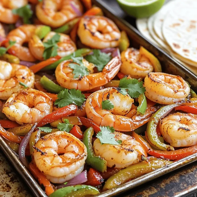 - 1 pound large shrimp, peeled and deveined - 2 bell peppers (one red, one green), sliced - 1 red onion, sliced I love using large shrimp in this dish. They are sweet and tender. Bell peppers add color and crunch. Using one red and one green pepper gives a nice flavor mix. The red onion brings a mild sweetness. - 2 tablespoons olive oil - 2 teaspoons chili powder - 1 teaspoon cumin - 1 teaspoon smoked paprika - Salt and pepper to taste Olive oil helps the shrimp and veggies cook nicely. Chili powder gives a warm kick. Cumin adds earthiness, while smoked paprika gives a hint of smoke. A little salt and pepper enhance all the flavors. - 3 cloves garlic, minced - Juice of 1 lime - Tortillas, for serving - Fresh cilantro, for garnish Garlic adds a strong, savory taste. Lime juice brightens up the dish. The tortillas are essential for wrapping the filling. Fresh cilantro brings a burst of freshness, making each bite even better. Prepping the shrimp Start with one pound of large shrimp. Make sure they are peeled and deveined. Rinse them under cold water. This step ensures your shrimp taste fresh. Pat them dry with paper towels. Dry shrimp cook better and get that nice sear. Slicing the vegetables Next, grab two bell peppers, one red and one green. Slice them into thin strips. This helps them cook evenly. Now, take one red onion and slice it as well. These veggies add color and crunch to your dish. Finally, mince three cloves of garlic. Garlic brings great flavor to your fajitas. Mixing the shrimp and vegetables In a large bowl, combine the shrimp, sliced bell peppers, red onion, and minced garlic. Toss them gently to mix. This helps ensure every piece is coated with flavor. Adding seasonings Drizzle two tablespoons of olive oil over the mixture. Then, add two teaspoons of chili powder, one teaspoon of cumin, and one teaspoon of smoked paprika. Don’t forget to season with salt and pepper. Toss everything again until well coated. This step is key to getting bold flavors in your fajitas. Preparing the sheet pan Preheat your oven to 400°F (200°C). While it heats, spread the shrimp and veggie mix evenly on a large sheet pan. Make sure they are in a single layer. This helps them cook properly and get that nice roasted texture. Baking time and temperature details Bake your fajitas in the preheated oven for 10-12 minutes. Keep an eye on them. The shrimp should turn opaque and the veggies should be tender. Once done, take the sheet pan out and drizzle it with lime juice. This adds a zesty touch to your meal. Enjoy your colorful, flavorful shrimp fajitas! To achieve perfectly cooked shrimp, do not overcook them. Cook shrimp for just 10-12 minutes at 400°F (200°C). When they turn opaque, they’re ready. For crispy vegetables, cut them into uniform sizes. Thin slices cook faster and get crispy. Toss them with oil and spices before baking for the best results. Fajitas shine when you serve them warm. Use soft tortillas to wrap the shrimp and veggies. You can also serve them on a plate with toppings on the side. Salsa, guacamole, and sour cream add great flavor. Fresh cilantro is a must for garnish. It brightens up every bite! For even cooking, use a heavy-duty sheet pan. A large pan allows shrimp and veggies to spread out. This keeps them from steaming. Use a spatula for easy mixing and serving. A sharp knife makes slicing veggies quick and safe. Consider a cutting board that is easy to clean. This makes prep time a breeze! {{image_2}} You can switch up the shrimp for other proteins. Chicken or tofu works well. Both options absorb the spices nicely. If you want to go plant-based, try jackfruit. It has a good texture and takes on flavors great. For vegetables, you can use many options. Try zucchini or mushrooms for a fun twist. Corn adds sweetness and crunch. You can mix and match to suit your taste. If you like it spicy, add more chili powder or some cayenne pepper. You can also use sliced jalapeños for fresh heat. For a milder version, skip the spicy stuff and focus on the smoky paprika. You can add sweetness too. A bit of honey or brown sugar can balance the heat. Just a spoonful can change the whole dish. Adjust to find your perfect balance. For gluten-free options, use corn tortillas instead of flour. They taste amazing and hold the filling well. You can also skip the tortillas and serve it over rice. If you want a vegan version, replace the shrimp with chickpeas. They add protein and texture. You can also use more veggies, like spinach or kale, for added nutrients. To store leftovers, place shrimp fajitas in an airtight container. Keep the container in the fridge. This way, your meal stays fresh. The shelf life in the fridge is about three days. Always check for signs of spoilage before eating. You can freeze cooked shrimp fajitas for longer storage. Make sure they cool completely first. Place them in a freezer-safe bag or container. Remove as much air as possible to avoid freezer burn. For best results, use them within three months. For thawing, move the container to the fridge overnight. This gentle method keeps the shrimp and veggies from getting mushy. The best methods for reheating are the oven or stovetop. Preheat your oven to 350°F (175°C). Spread the fajitas on a baking sheet and heat for about 10 minutes. On the stovetop, use a skillet over medium heat. Stir gently for about five minutes until heated through. To avoid overcooking, watch closely. Remove them from heat just as they warm up. How long to cook shrimp in the oven? You should cook shrimp in the oven for about 10 to 12 minutes. They will turn opaque when done. Keep an eye on them to avoid overcooking. Can I use frozen shrimp for this recipe? Yes, you can use frozen shrimp. Just thaw them before cooking. This helps them cook evenly and taste great. How many calories are in shrimp fajitas? Shrimp fajitas have about 250 to 300 calories per serving. This depends on how many tortillas and toppings you use. Are shrimp fajitas healthy? Yes, shrimp fajitas are healthy. They are low in fat and high in protein. The veggies add fiber and nutrients. Can I make this on a grill instead? Yes, you can grill shrimp fajitas. Just use a grill pan or skewers. Cook them until the shrimp are opaque and the veggies are tender. What temperature should shrimp be cooked to? Shrimp should reach an internal temperature of 120°F. This ensures they are safe to eat and taste their best. In this post, we explored making delicious shrimp fajitas. We covered the key ingredients, like shrimp, bell peppers, and spices. You learned how to prep and cook your meal step-by-step, with tips for perfect results. We also discussed variations and storage methods. These fajitas are versatile and easy to adjust. You can make them fit any taste or diet. Now, it’s time to gather your ingredients and start cooking. Enjoy the process and indulge in a tasty meal!