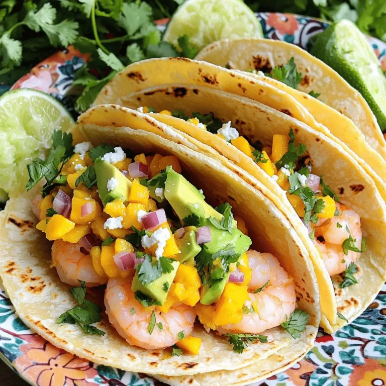 - 1 lb large shrimp, peeled and deveined - 1 ripe mango, diced - 1 habanero pepper, finely chopped (adjust to taste) - 1/4 cup red onion, finely chopped - 2 tablespoons fresh cilantro, chopped - 2 tablespoons lime juice - 1 tablespoon olive oil - 1 teaspoon garlic powder - Salt and pepper to taste - 8 small corn tortillas - 1 avocado, sliced - 1/2 cup crumbled queso fresco (optional) In this recipe, the shrimp is the star. The large shrimp gives a nice bite. You want them peeled and deveined for ease. Next, the ripe mango adds a sweet touch that balances the heat. Choose a mango that feels soft to the touch. It should smell sweet too. The habanero pepper brings the heat. You can adjust how much you use. If you prefer less spice, start with half. The red onion and fresh cilantro add crunch and flavor. Lime juice ties everything together with a bright zing. For cooking, olive oil keeps the shrimp moist. Garlic powder enhances the flavor without overpowering it. Salt and pepper are key for taste. The corn tortillas are perfect for holding everything together. You can warm them to make them soft and pliable. Sliced avocado adds creaminess. Queso fresco is optional but adds a nice salty touch. Gather these ingredients, and you will create a dish that is both flavorful and spicy. - In a bowl, combine 1 lb of shrimp with 1 teaspoon garlic powder, 2 tablespoons lime juice, 1 tablespoon olive oil, and salt and pepper to taste. - Add 1 finely chopped habanero pepper. Mix well and let the shrimp marinate for 15-20 minutes. Marinating helps the shrimp soak up all the great flavors. The habanero adds a nice kick. If you want less heat, use less habanero. - In another bowl, mix 1 diced ripe mango, 1/4 cup finely chopped red onion, 2 tablespoons chopped cilantro, and another squeeze of lime juice. - Season with a pinch of salt and stir until combined. Let it sit to let the flavors meld. A good mango salsa is sweet and tangy. It balances the heat from the shrimp. Make sure your mango is ripe for the best taste! - Heat a skillet over medium-high heat. - Add the marinated shrimp in a single layer. Cook for about 2-3 minutes on each side until they are pink and opaque. Be careful not to overcook the shrimp. They cook fast and can become rubbery if left too long. - In a separate dry skillet, lightly warm 8 small corn tortillas for about 30 seconds on each side until they are soft. Warming the tortillas makes them more pliable. It also enhances their flavor. - On each tortilla, layer the cooked shrimp, mango salsa, and a few slices of avocado. - If you like, sprinkle some crumbled queso fresco on top for extra flavor. Layering the ingredients adds texture and taste. The avocado adds creaminess, which is delightful. - Serve the tacos right away with lime wedges on the side. The lime adds a fresh burst of flavor. Squeeze it over the tacos just before you bite in! - Avoid overcooking shrimp for tender texture. Shrimp cooks fast, just 2-3 minutes per side. - Use gloves when handling habanero pepper to prevent irritation. This pepper can be very spicy. - Choose a ripe, sweet mango for best flavor. A good mango adds sweetness to the dish. - Check for softness and a fragrant aroma when selecting. A ripe mango feels slightly soft to touch. - Arrange tacos on a colorful plate with fresh cilantro and lime wedges. This makes the dish look inviting. - Consider adding extra toppings like radishes or hot sauce for variety. More toppings can enhance flavors and textures. {{image_2}} You can switch shrimp for grilled chicken or fish. Both options work great. If you want a vegetarian meal, try using tofu. It absorbs flavors well and adds protein. Feel free to get creative with salsas. Use pineapple or peach for a sweet twist. A corn salsa adds a nice crunch. Each choice brings a unique flavor to your tacos. Corn tortillas are a perfect choice for gluten-free tacos. You can also make lettuce wraps for a low-carb option. Always check that your ingredients are gluten-free if needed. After enjoying your tasty tacos, store leftover shrimp and salsa in an airtight container. Keep it in the refrigerator. Aim to eat them within 1-2 days for the best quality. This way, you can still savor the flavors without sacrificing taste. To reheat shrimp, use a skillet over low heat. This method prevents overcooking and keeps them tender. For tortillas, warm them briefly in a skillet or microwave. This ensures they stay soft and tasty when you serve them again. If you want to save shrimp for later, you can freeze them before cooking. They stay good for up to 3 months. When you’re ready to enjoy them, just thaw and cook. Make sure to prepare the salsa fresh for the best flavor. This will keep your tacos vibrant and delicious. Yes, you can marinate the shrimp and prepare the salsa in advance. This saves time. Just assemble the tacos right before serving to keep them fresh and tasty. The spice level can change based on how much habanero you use. If you want less heat, start with a small amount. You can always add more if you like it spicy. Great sides to pair with these tacos include Mexican street corn, black beans, or a fresh garden salad. They add nice flavors and textures to your meal. Yes, you can use frozen shrimp for this dish. Just remember to thaw it completely and pat it dry before marinating. This helps the shrimp absorb the flavors better. You learned how to make tasty Mango Habanero Shrimp Tacos with ease. The fresh ingredients, step-by-step cooking methods, and handy tips will help you impress anyone at your table. Whether you try different proteins or salsas, the options are vast. Remember, avoid overcooking the shrimp for the best taste. Enjoy these flavorful tacos right away or store leftovers for later. Now, it’s time to dig in and savor the great flavors you’ve created. Happy cooking!