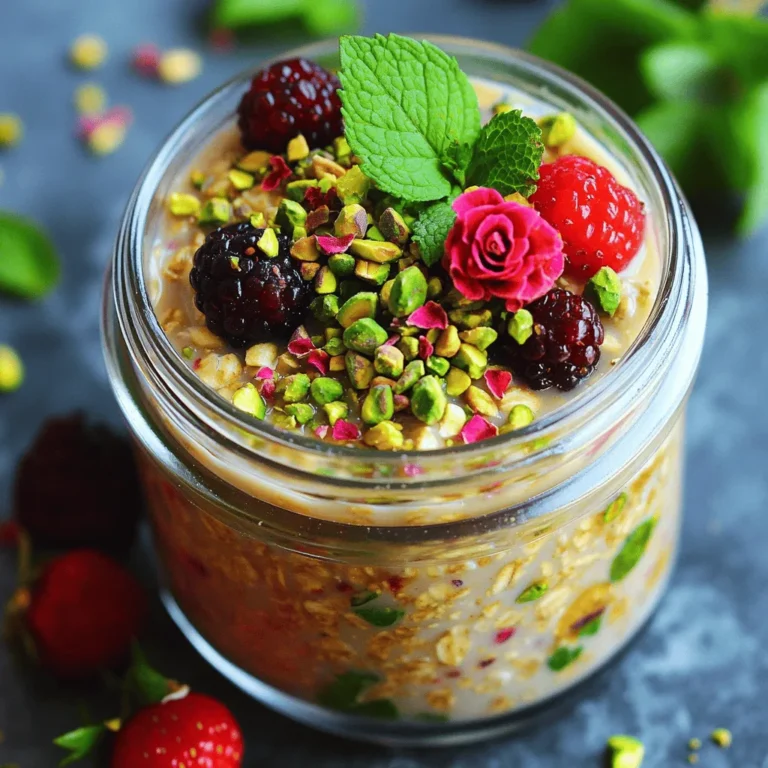 - 1 cup rolled oats - 1 1/2 cups almond milk (or any milk of choice) - 1/4 cup Greek yogurt (optional for creaminess) - 2 tablespoons honey or maple syrup - 1 tablespoon rose water - 1/4 cup shelled unsalted pistachios, chopped - 2 tablespoons dried rose petals (edible) - 1/4 teaspoon cardamom powder Pistachio Rose Overnight Oats start with simple yet essential ingredients. The rolled oats are the star, providing a hearty base. They soak up the almond milk, making them creamy. Almond milk works well, but feel free to use any milk you like. Greek yogurt adds a nice touch of creaminess. You can skip it if you prefer a lighter dish. Sweeteners like honey or maple syrup give the oats a lovely sweetness. Rose water adds a floral note, making each bite special. For toppings, chopped pistachios add a crunchy texture. They also bring a nutty flavor that pairs well with the oats. Dried rose petals make for an elegant touch. They are edible, so they add beauty and flavor. Finally, a sprinkle of cardamom powder gives a warm spice that enhances the dish. Each ingredient plays a role in creating a delightful breakfast treat. You can mix and match based on your taste. Enjoy the process and have fun with it! Start by taking a large mixing bowl. In that bowl, combine: - 1 cup rolled oats - 1 1/2 cups almond milk (or your milk of choice) - 1/4 cup Greek yogurt (optional for creaminess) Mix them together until they blend well. Next, it’s time to add some sweetness and flavor. Add: - 2 tablespoons honey or maple syrup - 1 tablespoon rose water - 1/4 teaspoon cardamom powder - Half of the chopped pistachios (1/8 cup) Stir everything until the mixture is smooth and evenly combined. Now, it’s time to portion the mixture. Divide the oat mixture into two to four jars, depending on how much you want to serve. Make sure each jar has an even amount. On top of each jar, sprinkle: - 2 tablespoons dried rose petals (edible) - Remaining chopped pistachios (1/8 cup) This will add a lovely touch and crunch. Once your jars are ready, cover them with lids or plastic wrap. Place them in the refrigerator. Let them chill overnight or for at least four hours. This helps the oats soak up all the flavors. In the morning, take out your jars. Give the oats a good stir. You can also add fresh toppings like: - Fresh berries (optional) - Chopped mint leaves for garnish These will add a pop of color and flavor to your meal. Enjoy your Pistachio Rose Overnight Oats! Greek yogurt adds a lovely creaminess to your oats. It thickens the mixture and gives a rich taste. If you want a dairy-free option, try using coconut yogurt. It offers a nice texture and flavor. You can also add a bit more almond milk for a lighter feel. You can change the sweetness to fit your taste. If you prefer less sweet, reduce the honey or maple syrup. You can also try adding more spices, like cinnamon or nutmeg, for extra warmth. A pinch of vanilla extract can enhance the taste too. Creative layers make your oats look great. Start with a layer of oats, then add fresh berries and nuts. Repeat the layers and top with mint leaves for color. Use jars or small bowls for serving. This makes it fun and easy to enjoy! {{image_2}} You can easily make this dish dairy-free. Start by swapping almond milk for any plant-based milk. Options include oat, soy, or coconut milk. For yogurt, choose a dairy-free alternative like coconut yogurt. This keeps the creaminess while being vegan-friendly. For sweetness, try maple syrup instead of honey. Maple syrup adds a rich flavor and keeps it vegan. You can also use agave syrup for a lighter touch. Both options mix well in your oats. Get creative with flavors! You can use different nut bases. Try cashew milk or coconut milk for a twist. Each nut adds its unique taste to the oats. Instead of rose water, consider using orange blossom water. This change gives the dish a bright, citrusy note. You might also try lavender water for a floral touch. Each option brings a new layer of flavor. Adjust toppings based on what's in season. In summer, use fresh berries like strawberries or blueberries. In fall, add sliced apples or pears. This keeps your meal fresh and exciting. Spices can also change with the seasons. In winter, add cinnamon for warmth. In spring, a pinch of cardamom brightens the dish. These small changes make every bowl special. To keep your Pistachio Rose Overnight Oats fresh, use glass jars or airtight containers. These containers prevent moisture loss and keep flavors intact. Store your oats in the fridge for up to five days. This ensures you enjoy delicious, creamy oats throughout the week. You can freeze your overnight oats for longer storage. To freeze, simply portion the oats into jars, leaving space at the top. This allows for expansion as they freeze. For the best quality, consume them within three months. To thaw, place the jar in the fridge overnight. You can also microwave them for a quick option, but make sure to stir well. Meal prepping helps you save time and enjoy this tasty treat all week. Prepare multiple jars at once, and store them in the fridge. If you want to keep your ingredients fresh, add toppings like berries or mint just before serving. This keeps your oats looking and tasting great! Yes, you can make these oats ahead of time. I recommend soaking them for at least four hours. This time allows the oats to soak up the milk and flavors. If you want them ready for the week, you can prepare them up to three days in advance. Just keep them in the refrigerator. If you do not have rose water, you can use vanilla extract for a different flavor. You can also try almond extract for a nutty taste. Adjust the amount to your liking. Start with half the amount and taste as you go. This way, you can keep the recipe fresh and fun while still enjoying a tasty breakfast. You can easily modify this recipe for dietary needs. For a gluten-free option, use gluten-free oats. If you have nut allergies, swap almond milk for oat or coconut milk. You can skip the Greek yogurt for a dairy-free version. Just make sure to choose alternatives that suit your needs. This flexibility helps you enjoy Pistachio Rose Overnight Oats no matter your diet. This blog post covered making delicious Pistachio Rose Overnight Oats. You learned about essential ingredients like oats and milk, plus sweeteners like honey and rose water. I shared step-by-step instructions for mixing, prepping jars, and serving. You also discovered tips to enhance flavor and creaminess, along with variations for different diets. Remember, these oats are easy to store and adapt for any season. Enjoy creating your unique take on this tasty dish!