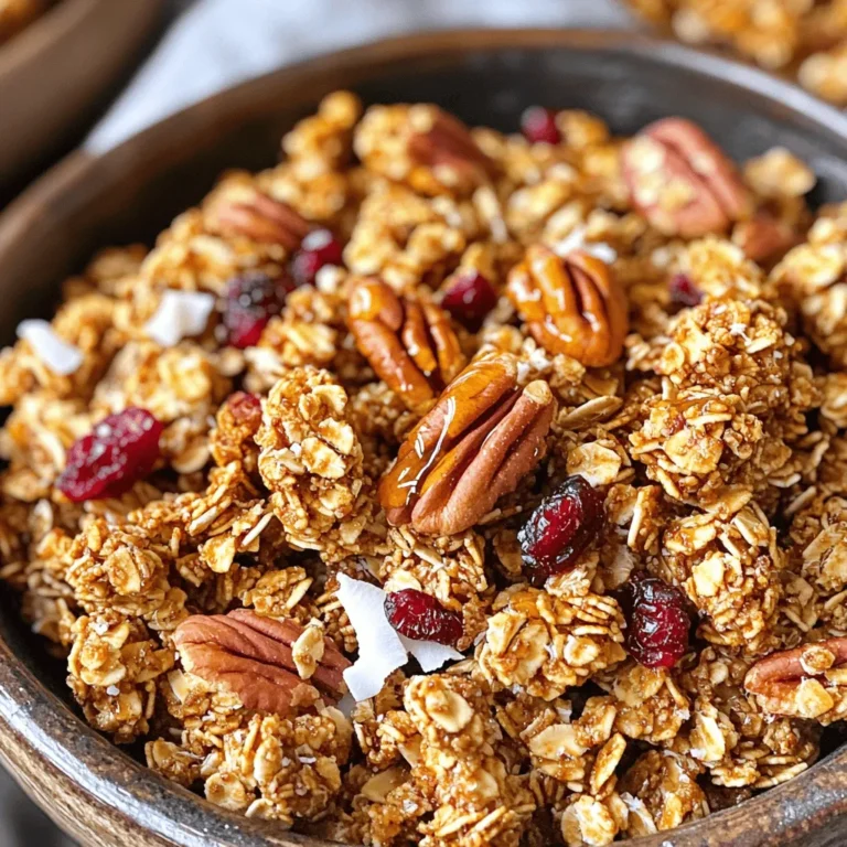 To make your Maple Pecan Granola, gather these key items: - 2 cups rolled oats - 1 cup pecans, roughly chopped - 1/2 cup unsweetened shredded coconut - 1/2 cup maple syrup - 1/4 cup coconut oil, melted - 1/2 teaspoon vanilla extract - 1/2 teaspoon cinnamon - 1/4 teaspoon salt - 1/2 cup dried cranberries (or any preferred dried fruit) These ingredients create a tasty mix. The oats serve as the base. Pecans add crunch and flavor. Coconut gives a subtle sweetness, while maple syrup ties it all together. You can customize your granola with some fun extras! Here are some ideas: - 1/2 cup chopped nuts (like almonds or walnuts) - 1/2 cup seeds (like pumpkin or sunflower) - 1/2 cup chocolate chips for a sweet twist - Spices like nutmeg for extra flavor Feel free to mix and match these add-ins. They will make your granola unique and special. If you need to swap out some ingredients, try these ideas: - Use honey instead of maple syrup for a different taste. - Swap coconut oil with olive oil or butter if needed. - Use any nut or seed instead of pecans for a personal touch. - Replace dried cranberries with raisins or apricots for variety. These swaps keep the recipe flexible and fun. You can create a version that fits your taste! First, gather all your ingredients. You will need: - 2 cups rolled oats - 1 cup pecans, roughly chopped - 1/2 cup unsweetened shredded coconut - 1/2 cup maple syrup - 1/4 cup coconut oil, melted - 1/2 teaspoon vanilla extract - 1/2 teaspoon cinnamon - 1/4 teaspoon salt - 1/2 cup dried cranberries (or any preferred dried fruit) Next, preheat your oven to 350°F (175°C). Line a large baking sheet with parchment paper. This helps with easy cleanup. In a large mixing bowl, add the rolled oats, chopped pecans, and shredded coconut. Stir these together. Make sure they mix well. This step creates a base for your granola. In a separate bowl, whisk together the maple syrup, melted coconut oil, vanilla extract, cinnamon, and salt. Mix until smooth. This blend adds flavor and sweetness to your granola. Now, pour the wet mixture over the dry ingredients. Stir well so that everything gets coated. Spread this mixture evenly on your baking sheet. Bake in the preheated oven for 20-25 minutes. Stir halfway through to ensure even cooking. Watch closely until it turns golden brown. When done, remove it from the oven and let it cool completely on the baking sheet. After it cools, stir in the dried cranberries. Break the granola into clusters and store it in an airtight container. Enjoy your tasty and healthy homemade treat! To get those perfect clusters in your granola, first, don’t rush the mixing. When you combine the wet and dry ingredients, make sure every oat and nut gets coated. Use your hands for the best results. After spreading the mixture on the baking sheet, press it down firmly. This helps the granola stick together. Then, when it's baking, don't stir too much. Stirring breaks up the clusters you worked hard to form. Proper storage keeps your granola fresh and crunchy. Once your granola cools, break it into clusters and transfer it to an airtight container. This helps keep moisture out. Store it in a cool, dry place, like a pantry. If you store it right, it can last up to two weeks. You can also use glass jars or resealable bags for easy access. If you like your granola sweeter, add more maple syrup. Start with an extra tablespoon and mix well. Taste the mixture before baking. If you prefer less sweetness, reduce the syrup by a tablespoon. You can swap maple syrup for honey or agave nectar as well. Adjusting the sweetness helps you find the perfect flavor for your taste buds. {{image_2}} To make a nut-free version of Maple Pecan Granola, swap the pecans. You can use seeds instead. Sunflower seeds or pumpkin seeds both work well. They add crunch and flavor without nuts. Follow the same recipe, just replace the nuts with seeds. This keeps the granola tasty for everyone. You can play with flavors in your granola. Try adding spices like nutmeg or ginger. They give a warm taste that pairs well with maple. For dried fruits, cranberries are great, but you can use raisins or apricots too. Just chop them up small before mixing in. Adjusting flavors makes each batch unique! If you love chocolate, add cocoa powder or chocolate chips. Stir in 1/4 cup of cocoa powder with the dry ingredients. For chips, mix in 1/2 cup after baking. Let the granola cool first so the chips don’t melt. This gives your granola a sweet and rich twist. To keep your Maple Pecan Granola fresh, use an airtight container. Glass jars work well. You can also use plastic containers. Make sure to store it in a cool, dry place. Avoid areas with heat or moisture. This helps maintain the crunchy texture and flavor. When stored properly, your granola lasts about 2 weeks. It tastes best within the first week. If you notice any off smells or changes in texture, it’s time to toss it. Always check for freshness before enjoying your homemade treat. Freezing granola is a great option for long-term storage. Place it in a freezer-safe bag or container. Squeeze out as much air as possible before sealing. Granola can stay fresh in the freezer for up to 3 months. When you’re ready to eat, just thaw it at room temperature. Enjoy your crunchy snack anytime! Maple Pecan Granola is a healthy choice. It has fiber, healthy fats, and protein. Each serving gives you energy to start your day. The oats provide whole grains, while pecans add crunch and nutrients. Dried fruit adds natural sweetness. A typical serving has around 200-250 calories. This can vary based on added ingredients like oils or sweeteners. Yes, you can make the granola vegan. Just use plant-based oil in place of coconut oil. Also, ensure that the maple syrup is pure and vegan-friendly. You’ll keep all the flavor without using any animal products. This makes it a great choice for everyone. I love serving Maple Pecan Granola with yogurt or milk. You can also enjoy it as a snack on its own. Top it with fresh fruit for added flavor and nutrition. It's great for breakfast, a snack, or even dessert. You can eat it right out of the jar too! You can find pre-made Maple Pecan Granola at many grocery stores. Look in the cereal or snack aisle. Health food stores often carry organic brands as well. You can also check online for a variety of options. Just read the label to see the ingredients and nutrition info! This blog post covers how to make delicious Maple Pecan Granola. We discussed key ingredients, including optional add-ins and substitutions. I shared step-by-step instructions to guide you through the process. Tips for perfect clusters and granola storage were also provided. You can even try nut-free and flavored versions to suit your taste. Enjoy crafting your own granola! With these tips, it’s easy and fun. Now, you can savor a homemade treat that you and your loved ones will enjoy. Happy cooking!