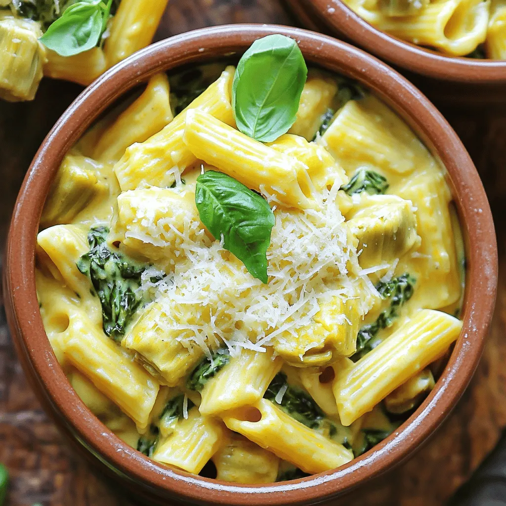To make Slow Cooker Cheesy Spinach Artichoke Pasta, you will need: - 12 oz pasta (penne or rotini works well) - 1 can (14 oz) artichoke hearts, drained and chopped - 2 cups fresh spinach, roughly chopped - 1 cup cream cheese, softened - 1 cup shredded mozzarella cheese - 1 cup grated Parmesan cheese - 2 cups vegetable broth - 1 tablespoon garlic powder - 1 teaspoon onion powder - Salt and pepper to taste Enhance your dish with these garnishes: - Fresh basil for a pop of color - Extra grated Parmesan for a cheesy touch You can swap ingredients based on your taste or what you have: - Use whole wheat pasta for a healthier option - Swap cream cheese with Greek yogurt for a lighter version - Try different cheese like cheddar or gouda for unique flavors - Replace vegetable broth with chicken broth for a richer taste To start, you need to prepare your slow cooker. Lightly grease the inside with cooking spray or olive oil. This step keeps the pasta from sticking. Make sure to cover all areas. A well-greased slow cooker makes for easy cleanup later! Next, it's time to combine the ingredients. In your slow cooker, add the following: - 12 oz pasta (penne or rotini) - 1 can (14 oz) artichoke hearts, drained and chopped - 2 cups fresh spinach, roughly chopped - 1 cup cream cheese, softened - 1 cup shredded mozzarella cheese - 1 cup grated Parmesan cheese After adding these, pour in 2 cups of vegetable broth. Then, sprinkle: - 1 tablespoon garlic powder - 1 teaspoon onion powder - Salt and pepper to taste Gently stir everything together until well mixed. You want the cream cheese to blend in nicely with the other ingredients. Now, it’s time to cook. Cover the slow cooker and set it to low for 3 hours. If you're short on time, you can set it to high for 1.5 hours. Stir halfway through cooking. This helps the flavors mix well. After cooking, check the pasta. If it still needs more time, cook for another 15-30 minutes on low. When it's ready, give everything one last stir. Adjust the seasoning if needed. Finally, scoop the cheesy spinach artichoke pasta into bowls. Enjoy your tasty creation! Many people rush the cooking time. Always follow the exact time for best results. Stirring halfway helps mix flavors well. If you skip this step, some pasta may cook unevenly. Make sure to check the pasta texture before serving. If it’s too hard, cook a bit longer. Don’t forget to adjust salt and pepper to taste. You can make this dish your own with easy changes. For a bolder taste, add more garlic powder or fresh garlic. A squeeze of lemon juice brightens the flavors, too. If you want a little heat, add red pepper flakes. Fresh basil or parsley adds a nice touch of freshness as well. Serve your pasta in colorful bowls for a fun look. Top each bowl with extra Parmesan cheese. A sprinkle of fresh herbs makes it pop! You can also add a side salad for a complete meal. Remember, a nice presentation makes the dish even more enjoyable! {{image_2}} You can easily add protein to this dish. Cooked chicken or shrimp works great. For chicken, use about 1 pound, diced. For shrimp, 1 pound of peeled shrimp is perfect. Add the protein to the slow cooker with the other ingredients. Both options boost flavor and make the meal heartier. If you want a vegan version, swap out the cheese and cream. Use vegan cream cheese and dairy-free cheese instead. You can also replace the vegetable broth with a homemade blend of water and spices. This keeps the dish creamy without animal products. For added texture, try using chickpeas or tofu. They offer protein while staying plant-based. You can amp up the flavor with various spices. Try adding red pepper flakes for heat or Italian seasoning for more depth. You can also mix in extra veggies like bell peppers, zucchini, or mushrooms. Just chop them up and add them to the slow cooker. They will cook down nicely and add freshness to your pasta. After enjoying your slow cooker cheesy spinach artichoke pasta, store leftovers safely. Use airtight containers to keep the pasta fresh. Allow the dish to cool before sealing it up. You can keep it in the fridge for up to three days. Always label containers with the date for easy tracking. Reheating is simple. You can use the microwave or stovetop. If using a microwave, place a serving in a bowl and cover it. Heat in short bursts, stirring often, until warm. On the stovetop, add a splash of broth to the pasta in a pan. Heat over low, stirring gently until warmed through. This keeps it creamy and delicious. If you want to freeze your pasta, let it cool first. Portion it into freezer-safe bags or containers. Be sure to remove as much air as possible to prevent freezer burn. This pasta can last in the freezer for up to three months. When ready to eat, thaw it overnight in the fridge before reheating. Yes, you can use frozen spinach. It saves time and is easy to use. Just thaw and drain it before adding it to the slow cooker. Frozen spinach has a softer texture than fresh, but it still tastes great. Be sure to squeeze out excess water. This way, your dish won't be too watery. You can use many types of pasta. Penne and rotini are great, but you can also try shells or farfalle. Just make sure to adjust the cooking time if you use a different shape. The key is to cook it until it’s al dente. This way, the pasta will hold its shape and texture. To add some heat, try adding red pepper flakes. Start with a small amount, about 1/4 teaspoon, and taste as you go. You can also add diced jalapeños or spicy sausage for extra flavor. Another option is to add a dash of hot sauce at serving time. Adjust the spice level to fit your taste buds. This post covered key aspects of your slow cooker recipe, from ingredients to variations. You learned about essential items, options for garnish, and smart swaps. I shared step-by-step instructions to ensure your dish turns out great. We talked about common mistakes and how to enhance flavors. Remember, adjustments matter depending on your taste. With the right tips for storage and reheating, you can enjoy your meal later. I hope you feel ready to try this recipe and make it your own. Enjoy the cooking journey!