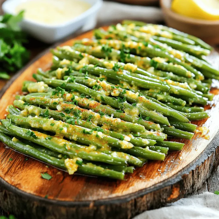 - 1 lb fresh green beans, trimmed - 3 tablespoons unsalted butter, melted - 4 cloves garlic, minced - 1 teaspoon onion powder - 1 teaspoon smoked paprika - ½ teaspoon salt - ¼ teaspoon black pepper - 1 tablespoon lemon juice - 2 tablespoons Parmesan cheese, grated (optional) - Fresh parsley, chopped (for garnish) - Air fryer - Mixing bowl - Measuring spoons - Tongs or serving spatula I love using fresh ingredients for this recipe. The green beans bring a crunchy texture that pairs perfectly with garlic and butter. When I trim the beans, I make sure to remove the tough ends. Fresh garlic adds a strong flavor that makes this dish shine. For the garlic butter sauce, I combine melted butter, minced garlic, onion powder, smoked paprika, salt, and black pepper in a bowl. This mix becomes the heart of the dish. I melt the butter first to make blending easy and tasty. The paprika gives a nice smoky touch. You can also add Parmesan cheese, but it’s optional. I like to sprinkle it on right before serving for extra flavor. Fresh parsley makes a great garnish, adding both color and taste. To make the dish, you need an air fryer. It cooks the beans perfectly while making them crispy. A mixing bowl helps you blend the sauce. Measuring spoons help keep your flavors balanced. Tongs or a spatula are great for serving the beans without making a mess. With these ingredients and tools, you’re ready to make Air Fryer Crispy Garlic Butter Green Beans. Enjoy the process and the delicious results! In a large mixing bowl, combine these ingredients: - 3 tablespoons unsalted butter, melted - 4 cloves garlic, minced - 1 teaspoon onion powder - 1 teaspoon smoked paprika - ½ teaspoon salt - ¼ teaspoon black pepper Mix them well. This creates a rich garlic butter sauce. The garlic adds depth, while smoked paprika gives a nice warmth. Now, add 1 pound of trimmed green beans to the bowl. Pour the garlic butter sauce over them. Toss the green beans until they are evenly coated. This step is key for great flavor. You want every bean to soak up that buttery goodness. Next, preheat your air fryer to 375°F (190°C) for about 5 minutes. This helps the green beans cook evenly. Once preheated, place the green beans in a single layer in the air fryer basket. If your basket is small, cook them in batches. Air fry the green beans for 8-10 minutes. Make sure to shake the basket halfway through. This ensures they crisp up nicely on all sides. When they turn golden brown and crispy, they’re ready. Remove them carefully and drizzle with 1 tablespoon of lemon juice. If you want, sprinkle with 2 tablespoons of grated Parmesan cheese for extra flavor. Garnish with fresh parsley before serving. Enjoy your crispy garlic butter green beans! To make your green beans super crispy, shake the basket while they cook. This ensures every bean gets that nice crunch. Remember, do not overcrowd the air fryer basket. If the beans are packed tightly, they won’t cook evenly. Give them space to breathe and crisp up. Want to kick up the flavor? Try adding red pepper flakes for some heat. You can also mix in different cheeses like feta or cheddar for a tasty twist. These simple changes can take your green beans to a whole new level. If you don’t have an air fryer, you can still enjoy these green beans. To boil, place them in boiling water for 3-5 minutes until bright green. For sautéing, heat a pan over medium heat, add butter, then toss in the green beans. Cook for about 5-7 minutes, stirring often. Both methods will still give you delicious green beans. {{image_2}} You can make this dish even better by adding more veggies. Try mixing in bell peppers or mushrooms. They add color and texture. Just chop them into similar sizes as the green beans. Toss them in the garlic butter sauce along with the beans. This gets everyone more excited about veggies! If you want a vegan option, it’s easy to switch things up. Use olive oil or vegan butter instead of regular butter. You can skip the Parmesan cheese too. This keeps the dish creamy and tasty without the dairy. You’ll still enjoy all the great flavors. Seasonal herbs can make this dish pop. Use fresh herbs like thyme or rosemary when they are in season. They add a nice twist to the taste. Plus, using what’s fresh makes the meal even more special. Just sprinkle them on top before serving for a lovely aroma. To keep your leftover green beans fresh, place them in an airtight container. Store them in the refrigerator. They should last for about 3 to 4 days. If you want to keep them longer, consider freezing. You can reheat the green beans in the air fryer or microwave. For the air fryer, set it to 350°F (175°C) and heat for 3-5 minutes. This method keeps them crispy. If using the microwave, heat in short bursts of 30 seconds. Stir after each burst to avoid sogginess. To freeze, first let the green beans cool completely. Place them in a freezer-safe bag, removing as much air as possible. They can be frozen for up to 3 months. When you're ready to enjoy them, thaw overnight in the fridge. Reheat them in the air fryer for the best texture. Yes, you can use frozen green beans. First, thaw them completely. Pat them dry to remove excess moisture. This step helps them crisp up in the air fryer. You may need to cook them a bit longer, about 10-12 minutes, to reach the right texture. Check the green beans after 8 minutes. They should look golden and crispy. Use a fork to pierce a bean. It should be tender but still have a slight crunch. If they need more time, air fry for another 2 minutes. Yes, you can prep the beans before cooking. Toss them in the garlic butter sauce and store them in the fridge for up to 2 hours. When ready, cook them in the air fryer as directed. For best taste, enjoy them fresh. In this post, I shared how to make tasty air fryer green beans. We covered fresh ingredients, needed tools, and step-by-step cooking. I also offered tips for the best texture and flavor variations. Remember, you can switch up veggies or try a vegan version. Green beans are versatile and simple. Try this recipe today. Enjoy crisp, delicious green beans at home with ease!