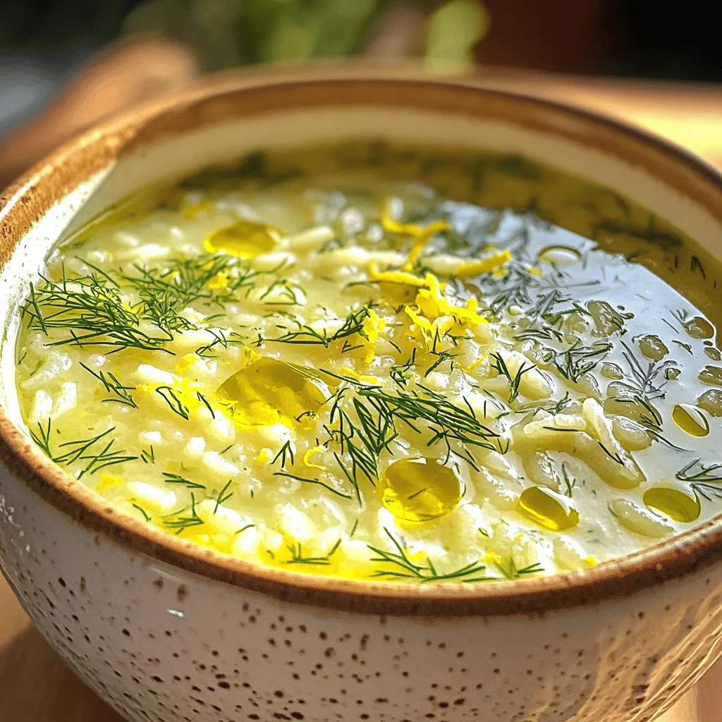 - 1 cup uncooked rice (preferably jasmine or basmati) - 4 cups chicken or vegetable broth - 1 small onion, finely chopped - 2 cloves garlic, minced - 2 large eggs - 1/4 cup fresh lemon juice (about 2 lemons) - Zest of 1 lemon - 2 tablespoons olive oil - Salt and pepper to taste - Fresh dill or parsley for garnish To make Greek Lemon Rice Soup, you need simple ingredients. The rice gives it a nice texture. I prefer jasmine or basmati rice for their flavor. The broth is the heart of this soup. You can use chicken or vegetable broth, depending on your taste. The onion and garlic add a sweet and savory note. Sauté them to release their aroma. Eggs provide richness and creaminess, making the soup feel hearty. Fresh lemon juice and zest give it a tangy kick that brightens the flavors. A drizzle of olive oil adds depth. Don't forget the salt and pepper; they enhance every bite. For a finishing touch, fresh dill or parsley adds color and freshness. - Additional herbs (like thyme or oregano) - Sliced lemon for garnish You might want to add other herbs, like thyme or oregano, for extra flavor. They work well with the lemon. Sliced lemon makes a lovely garnish too. It looks pretty and adds a pop of flavor when served. Keep these ingredients handy. Each one plays a role in making this soup a warm and comforting meal. Start by bringing the chicken or vegetable broth to a boil in a medium pot. This step is key to getting nice, fluffy rice. Once it boils, add 1 cup of uncooked rice. Cook the rice according to the package instructions, which usually takes about 15 to 20 minutes. You want it tender but not mushy. Drain any excess liquid and set the rice aside. Next, heat 2 tablespoons of olive oil in a large pot over medium heat. Once the oil is hot, add the finely chopped onion. Cook it for about 4 to 5 minutes until it softens and becomes translucent. Then, stir in 2 cloves of minced garlic. Sauté for an additional minute until you smell that lovely aroma. This mix of onion and garlic adds depth to the soup. Now it’s time to combine everything. Reduce the heat to low and stir in your cooked rice along with the broth from the pot. Let it simmer gently for about 5 minutes. This allows all the flavors to meld together nicely, creating a warm and comforting base. In a separate bowl, whisk together 2 large eggs, 1/4 cup of fresh lemon juice, and the zest of 1 lemon. This mixture gives the soup its bright and tangy flavor. Make sure it’s smooth and well combined. The lemon juice brings a fresh taste that really makes this dish stand out. To avoid scrambling the eggs, you must temper them. Slowly add a ladle of the hot soup broth into the egg mixture while whisking constantly. This step raises the egg's temperature gradually, allowing it to blend smoothly without cooking too fast. It’s an important technique to keep the soup creamy. Once the eggs are tempered, slowly pour the egg mixture back into the soup, stirring constantly. Keep the heat on low and cook for another 3 to 5 minutes. Avoid letting the soup boil. You will notice it thickening slightly, which adds to its rich texture. Finally, taste the soup and adjust with salt and pepper as needed. Serve it hot, garnished with fresh dill or parsley for a lovely finish. To avoid scrambled eggs in the soup, follow these steps: - Whisk the eggs, lemon juice, and zest together until smooth. - Slowly add hot broth to the egg mixture. This warms the eggs gently. - Stir constantly while adding the broth. This keeps the eggs from cooking too fast. For the best rice texture, remember these tips: - Rinse the rice under cold water before cooking. This removes starch and helps it stay fluffy. - Cook rice in broth for added flavor. Follow package instructions for the right cooking time. To make your soup burst with flavor, add fresh herbs and spices. Consider these options: - Use fresh dill or parsley as a garnish. They add color and taste. - For more depth, add dried thyme or oregano while cooking. Adjust the soup's acidity with lemon juice. Start with a little, then taste. You can always add more if needed. The right balance makes the soup bright and refreshing. Serving with fresh garnishes makes your soup look amazing. Here are some ideas: - Sprinkle chopped herbs on top just before serving. - Add a slice of lemon on the side for a pop of color. Choose the right serving dish to showcase the soup. A shallow bowl works well. It lets the garnishes shine and makes it easy to enjoy every spoonful. {{image_2}} You can easily make Greek lemon rice soup vegetarian. Start by using vegetable broth instead of chicken broth. This swap keeps all the rich flavors while making it plant-based. Adding seasonal vegetables can also boost the soup's taste and texture. Think about adding carrots, celery, or spinach. They cook quickly and add color and nutrients. If you want to add protein, consider including cooked chicken or shrimp. Both options work well in this soup. For a vegetarian choice, try chickpeas or tofu. They provide a hearty texture and blend nicely with the lemon flavor. You can also use lentils for a different twist. Rice is classic but not the only option. You can use quinoa or couscous instead of rice. Quinoa adds a nutty taste and more protein. Couscous cooks fast and gives a fluffy texture. Both variations keep the soup light and comforting. After you make Greek Lemon Rice Soup, let it cool down first. This helps keep the soup fresh. Pour it into a good airtight container. I recommend glass containers as they do not absorb smells. They also keep the soup safe and tasty. Make sure to seal the container tightly. This keeps air out and prevents spoilage. If you want to save some soup for later, freezing is a great option. First, let the soup cool completely. Then, pour it into freezer-safe bags or containers. Remember to leave some space at the top. This allows the soup to expand as it freezes. When you are ready to eat it, take the soup out of the freezer. Thaw it in the fridge overnight. To reheat, warm it slowly on the stove. Stir well to bring back the creamy texture. In the fridge, Greek Lemon Rice Soup lasts about 3 to 4 days. If you freeze it, it can stay good for up to 3 months. Always check for signs of spoilage. If the soup smells sour or has an odd color, it’s best to toss it. Keeping an eye on freshness helps you enjoy this comforting dish for days to come. To make Greek Lemon Rice Soup, follow these key steps: 1. Cook the Rice: Boil the broth in a pot. Add rice and cook until tender, about 15-20 minutes. 2. Sauté Aromatics: Heat olive oil in a large pot. Sauté chopped onion for 4-5 minutes. Add minced garlic and cook for one more minute. 3. Combine Ingredients: Lower the heat. Stir cooked rice and broth into the pot. Let it simmer for 5 minutes. 4. Prepare the Egg-Lemon Mixture: Whisk eggs, lemon juice, and zest in a bowl. 5. Temper the Eggs: Slowly add hot broth to the egg mix while whisking. This warms the eggs without cooking them. 6. Add Back to Soup: Pour the egg mixture into the soup slowly, stirring. Cook on low for 3-5 minutes. 7. Season and Serve: Adjust seasoning with salt and pepper. Garnish with fresh dill or parsley. You can use brown rice, but it takes longer to cook. Brown rice usually needs about 35-45 minutes to become tender. This will change the cooking time, so adjust your broth and rice ratio accordingly. Brown rice adds a nutty flavor and more fiber. Greek Lemon Rice Soup pairs well with a few dishes: - Greek Salad: Fresh tomatoes, cucumbers, and feta cheese add a nice crunch. - Grilled Chicken: Simple grilled chicken adds protein and complements the soup's flavors. - Pita Bread: Warm pita or crusty bread is perfect for dipping. Yes, Greek Lemon Rice Soup is gluten-free. It uses rice and broth, which are safe for gluten-free diets. Just ensure that your broth does not contain gluten ingredients. If you want a thicker soup, try these tips: - Add more rice: Cook a bit more rice and stir it into the soup. - Use less broth: Start with less broth to create a thicker base. - Add a slurry: Mix cornstarch with water and stir it in while cooking. These steps help you achieve the perfect consistency for your soup. This blog post covered how to make a delicious Greek Lemon Rice Soup. We discussed all the ingredients, both required and optional. You learned step-by-step instructions, plus tips for texture and flavor. Variations catered to both vegetarians and those looking to add protein were also shared. In summary, this soup is a tasty dish you can easily customize. Follow the tips, and you will create a comforting meal that everyone will enjoy. Happy cooking!