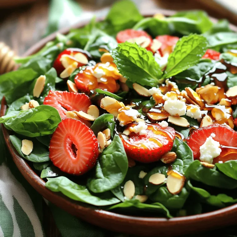 To make a delicious Strawberry Almond Spinach Salad, gather the following fresh and vibrant ingredients: - 4 cups fresh spinach leaves - 1 cup strawberries, hulled and sliced - 1/2 cup sliced almonds, toasted - 1/4 cup crumbled feta cheese (optional) - 2 tablespoons honey - 3 tablespoons balsamic vinegar - 1 tablespoon olive oil - Salt and pepper to taste - Fresh mint leaves for garnish These ingredients work together to create a colorful and flavorful dish. The spinach adds a nice crunch, while the strawberries bring a sweet touch. The toasted almonds add a nutty flavor and great texture. If you love cheese, feta adds creaminess and richness to the salad. The dressing combines honey, balsamic vinegar, and olive oil. This mix gives the salad a sweet and tangy kick. Fresh mint leaves on top add a burst of freshness. The salt and pepper enhance all the flavors. You can adjust the ingredients based on your taste. Want more sweetness? Add more honey. Prefer a stronger flavor? Use extra balsamic vinegar. This salad is flexible and fun to make! First, we need to toast the sliced almonds. Start by preheating a dry skillet over medium heat. Once hot, add the sliced almonds. Stir them often for about 3 to 5 minutes. You want them to turn golden and smell nice. Keep a close eye. They can burn quickly. After toasting, take them off the heat and let them cool on a plate. Next, let’s make the dressing. In a small bowl, combine the honey, balsamic vinegar, olive oil, salt, and pepper. Use a whisk to mix them well. You want a smooth mixture. This dressing will add a sweet and tangy flavor to our salad. Now it's time to put everything together. In a large salad bowl, add the fresh spinach leaves. This is the base of our salad. On top, layer the sliced strawberries and the toasted almonds. If you like feta cheese, sprinkle it over now. Drizzle the dressing on top of the salad. Then, gently toss everything together. Make sure all the spinach and toppings get coated. For a final touch, add fresh mint leaves for extra flavor. Enjoy this vibrant salad right away! Toasting almonds enhances their flavor. To prevent burning, keep the heat medium and stir often. This way, you get golden, crisp almonds without charred bits. Cook them for about 3-5 minutes. You'll know they are ready when they smell nutty and turn light brown. Cooling them in a bowl helps keep their crunch. If you want a different taste, use goat cheese instead of feta. It offers a tangy bite that pairs well. For a vegan option, try avocado or sunflower seeds for creaminess. You can also skip cheese altogether if desired. For the dressing, mix lemon juice and maple syrup instead of honey. This gives a sweet-tart flavor while remaining plant-based. This salad pairs well with grilled chicken or fish. It makes a lovely side dish for summer barbecues. Serve it at picnics or potlucks for a fresh touch. You can also use it as a light lunch on its own. Adding crusty bread can make it even more satisfying. {{image_2}} You can switch up the fruit in this salad. Try using blueberries or raspberries. These berries add a burst of color and flavor. Seasonal fruits also work well. In summer, add peaches or nectarines. In fall, consider sliced apples or pears. Each fruit brings its own taste and texture. You can have fun exploring new combinations! To make this salad heartier, add protein sources. Grilled chicken is a great choice. It adds flavor and makes the salad more filling. You can also add chickpeas for a plant-based option. They are packed with protein and fiber. Quinoa is another excellent choice. Toss it in for extra nutrition. Black beans or kidney beans also fit well in this dish. You can boost the flavors in this salad easily. Experiment with fresh herbs like basil or cilantro. They add a fresh twist and enhance the taste. Trying different dressings is also fun. A lemon vinaigrette can brighten the dish. A creamy dressing can add richness if you prefer. Don't be afraid to mix and match to find your favorite flavor profile! To keep your Strawberry Almond Spinach Salad fresh, store it in an airtight container. This prevents moisture loss and keeps flavors intact. If you have leftover ingredients, store them separately. Spinach wilts quickly when mixed with dressing. Keep the dressing in a jar or small bowl. This way, you can add it just before serving. This salad is best enjoyed cold. If you have leftovers, do not heat them. Instead, refresh the salad by adding a few fresh spinach leaves. You can also use leftover ingredients in other dishes. Toss sliced strawberries into yogurt or oatmeal for a tasty snack. Add toasted almonds to your favorite grain bowl for extra crunch. This salad recipe makes 4 servings. Each serving contains a nice mix of spinach, strawberries, and almonds. It’s a great dish for sharing at a meal or enjoying alone. Yes, you can make the salad ahead of time. I suggest preparing the spinach and fruit, but add the dressing just before serving. This keeps everything fresh and crisp. You can toast the almonds in advance too. Just store them in an airtight container to keep them crunchy. Spinach and strawberries are full of health benefits. Spinach is rich in iron, calcium, and vitamins A, C, and K. These nutrients help keep your bones strong and your immune system healthy. Strawberries are low in calories and high in vitamin C and antioxidants. They help fight free radicals and support heart health. Together, they make a tasty and nutritious salad! This blog explored a fresh salad that combines spinach, strawberries, and crunchy almonds. You learned how to prepare the ingredients, make a tasty dressing, and assemble it all. I shared tips on toasting almonds and suggested great fruit or protein additions. Proper storage helps keep your salad fresh, and we answered common questions about servings and health benefits. Enjoy making this salad and experimenting with your own twists. It’s healthy, colorful, and perfect for any meal.