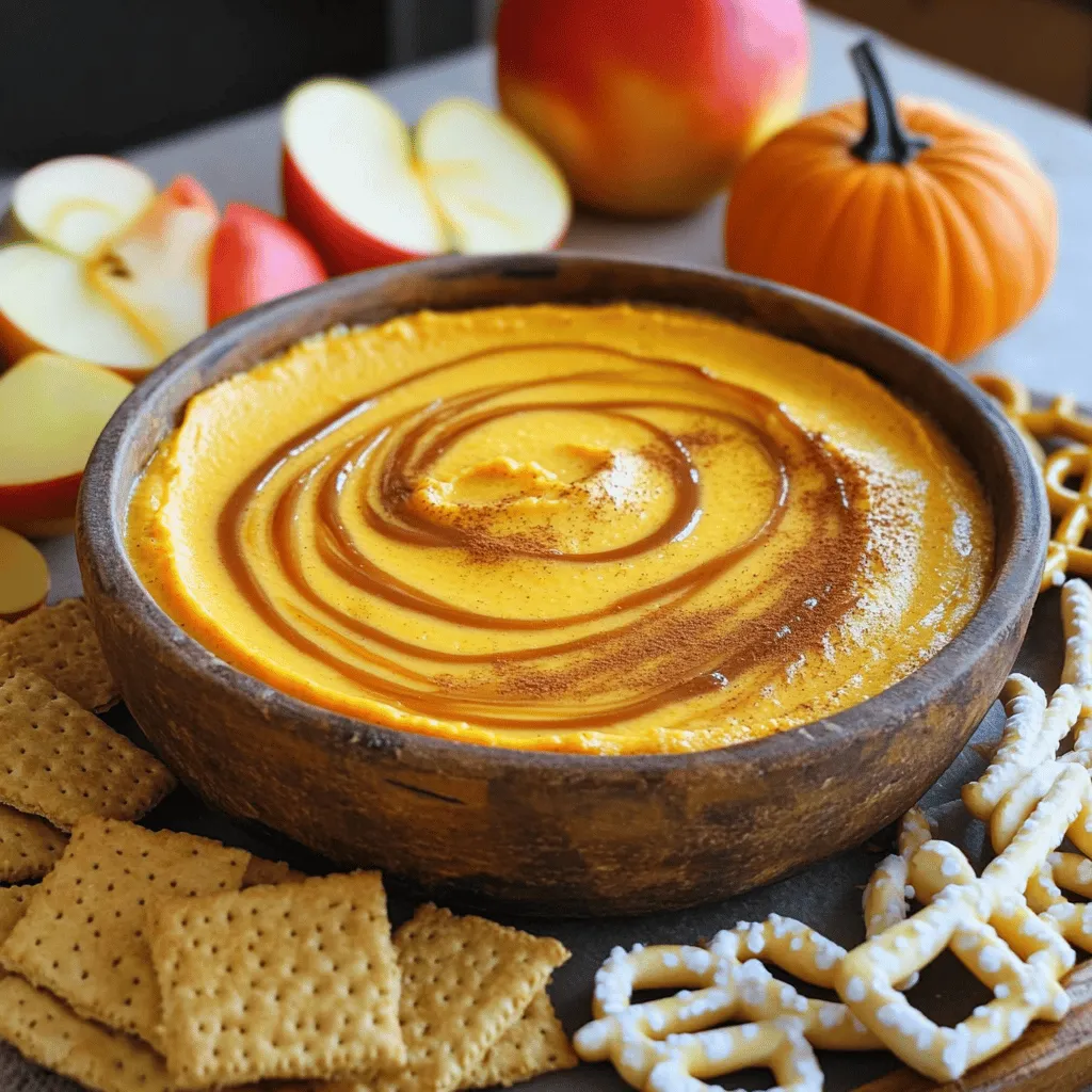 To make the Caramel Pumpkin Cheesecake Dip, you will need the following key ingredients: - 8 oz cream cheese, softened - 1 cup pumpkin puree (not pumpkin pie filling) - 1/2 cup powdered sugar - 1/4 cup brown sugar - 1 teaspoon vanilla extract - 1 teaspoon ground cinnamon - 1/2 teaspoon ground nutmeg - 1/4 teaspoon ground ginger - 1/4 cup caramel sauce (plus extra for drizzling) - Optional dippers: graham crackers, apple slices, pretzel sticks, or vanilla wafers Each ingredient plays a role in creating a creamy, sweet, and spiced dip. The cream cheese gives the dip its rich texture. Pumpkin puree adds warmth and a lovely color, while the sweeteners balance the flavors. The spices bring out the cozy fall vibes. Caramel sauce adds a luscious sweetness that makes it truly special. You can choose your dippers based on what you like. Graham crackers add crunch, while apple slices provide a fresh taste. Pretzel sticks bring a salty twist, and vanilla wafers offer a sweet touch. Enjoy mixing and matching! 1. Mixing cream cheese and pumpkin: Start by placing 8 oz of softened cream cheese and 1 cup of pumpkin puree in a medium bowl. Use a hand mixer to beat them together. Aim for a smooth, creamy texture. This base gives your dip a rich, delicious flavor. 2. Incorporating sugars: Next, add 1/2 cup of powdered sugar and 1/4 cup of brown sugar. Mix until there are no lumps left. The sugars bring sweetness and help balance the pumpkin’s natural earthiness. 3. Adding spices and vanilla: Now, add 1 teaspoon of vanilla extract, 1 teaspoon of ground cinnamon, 1/2 teaspoon of ground nutmeg, and 1/4 teaspoon of ground ginger. Mix again until everything blends well. These spices add warmth and that cozy fall taste. 4. Folding in caramel sauce: Gently fold in 1/4 cup of caramel sauce. Save a bit for drizzling later. Mix just enough to swirl the caramel through the dip. This step gives your dip a sweet, sticky finish that enhances its flavor. - Presentation tips: Serve the dip in a rustic bowl. Arrange a variety of dippers around it. This makes it look inviting and fun. You can even place a small pumpkin or extra caramel sauce in the center for added flair. - Recommended dippers: For dipping, try graham crackers, apple slices, pretzel sticks, or vanilla wafers. Each option brings its own unique flavor and texture. - Garnishing options: Drizzle the reserved caramel sauce on top. Sprinkle a little extra cinnamon for a pop of color. This adds a nice touch to your dip, making it even more appealing. To make your dip smooth, first use softened cream cheese. Cold cream cheese can create lumps. Let it sit at room temperature for about 30 minutes before mixing. Next, blend the cream cheese and pumpkin puree well. I suggest using a hand mixer for this. It helps to break down any lumps. Mix until the blend is creamy and smooth. When you add the sugars, do it slowly. This way, they mix in better. Ensure you beat the mixture until each grain dissolves. You want no gritty texture in your dip. Spices can really boost the flavor of your dip. I love adding ground cinnamon, nutmeg, and ginger. Each spice brings its own warmth. Feel free to adjust the amounts to suit your taste. You can also customize the sweetness. If you prefer a sweeter dip, add more powdered sugar. For a less sweet option, cut down on the sugar. Taste as you mix to find your perfect balance. {{image_2}} You can enjoy this dip with healthier options. Start with low-fat cream cheese. It cuts calories but keeps the creaminess. You can also use Greek yogurt for a protein boost. Next, think about sweeteners. You can swap powdered sugar for a sugar substitute. Stevia or monk fruit sweetener both work well. These options keep your dip tasty without the extra sugar. Add a splash of maple syrup for a sweet twist. It enhances the flavor and gives a cozy feel. You can also try other fall spices. Cardamom or allspice can bring new tastes to the dip. Mix in some chopped pecans or walnuts for crunch. This addition adds texture and a nutty flavor. Each variation makes the dip a unique treat for your fall gatherings. To keep your caramel pumpkin cheesecake dip fresh, store it in an airtight container. Make sure to cover it tightly. This helps seal in flavors and moisture. The dip lasts up to five days in the fridge. After that, it may lose its taste and texture. When you're ready to serve, take the dip out of the fridge. You can enjoy it cold or let it sit at room temperature for about 30 minutes. This will soften it a bit, making it easier to dip. If you want it warm, microwave it in short bursts. Heat it for about 10-15 seconds at a time. Stir in between to ensure even heating. Drizzle with extra caramel sauce before serving for that extra touch. To serve this dip, use a rustic bowl. Place it in the center of a platter. Arrange your dippers around the bowl. This makes it look inviting. Drizzle extra caramel sauce on top. You can also sprinkle a bit of cinnamon for flair. Yes, you can make this dip ahead of time. It tastes even better after resting. Just store it in the fridge. Cover it well to keep it fresh. When you are ready to serve, give it a quick stir. Drizzle some fresh caramel on top before serving. To make this dip gluten-free, choose gluten-free dippers. Use graham crackers that are labeled gluten-free. Apple slices and pretzel sticks are naturally gluten-free. This way, everyone can enjoy the dip without worry. Many dippers work well with this dip. Some great options include: - Graham crackers - Apple slices - Pretzel sticks - Vanilla wafers Each adds a nice texture and flavor. You can mix and match for fun! This blog post covered a tasty Caramel Pumpkin Cheesecake Dip. We explored simple ingredients, like cream cheese and pumpkin puree. I shared step-by-step instructions for mixing and serving. You learned tips for making the dip smooth and ways to customize flavors. Seasonal twists and healthier options add variety. Storing tips ensure leftovers stay fresh. I hope you feel ready to try this easy recipe. Craft your perfect dip, share with friends, and enjoy every bite!
