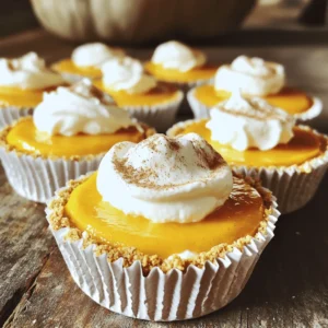 - 1 cup graham cracker crumbs - 3 tablespoons unsalted butter, melted - 1 tablespoon sugar - 16 oz cream cheese, softened - 1 cup pumpkin puree - 3/4 cup sugar - 2 large eggs - 1 teaspoon vanilla extract - 1 teaspoon ground cinnamon - 1/2 teaspoon ground nutmeg - 1/4 teaspoon ground ginger - 1/4 teaspoon salt - Whipped cream (for topping) - Ground cinnamon (for garnish) When making mini pumpkin spice cheesecakes, you need key ingredients that work well together. The graham cracker crumbs form a tasty crust. Melted butter helps bind the crumbs. Sugar adds a touch of sweetness to the crust. Next, the filling is where the magic happens. Cream cheese gives the cheesecake its rich texture. Pumpkin puree adds flavor and moisture. You can’t forget the eggs; they help set the cheesecake. Vanilla extract boosts the overall taste. Spices like cinnamon, nutmeg, and ginger bring warmth and depth. They create that classic pumpkin spice flavor. A pinch of salt balances the sweetness. - Additional spices (clove, allspice) - Chocolate chips or nuts You can get creative with optional ingredients. Adding clove or allspice can enhance the flavor. If you love chocolate, mix in some chocolate chips. Nuts add a nice crunch and extra flavor. Gather all your ingredients before you start. This way, you stay organized and enjoy the cooking process. 1. Preheat the Oven: Set your oven to 325°F (160°C). 2. Prepare the Crust: In a medium bowl, mix 1 cup of graham cracker crumbs, 3 tablespoons of melted unsalted butter, and 1 tablespoon of sugar. Press this mixture firmly into each muffin cup to form a crust. 3. Make the Filling: In a large bowl, beat 16 ounces of softened cream cheese until smooth. Add 1 cup of pumpkin puree, 3/4 cup of sugar, 2 large eggs, and 1 teaspoon of vanilla extract. Blend until smooth and well combined. 4. Incorporate Spices: Mix in 1 teaspoon of ground cinnamon, 1/2 teaspoon of ground nutmeg, 1/4 teaspoon of ground ginger, and 1/4 teaspoon of salt. Ensure everything is blended well. 5. Fill the Muffin Tin: Pour the cheesecake filling over the prepared crusts, filling each cup about 3/4 full. 6. Bake: Place the muffin tin in the oven. Bake for 20-25 minutes, or until the cheesecakes are set but still slightly jiggly in the center. 7. Cool and Chill: Remove the cheesecakes from the oven and let them cool in the pan for about 10 minutes. Then, transfer them to a wire rack to cool completely. Refrigerate the cheesecakes for at least 2 hours before serving. To make your mini cheesecakes great, start with the cream cheese. Ensure that it is softened. This step avoids lumps in your filling. Next, fill each muffin cup evenly. This helps them bake consistently, giving you the best texture. When it's time to serve, get creative! Top your mini cheesecakes with flavored whipped cream. You can also drizzle them with caramel or chocolate sauce. These toppings add fun flavors and make your treats even more special. Watch out for over-beating the filling. This mistake can lead to cracks on the surface of your cheesecakes. Also, do not skip cooling them properly. If they cool too fast, the crust can become soggy. Take your time for the best results. {{image_2}} You can easily change the flavor of your mini cheesecakes. For a chocolate twist, add cocoa powder to the filling. This will give your cheesecakes a rich chocolate flavor. For a fun maple version, swap out sugar for maple syrup. This will add a sweet, warm taste that pairs well with pumpkin. If you need gluten-free options, use gluten-free graham crackers for the crust. They work just as well and taste great. For a dairy-free version, replace the cream cheese with vegan cream cheese. It maintains the creamy texture while being safe for those avoiding dairy. Toppings can take your cheesecakes to the next level. Try adding candied pecans or walnuts for a crunchy texture. They add a nice contrast to the smooth filling. You can also use seasonal fruits like cranberries. They add a pop of color and a burst of tartness to balance the sweetness. You can store your mini pumpkin spice cheesecakes in the fridge. Place them in an airtight container. They stay fresh for up to 5 days. This keeps the flavors intact and the texture smooth. For longer storage, freeze the cheesecakes. Wrap each one individually in plastic wrap. They can last for up to 2 months in the freezer. This is perfect for saving some for later. When you're ready to enjoy them, thaw the cheesecakes. Place them in the fridge overnight. This method keeps them creamy and tasty. Enjoy your treats at their best! You can use Greek yogurt or silken tofu as substitutes for cream cheese. Greek yogurt adds a tangy flavor. Silken tofu provides a smooth texture. Blend them with sugar and pumpkin puree. This keeps the cheesecakes creamy and delicious. Yes, you can prepare the crust a day in advance. Just mix the graham cracker crumbs, melted butter, and sugar. Press the mixture into the muffin tin. Store it in the fridge until you're ready to add the filling. Serve these cheesecakes chilled for the best flavor. Top each one with whipped cream. A sprinkle of ground cinnamon adds a nice touch. Arrange them on a platter for a festive look, perfect for gatherings. You can check local bakeries or specialty dessert shops. Many grocery stores also sell seasonal mini cheesecakes. Online, look for bakeries that offer shipping. This way, you can enjoy them without baking! Making mini pumpkin spice cheesecakes is easy and fun. We covered the key ingredients, like graham crackers and cream cheese, and simple steps to prepare, bake, and chill them. I shared tips to avoid common mistakes and offered creative variations. You can store these treats easily, and I answered important questions about substitutions. Enjoying these mini delights will surely add joy to your gatherings. Now, grab your ingredients and get baking for a tasty treat!