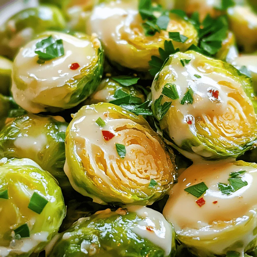 - 1 lb Brussels sprouts, trimmed and halved - 4 tablespoons unsalted butter - 4 cloves garlic, minced - 1 cup heavy cream - 1/2 cup grated Parmesan cheese - Salt and pepper to taste - 1 tablespoon lemon juice - 1 teaspoon crushed red pepper flakes (optional) - Fresh parsley, chopped (for garnish) Selecting fresh Brussels sprouts is key. Look for bright green, firm sprouts with no yellow leaves. The size should be similar, so they cook evenly. High-quality butter and cream make a big difference. Use unsalted butter for better control over salt. Look for heavy cream that is fresh and thick, as it adds richness. For Parmesan cheese, choose a block instead of pre-grated. Grating it yourself gives a better texture and flavor. Fresh cheese melts smoother, enhancing your sauce. - Rinse the Brussels sprouts under cold water. This helps remove dirt and any grit. - Trim the ends of each sprout with a knife. This keeps them fresh and clean. - Cut each sprout in half lengthwise. This will help them cook evenly and absorb flavor. - In a large skillet, melt 2 tablespoons of butter over medium heat. - Add the halved Brussels sprouts, cut side down. Cook them for about 5-7 minutes. You want them golden brown. - Stir occasionally to ensure even cooking. This will give them a nice crisp. - After they are golden, add the minced garlic. Sauté for about 1-2 minutes until fragrant. Be careful not to burn the garlic, as it can taste bitter. - Pour in 1 cup of heavy cream and stir to mix with the sprouts. - Allow the mixture to simmer for about 3-4 minutes. This helps the sauce thicken. - Next, stir in 1/2 cup of grated Parmesan cheese. Add salt, pepper, and 1 tablespoon of lemon juice. - If you like spice, you can add 1 teaspoon of crushed red pepper flakes. Mix well until the cheese melts and the sauce becomes creamy. - Finally, add the remaining 2 tablespoons of butter. Stir until it melts. This adds a rich flavor and a glossy finish. To boost the taste of your creamy garlic butter Brussels sprouts, try different seasonings. You can add herbs like thyme or rosemary for a fresh twist. If you want a zesty kick, swap lemon juice for lime juice. Instead of Parmesan, consider using pecorino or nutritional yeast for a vegan option. Use a large, heavy skillet for even cooking. A cast-iron pan works great here. If you like your Brussels sprouts soft, cook them a bit longer. For a crunchier bite, reduce the cooking time by a few minutes. Garnish your dish with fresh parsley. This makes the meal look vibrant. You can serve Brussels sprouts with grilled chicken, steak, or fish. They pair well with many proteins, adding flavor and color to your plate. {{image_2}} Making it gluten-free To make this dish gluten-free, check your butter and Parmesan cheese. Most brands are safe. You can also use gluten-free pasta for a fun twist. Dairy-free options For a dairy-free version, swap heavy cream with coconut cream or a nut-based milk. Use nutritional yeast instead of cheese for a cheesy taste without dairy. Adding mushrooms or spinach Mushrooms add a savory flavor. Spinach brings color and nutrition. Simply add them when you sauté the Brussels sprouts. This adds new textures and tastes. Spicy variations with different peppers If you like heat, try adding jalapeños or serrano peppers. Chop them finely and cook them with the garlic. This gives the dish a zesty kick. Oven-baked Brussels sprouts with sauce Oven-baking is easy. Toss halved Brussels sprouts with butter and garlic. Bake at 400°F for 20 minutes. Once done, pour your creamy sauce over them and serve. Instant Pot or air fryer versions For quick cooking, use an Instant Pot. Cook the Brussels sprouts on high pressure for 3 minutes. For an air fryer, cook them at 375°F for 15 minutes. Both methods keep them tender and tasty. To keep your creamy garlic butter Brussels sprouts fresh, cool them first. Let them sit at room temperature. This should take about 30 minutes. Don't cover them while cooling, as this can trap steam and make them soggy. Once cool, store them in airtight containers. Glass or plastic containers work well. Label your containers with the date, so you know how long they have been stored. When reheating, aim to keep the sprouts tender and creamy. You can use the stove or microwave. For the stovetop, heat on low in a skillet, stirring gently. This should take about 5-7 minutes. If you're using a microwave, place them in a microwave-safe dish. Heat for 1-2 minutes, stirring halfway through. Make sure not to overheat to avoid losing texture. Cooked Brussels sprouts stay good in the fridge for 3-5 days. If you want to keep them longer, freezing is an option. Place cooled sprouts in freezer-safe bags. Remove as much air as possible before sealing. They can last up to 3 months in the freezer. When ready to eat, thaw in the fridge overnight before reheating. Yes, you can prepare these Brussels sprouts ahead of time. Cook them fully and let them cool. Then, store them in an airtight container in the fridge. You can keep them for up to three days. When you're ready to serve, simply reheat them on the stove or in the microwave. These Brussels sprouts pair well with many dishes. You can serve them with roasted chicken, grilled steak, or baked fish. They also go great with pasta or rice dishes. Add a fresh salad on the side for a full meal. To store leftovers, place them in an airtight container. Keep them in the fridge for up to three days. To reheat, use low heat on the stove. Stir gently until warmed through. You can also use the microwave, but do so in short bursts to avoid overcooking. Yes, you can use frozen Brussels sprouts. However, fresh Brussels sprouts taste better. If using frozen ones, let them thaw before cooking. You may need to adjust the cooking time since they are already partially cooked. To make this dish healthier, you can use less butter and cream. Substitute half of the heavy cream with low-fat milk or broth. You can also add more veggies, like spinach or mushrooms, to boost nutrition. These changes will keep the flavors rich and delicious. This blog post covers everything you need to make creamy garlic butter Brussels sprouts. We discussed essential ingredients, preparation tips, cooking methods, and ways to enhance flavor. You can adapt the recipe for different diets and store leftovers properly. Experiment with your favorite flavors, and don't hesitate to try new methods. Enjoy this delicious dish, whether you serve it as a side or make it the star of the meal!