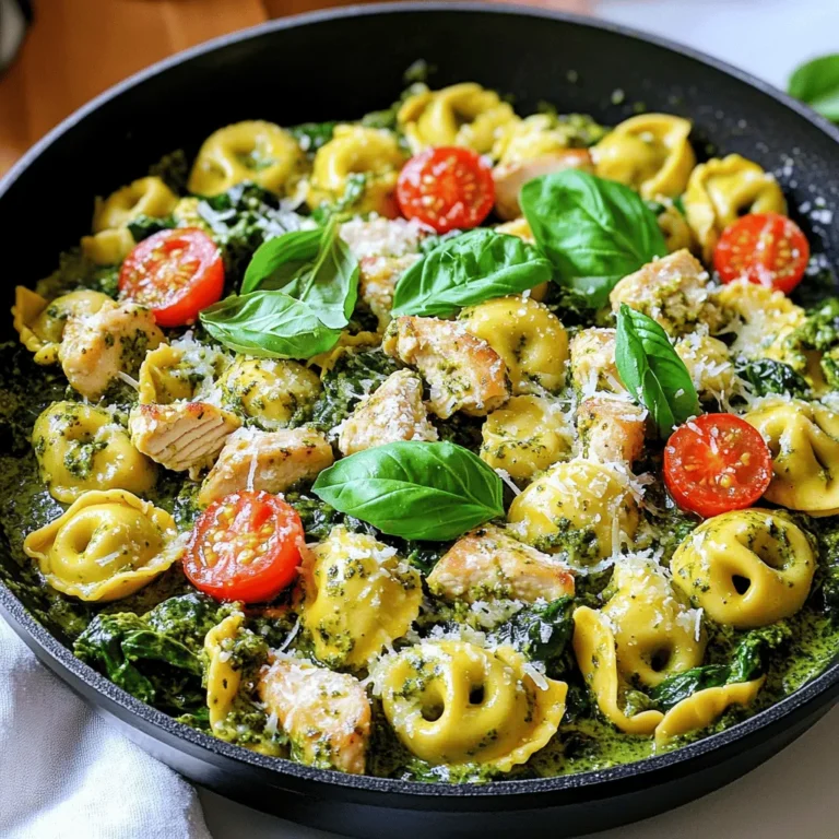 For this dish, I use 2 cups of fresh pasta tortellini. You can choose cheese or chicken-filled pasta. Fresh tortellini cooks quickly and tastes great. It adds a nice texture to the creamy sauce. You will need 1 pound of chicken breast, diced into small pieces. I season it with salt and pepper for flavor. The chicken cooks in olive oil, giving it a nice brown color and taste. This step is key for a delicious dish. The sauce needs 1 cup of heavy cream. This makes it rich and smooth. I also add 1 cup of pesto. You can use freshly made or store-bought pesto. The pesto brings a burst of flavor that pairs well with the cream. I include 1 cup of cherry tomatoes, halved, for sweetness. I also add 1 cup of packed spinach leaves. They add color and nutrients. For serving, I like to use grated Parmesan cheese and fresh basil leaves. These garnishes add a lovely finish to the meal. Start by heating one tablespoon of olive oil in a large skillet over medium heat. Add one pound of diced chicken breast. Season the chicken with salt and pepper. Cook the chicken for about 5-7 minutes. Stir often until it turns golden brown and is cooked through. Once done, take the chicken out of the skillet and set it aside. In the same skillet, add three minced garlic cloves. Sauté the garlic for about 30 seconds. Be careful not to let it burn! Now, pour in one cup of heavy cream. Stir it well and let it simmer for a few minutes. This helps the cream thicken slightly. After that, add one cup of pesto. Mix until the cream and pesto are fully combined. Now it's time to bring it all together! Add two cups of fresh tortellini to the skillet. Toss in the cooked chicken, one cup of halved cherry tomatoes, and one cup of packed spinach leaves. Gently stir everything to coat it in the creamy pesto sauce. Cook for an additional 3-5 minutes. You want the tortellini to be heated through. The spinach should wilt nicely during this time. Taste the dish and adjust the seasoning with more salt and pepper, if needed. Serve hot, topped with grated Parmesan cheese and fresh basil leaves. Enjoy your creamy pesto chicken tortellini skillet! When picking tortellini, choose fresh pasta for the best taste. You can find cheese or chicken-filled options. Fresh tortellini cooks faster and has a lovely texture. If you use dried tortellini, follow the package instructions for cooking time. To boost the flavor, try adding a squeeze of lemon juice. This simple step brightens the dish. You can also mix in some sun-dried tomatoes for a tangy kick. Fresh herbs like thyme or oregano can elevate the taste even more. A pinch of red pepper flakes adds a nice heat if you prefer spice. Cook the tortellini until just tender. Overcooking makes them mushy. Stir gently when mixing them with the sauce. This helps keep their shape. For a creamier texture, let the sauce simmer before adding the tortellini. This allows the sauce to thicken slightly. Enjoy a smooth, rich flavor with every bite! {{image_2}} You can swap chicken for other proteins. Try shrimp, sausage, or turkey. Cooked bacon adds a smoky flavor. Each choice brings a new taste to the dish. Just ensure you adjust cooking times for each protein. To make this dish vegetarian, skip the chicken. Use mushrooms or zucchini instead. Both add great texture and flavor. You can also add more spinach or other veggies. This keeps the dish colorful and healthy. If you want to change the sauce, try sun-dried tomato pesto. It gives a unique twist. Or mix in Alfredo sauce for a creamier dish. You can even use a simple olive oil and garlic mix. Each option can transform your meal and keep it exciting. After you enjoy your creamy pesto chicken tortellini, let any leftovers cool. Place them in an airtight container. This helps keep the dish fresh. Store it in the fridge. It stays good for about 3 to 4 days. To reheat, you can use the stovetop or the microwave. If using the stovetop, add a splash of water or cream. This keeps the pasta moist. Heat on low until warm. If using the microwave, cover the dish. Heat in short bursts, stirring in between. This helps it warm evenly. You can freeze this dish if you want to save some for later. First, let it cool completely. Then, transfer it to a freezer-safe container. Be sure to leave some space at the top. The sauce may expand when frozen. It stays good for about 2 to 3 months. To thaw, move it to the fridge overnight before reheating. Yes, you can use frozen tortellini. Just cook it according to the package instructions. This saves you time. Add it to the skillet when the sauce is ready. Frozen tortellini works well and tastes great in this dish. You can use half-and-half or whole milk for a lighter option. If you want a dairy-free choice, try coconut milk. Both options will change the flavor a bit but still make a creamy sauce. Adding more veggies is simple! You can toss in bell peppers, zucchini, or broccoli. Just chop them small and cook with the chicken. This way, they blend well with the pesto and tortellini. Yes, you can make it ahead! Just prepare the dish and let it cool. Store it in an airtight container in the fridge. When ready to eat, reheat on the stove over low heat. Add a splash of cream if it seems dry. We explored the essential ingredients for a tasty tortellini dish. You learned how to prepare chicken, create a creamy sauce, and mix everything perfectly. We also shared tips for selecting tortellini and even offered variations for different diets. In conclusion, this dish is easy, fun, and full of flavor. You can enjoy it today or save it for later. With the right steps, it will impress everyone. Happy cooking!