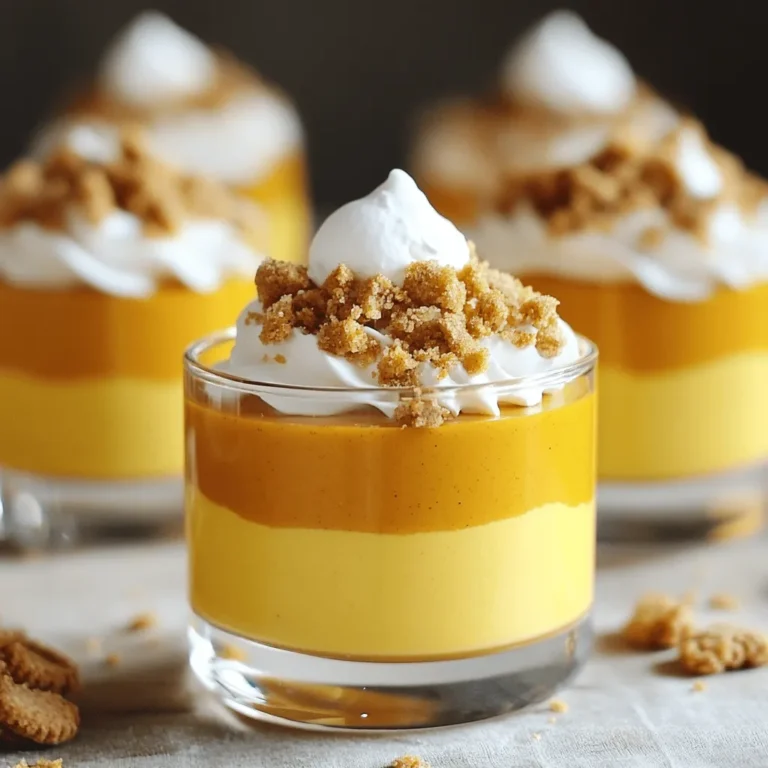 To make these mousse cups, you need a few key items: - 1 cup pumpkin puree - 8 oz cream cheese, softened - 1/2 cup powdered sugar - 1 teaspoon vanilla extract - 1 teaspoon pumpkin pie spice - 1 cup heavy whipping cream These ingredients blend together to create a rich and creamy dessert. The pumpkin puree gives the mousse its classic fall flavor. Cream cheese adds creaminess and a slight tang. Powdered sugar sweetens the mix, while vanilla and pumpkin pie spice bring warmth and depth. You can make your mousse cups look even nicer with some fun toppings: - 1/4 cup crushed gingersnap cookies - Optional: whipped cream for topping Crushed gingersnap cookies add a nice crunch and spice. If you want something lighter, a dollop of whipped cream makes a great addition. You can even mix and match toppings for a fun look. If you have special dietary needs, you can still enjoy this recipe: - Use dairy-free cream cheese for a vegan version. - Replace heavy cream with coconut cream for a dairy-free mousse. - Use maple syrup instead of powdered sugar for a natural sweetener. These swaps keep the mousse tasty while meeting your needs. Feel free to experiment and find what works best for you! Start by taking your softened cream cheese. Place it in a large mixing bowl. Use an electric mixer to beat it until smooth and creamy. This step is key for a fluffy mousse. Next, add the pumpkin puree, powdered sugar, vanilla extract, and pumpkin pie spice. Mix everything until it’s well combined and creamy. This mixture should have a rich orange color and a lovely aroma. In a separate bowl, pour in the heavy whipping cream. Use a mixer to whip the cream until stiff peaks form. This means the cream should stand up tall when you lift the whisk. Be patient here; this step gives the mousse its light texture. It's crucial not to over-whip, or the cream will turn into butter. Gently fold the whipped cream into the pumpkin mixture. Use a spatula to combine them slowly. Make sure to be gentle to keep the lightness of the whipped cream. Once fully mixed, it's time to assemble. Spoon the mousse into individual serving cups. Fill them about three-quarters full. Cover the cups with plastic wrap and refrigerate for at least two hours. This chilling time helps the mousse set. When you’re ready to serve, top each cup with crushed gingersnap cookies. You can also add a dollop of whipped cream if you like. Enjoy your delicious no-bake pumpkin cream cheese mousse cups! To get a great texture, start with softened cream cheese. This helps mix it smoothly. Beat it well until creamy. When you fold in the whipped cream, do it gently. This keeps the mousse light and airy. If you mix too hard, you lose that fluffiness. One common mistake is not softening the cream cheese. This makes lumps in your mousse. Another mistake is over-mixing the whipped cream. This can lead to a dense mousse. Also, don’t skip chilling the cups. They need time to set properly. For extra flavor, consider adding more spices. Cinnamon or nutmeg can enhance the taste. You can also adjust the pumpkin pie spice. Just a little more can add warmth. Taste as you mix and find what you love best. {{image_2}} You can make this dessert even more fun. Add chocolate or caramel for a twist. First, use chocolate pudding instead of some pumpkin puree. Or, swirl in some caramel sauce right before you fold in the whipped cream. This gives the mousse a rich flavor. You will enjoy the mix of sweet and spicy. The chocolate pairs well with pumpkin. The caramel adds a nice touch, too. If you are avoiding dairy, don’t worry! You can still enjoy these mousse cups. Use coconut cream instead of heavy whipping cream. Make sure to chill the can overnight. Then, scoop out the solid cream. For the cream cheese, try vegan cream cheese. This way, you keep the creamy texture without the dairy. Your friends won’t even know it is dairy-free! Think about how you want to serve these cups. You can layer the mousse in clear glasses for a pretty look. This way, everyone can see the lovely colors. Use small mason jars for a rustic touch. You could also serve them in fun dessert cups. Top with extra gingersnap cookies or chocolate shavings for flair. Everyone will love how they look and taste! To store leftover mousse cups, first cover them tightly with plastic wrap. This keeps air out and prevents the mousse from drying. Place them in the fridge. They will stay fresh for up to 3 days. Make sure to eat them before they lose their lovely texture. You can freeze the mousse cups if you make too many. First, let them chill in the fridge until set. Then, cover each cup with plastic wrap and aluminum foil for extra protection. They can last in the freezer for about a month. When you want to eat them, move the cups to the fridge overnight to thaw. For best results, use small glass jars or plastic cups with lids. These containers seal well and keep the mousse fresh. Avoid using metal containers, as they can alter the flavor. Clear containers also let you see the lovely layers of your mousse, making them great for serving later. The mousse needs to set for at least 2 hours. This time helps it firm up. If you can wait longer, it can be even better. You can leave it in the fridge up to 24 hours. This lets the flavors blend nicely. Yes, you can make this recipe ahead of time. It is perfect for parties or holidays. Just prepare the mousse cups and store them in the fridge. They will stay fresh and tasty for a few days. This makes it easy to enjoy without stress. You can serve mousse cups in many fun ways. Here are some ideas: - Top with crushed gingersnap cookies for crunch. - Add a dollop of whipped cream for extra creaminess. - Use mini serving cups for a cute touch. - Pair with a slice of pie for a dessert duo. These ideas make each serving special and fun! This blog post covered how to make pumpkin cream cheese mousse. We explored key ingredients, step-by-step instructions, and helpful tips. I shared ways to make the mousse better and how to store your extras. In conclusion, this dessert is both fun and easy. You can customize it with variations and enjoy it any time. Try out the ideas here, and you’ll impress everyone with your tasty mousse!